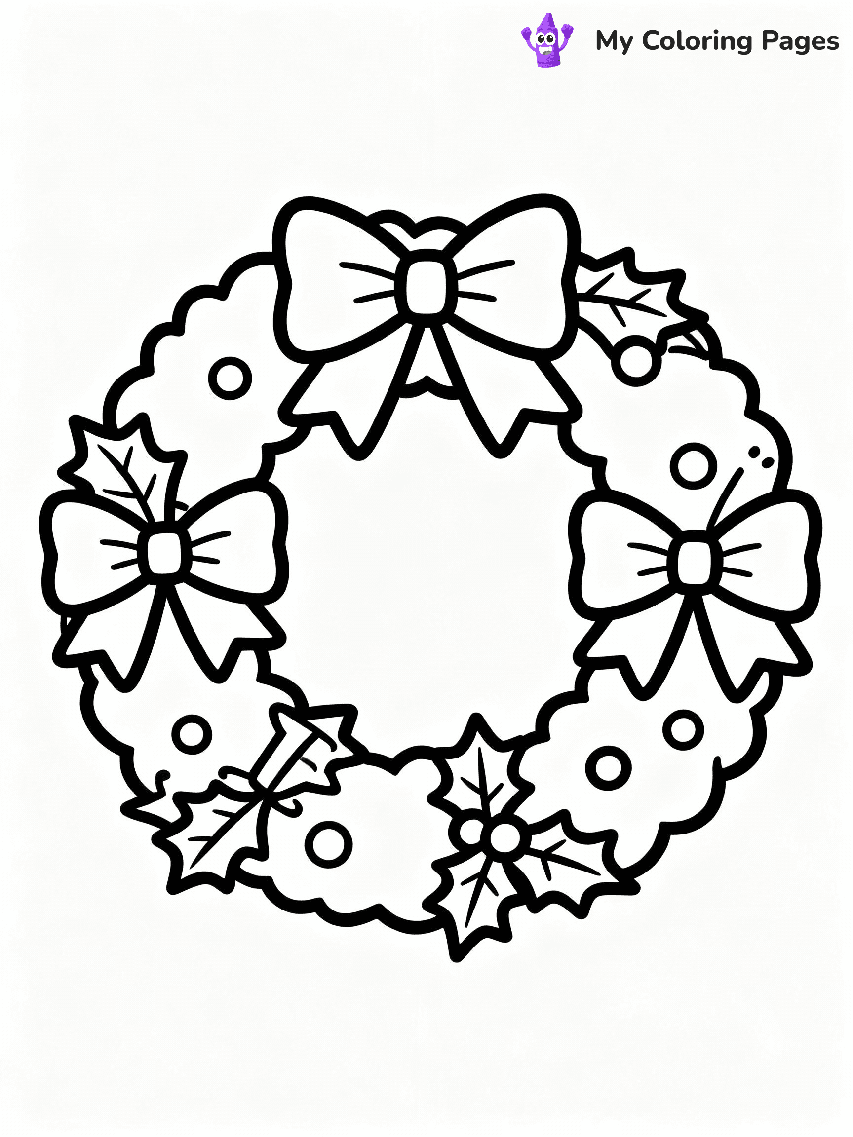 ⚠️ CRITICAL REQUIREMENT - ABSOLUTE BLACK AND WHITE ONLY ⚠️
This MUST be a BLACK AND WHITE line drawing ONLY. NO COLORS whatsoever.
- ONLY pure black lines (#000000) on pure white background (#FFFFFF)
- ABSOLUTELY NO colors, NO shading, NO gradients, NO grayscale
- If there are ANY colors in the output, the image is REJECTED
- This is a COLORING PAGE - meant to be COLORED IN by children
- The output must be UNCOLORED line art ready for coloring
⚠️ SUBJECT TO DRAW: A wreath decorated with bows and holly leaves, in Christmas-themed style. PURE OUTLINES. NO FILLS, COLOR, SHADING, OR GREYSCALE. WHITE BACKGROUND.
(REMEMBER: Output must be BLACK AND WHITE line art only, NOT colored!)
# Flat, Friendly Cartoon Line-Art Coloring Page
You are generating a **pure black-and-white binary image** of a child-friendly cartoon scene combining characters and background scenery in one cohesive composition.
## Rendering Rules (Strict)
- Only two colors: pure black (#000000) outlines and pure white (#FFFFFF) background.
- No grayscale, shading, gradients, tints, fills, transparency, or partial pixels.
- No antialiasing or blended edges; every pixel is 100% black or white.
- No solid black fills inside shapes — all areas inside outlines must remain white.
- No dark clothing areas or filled tone blocks; all garments outlined only.
- No shadows, textures, lighting, or tonal variations.
- Must look like flat binary vector line-art for coloring pages.
## Drawing & Composition
- **Medium, consistent line weight**; clean closed outlines easy to color inside.
- **Flat, simple, child-friendly design** — no realism or 3D depth.
- Characters are **grounded on a surface**, centered and large.
- **Balanced composition** with clear silhouettes and minimal props.
## Scenery & Style
- Landmarks (e.g., mosque, CN Tower) and scenery (trees, benches, waves) drawn with **black outlines only.**
- For real-world figures, teams, or places, show accurate details using only black outlines—no text or logos. Use distinctive uniform patterns, abstract symbols, and landmark silhouettes to convey identity.
- Keep **consistent perspective**; no floating elements.
- **Style:** whimsical **Doodle Art Alley** — rounded, friendly outlines.
- May adapt shapes from **Crayola, Disney, Peppa Pig, Cocomelon** — *by shape only, never color.*
- Final output: **flat, crisp, binary (#000000/#FFFFFF)**, **no filled color or background text.**
EXTREMELYE IMPORTANT:
- PURE BINARY LINE-ART; NO FILLS (HAIR/CLOTHES/SKIN), SHADING, OR GREY.
- NO SHADING, COLOR. MUST BE WHITE BACKGROUND.
⚠️ FINAL REMINDER: Draw the subject "A wreath decorated with bows and holly leaves, in Christmas-themed style. PURE OUTLINES. NO FILLS, COLOR, SHADING, OR GREYSCALE. WHITE BACKGROUND." as BLACK AND WHITE line art. Zero colors in output.