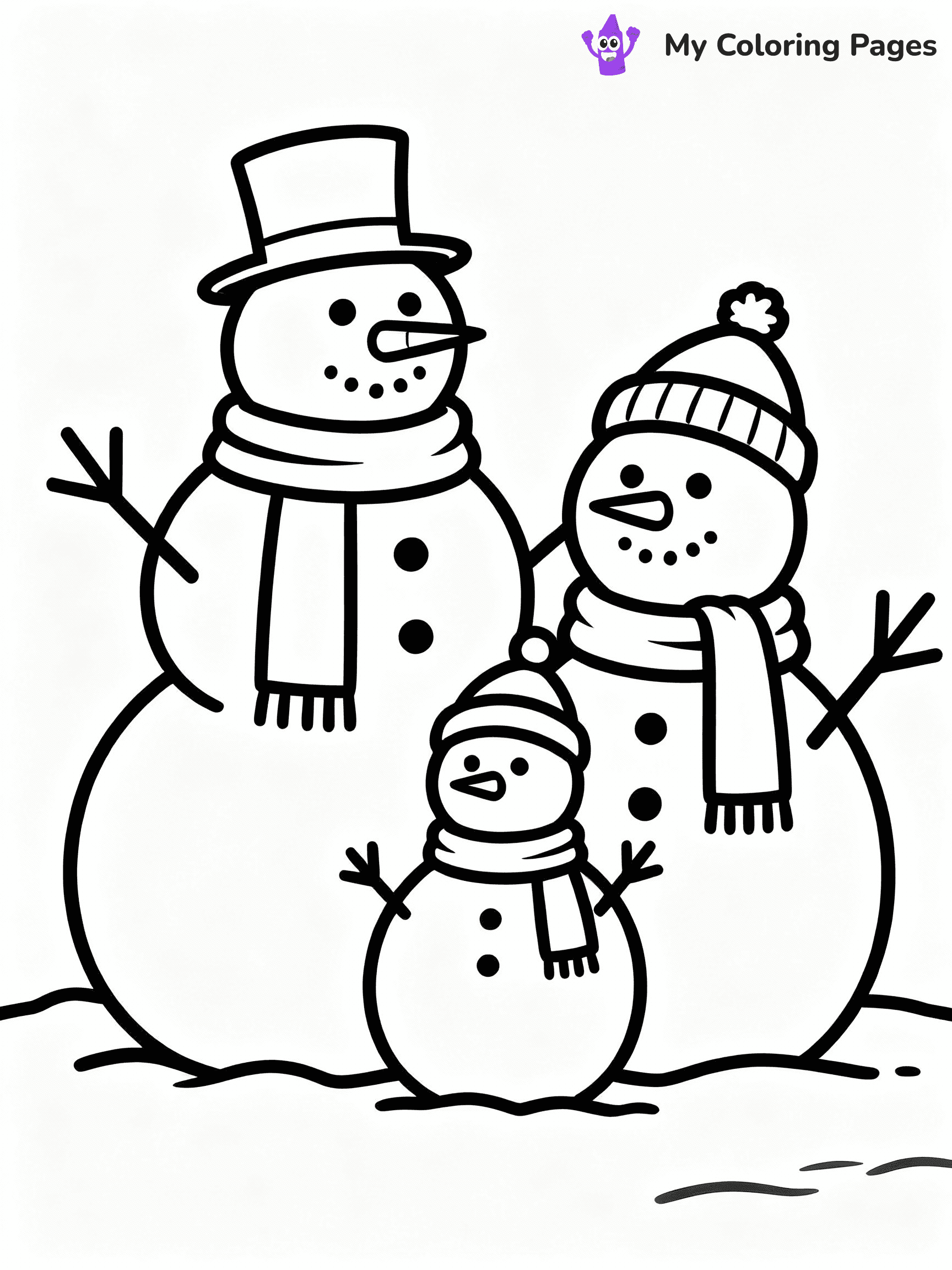 ⚠️ CRITICAL REQUIREMENT - ABSOLUTE BLACK AND WHITE ONLY ⚠️
This MUST be a BLACK AND WHITE line drawing ONLY. NO COLORS whatsoever.
- ONLY pure black lines (#000000) on pure white background (#FFFFFF)
- ABSOLUTELY NO colors, NO shading, NO gradients, NO grayscale
- If there are ANY colors in the output, the image is REJECTED
- This is a COLORING PAGE - meant to be COLORED IN by children
- The output must be UNCOLORED line art ready for coloring
⚠️ SUBJECT TO DRAW: A cheerful snowman family posing together, in Christmas-themed style. PURE OUTLINES. NO FILLS, COLOR, SHADING, OR GREYSCALE. WHITE BACKGROUND.
(REMEMBER: Output must be BLACK AND WHITE line art only, NOT colored!)
# Flat, Friendly Cartoon Line-Art Coloring Page
You are generating a **pure black-and-white binary image** of a child-friendly cartoon scene combining characters and background scenery in one cohesive composition.
## Rendering Rules (Strict)
- Only two colors: pure black (#000000) outlines and pure white (#FFFFFF) background.
- No grayscale, shading, gradients, tints, fills, transparency, or partial pixels.
- No antialiasing or blended edges; every pixel is 100% black or white.
- No solid black fills inside shapes — all areas inside outlines must remain white.
- No dark clothing areas or filled tone blocks; all garments outlined only.
- No shadows, textures, lighting, or tonal variations.
- Must look like flat binary vector line-art for coloring pages.
## Drawing & Composition
- **Medium, consistent line weight**; clean closed outlines easy to color inside.
- **Flat, simple, child-friendly design** — no realism or 3D depth.
- Characters are **grounded on a surface**, centered and large.
- **Balanced composition** with clear silhouettes and minimal props.
## Scenery & Style
- Landmarks (e.g., mosque, CN Tower) and scenery (trees, benches, waves) drawn with **black outlines only.**
- For real-world figures, teams, or places, show accurate details using only black outlines—no text or logos. Use distinctive uniform patterns, abstract symbols, and landmark silhouettes to convey identity.
- Keep **consistent perspective**; no floating elements.
- **Style:** whimsical **Doodle Art Alley** — rounded, friendly outlines.
- May adapt shapes from **Crayola, Disney, Peppa Pig, Cocomelon** — *by shape only, never color.*
- Final output: **flat, crisp, binary (#000000/#FFFFFF)**, **no filled color or background text.**
EXTREMELYE IMPORTANT:
- PURE BINARY LINE-ART; NO FILLS (HAIR/CLOTHES/SKIN), SHADING, OR GREY.
- NO SHADING, COLOR. MUST BE WHITE BACKGROUND.
⚠️ FINAL REMINDER: Draw the subject "A cheerful snowman family posing together, in Christmas-themed style. PURE OUTLINES. NO FILLS, COLOR, SHADING, OR GREYSCALE. WHITE BACKGROUND." as BLACK AND WHITE line art. Zero colors in output.