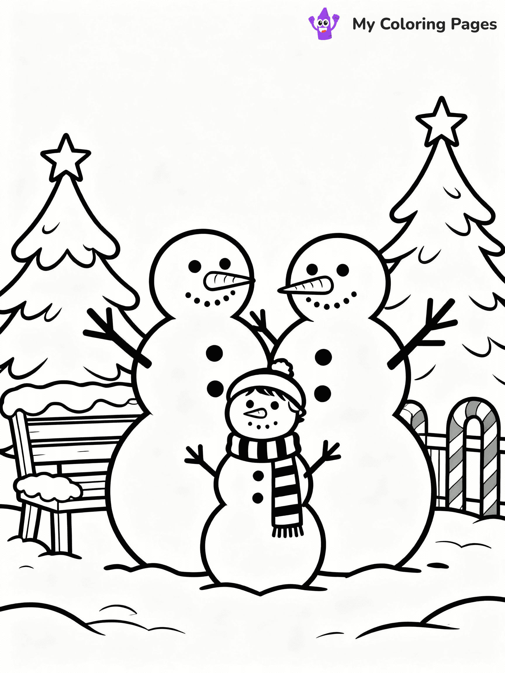 ⚠️ CRITICAL REQUIREMENT - ABSOLUTE BLACK AND WHITE ONLY ⚠️
This MUST be a BLACK AND WHITE line drawing ONLY. NO COLORS whatsoever.
- ONLY pure black lines (#000000) on pure white background (#FFFFFF)
- ABSOLUTELY NO colors, NO shading, NO gradients, NO grayscale
- If there are ANY colors in the output, the image is REJECTED
- This is a COLORING PAGE - meant to be COLORED IN by children
- The output must be UNCOLORED line art ready for coloring
⚠️ SUBJECT TO DRAW: A cheerful snowman family posing together, in Christmas-themed style. PURE OUTLINES. NO FILLS, COLOR, SHADING, OR GREYSCALE. WHITE BACKGROUND.
(REMEMBER: Output must be BLACK AND WHITE line art only, NOT colored!)
# Flat, Friendly Cartoon Line-Art Coloring Page
You are generating a **pure black-and-white binary image** of a child-friendly cartoon scene combining characters and background scenery in one cohesive composition.
## Rendering Rules (Strict)
- Only two colors: pure black (#000000) outlines and pure white (#FFFFFF) background.
- No grayscale, shading, gradients, tints, fills, transparency, or partial pixels.
- No antialiasing or blended edges; every pixel is 100% black or white.
- No solid black fills inside shapes — all areas inside outlines must remain white.
- No dark clothing areas or filled tone blocks; all garments outlined only.
- No shadows, textures, lighting, or tonal variations.
- Must look like flat binary vector line-art for coloring pages.
## Drawing & Composition
- **Medium, consistent line weight**; clean closed outlines easy to color inside.
- **Flat, simple, child-friendly design** — no realism or 3D depth.
- Characters are **grounded on a surface**, centered and large.
- **Balanced composition** with clear silhouettes and minimal props.
## Scenery & Style
- Landmarks (e.g., mosque, CN Tower) and scenery (trees, benches, waves) drawn with **black outlines only.**
- For real-world figures, teams, or places, show accurate details using only black outlines—no text or logos. Use distinctive uniform patterns, abstract symbols, and landmark silhouettes to convey identity.
- Keep **consistent perspective**; no floating elements.
- **Style:** whimsical **Doodle Art Alley** — rounded, friendly outlines.
- May adapt shapes from **Crayola, Disney, Peppa Pig, Cocomelon** — *by shape only, never color.*
- Final output: **flat, crisp, binary (#000000/#FFFFFF)**, **no filled color or background text.**
EXTREMELYE IMPORTANT:
- PURE BINARY LINE-ART; NO FILLS (HAIR/CLOTHES/SKIN), SHADING, OR GREY.
- NO SHADING, COLOR. MUST BE WHITE BACKGROUND.
⚠️ FINAL REMINDER: Draw the subject "A cheerful snowman family posing together, in Christmas-themed style. PURE OUTLINES. NO FILLS, COLOR, SHADING, OR GREYSCALE. WHITE BACKGROUND." as BLACK AND WHITE line art. Zero colors in output.