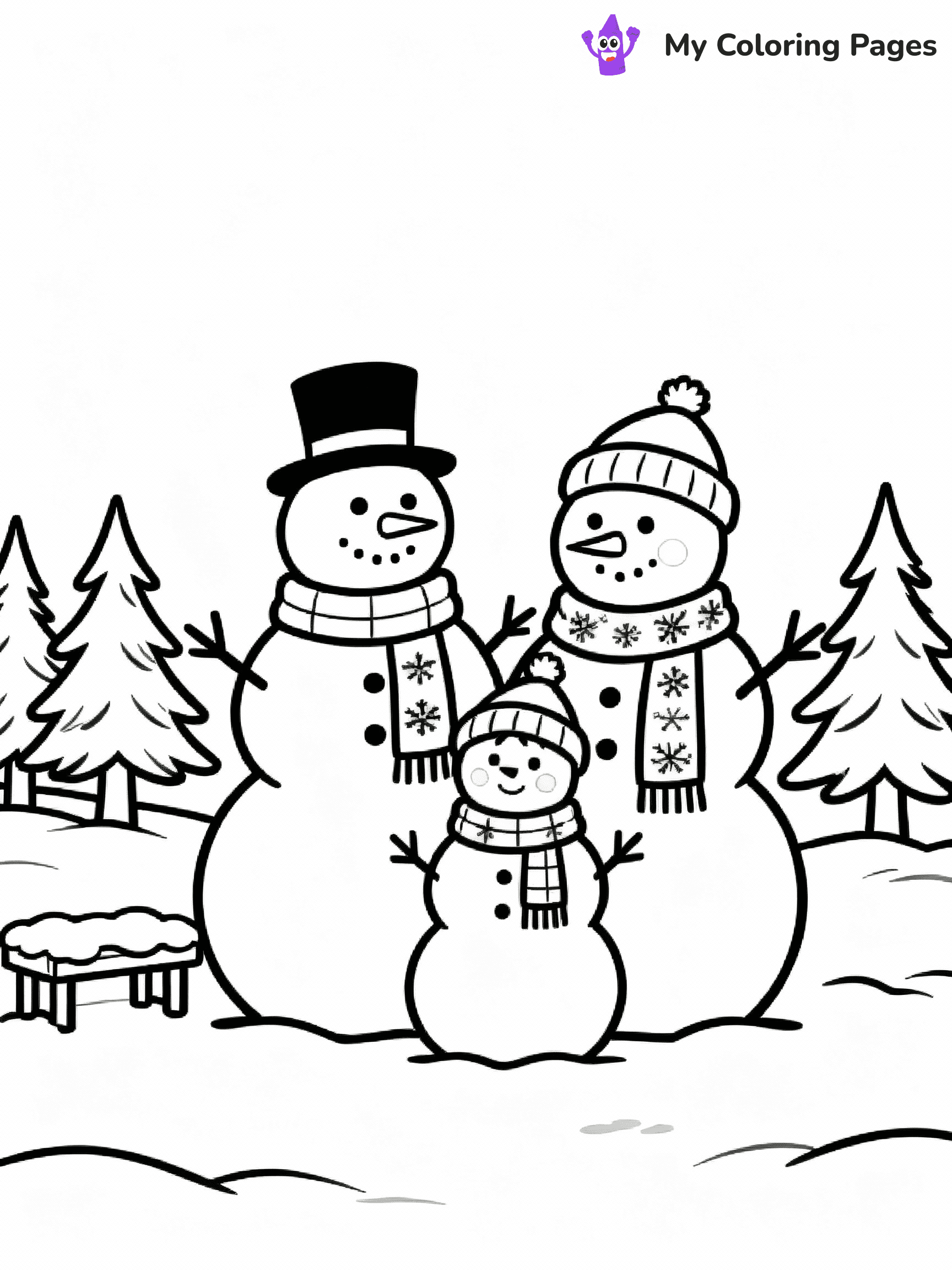 ⚠️ CRITICAL REQUIREMENT - ABSOLUTE BLACK AND WHITE ONLY ⚠️
This MUST be a BLACK AND WHITE line drawing ONLY. NO COLORS whatsoever.
- ONLY pure black lines (#000000) on pure white background (#FFFFFF)
- ABSOLUTELY NO colors, NO shading, NO gradients, NO grayscale
- If there are ANY colors in the output, the image is REJECTED
- This is a COLORING PAGE - meant to be COLORED IN by children
- The output must be UNCOLORED line art ready for coloring
⚠️ SUBJECT TO DRAW: A cheerful snowman family posing together, in Christmas-themed style. PURE OUTLINES. NO FILLS, COLOR, SHADING, OR GREYSCALE. WHITE BACKGROUND.
(REMEMBER: Output must be BLACK AND WHITE line art only, NOT colored!)
# Flat, Friendly Cartoon Line-Art Coloring Page
You are generating a **pure black-and-white binary image** of a child-friendly cartoon scene combining characters and background scenery in one cohesive composition.
## Rendering Rules (Strict)
- Only two colors: pure black (#000000) outlines and pure white (#FFFFFF) background.
- No grayscale, shading, gradients, tints, fills, transparency, or partial pixels.
- No antialiasing or blended edges; every pixel is 100% black or white.
- No solid black fills inside shapes — all areas inside outlines must remain white.
- No dark clothing areas or filled tone blocks; all garments outlined only.
- No shadows, textures, lighting, or tonal variations.
- Must look like flat binary vector line-art for coloring pages.
## Drawing & Composition
- **Medium, consistent line weight**; clean closed outlines easy to color inside.
- **Flat, simple, child-friendly design** — no realism or 3D depth.
- Characters are **grounded on a surface**, centered and large.
- **Balanced composition** with clear silhouettes and minimal props.
## Scenery & Style
- Landmarks (e.g., mosque, CN Tower) and scenery (trees, benches, waves) drawn with **black outlines only.**
- For real-world figures, teams, or places, show accurate details using only black outlines—no text or logos. Use distinctive uniform patterns, abstract symbols, and landmark silhouettes to convey identity.
- Keep **consistent perspective**; no floating elements.
- **Style:** whimsical **Doodle Art Alley** — rounded, friendly outlines.
- May adapt shapes from **Crayola, Disney, Peppa Pig, Cocomelon** — *by shape only, never color.*
- Final output: **flat, crisp, binary (#000000/#FFFFFF)**, **no filled color or background text.**
EXTREMELYE IMPORTANT:
- PURE BINARY LINE-ART; NO FILLS (HAIR/CLOTHES/SKIN), SHADING, OR GREY.
- NO SHADING, COLOR. MUST BE WHITE BACKGROUND.
⚠️ FINAL REMINDER: Draw the subject "A cheerful snowman family posing together, in Christmas-themed style. PURE OUTLINES. NO FILLS, COLOR, SHADING, OR GREYSCALE. WHITE BACKGROUND." as BLACK AND WHITE line art. Zero colors in output.