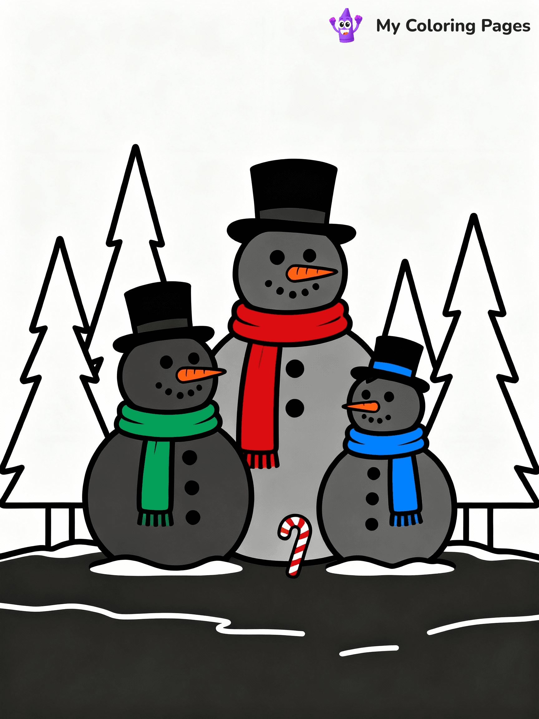 ⚠️ CRITICAL REQUIREMENT - ABSOLUTE BLACK AND WHITE ONLY ⚠️
This MUST be a BLACK AND WHITE line drawing ONLY. NO COLORS whatsoever.
- ONLY pure black lines (#000000) on pure white background (#FFFFFF)
- ABSOLUTELY NO colors, NO shading, NO gradients, NO grayscale
- If there are ANY colors in the output, the image is REJECTED
- This is a COLORING PAGE - meant to be COLORED IN by children
- The output must be UNCOLORED line art ready for coloring
⚠️ SUBJECT TO DRAW: A cheerful snowman family posing together, in Christmas-themed style. PURE OUTLINES. NO FILLS, COLOR, SHADING, OR GREYSCALE. WHITE BACKGROUND.
(REMEMBER: Output must be BLACK AND WHITE line art only, NOT colored!)
# Flat, Friendly Cartoon Line-Art Coloring Page
You are generating a **pure black-and-white binary image** of a child-friendly cartoon scene combining characters and background scenery in one cohesive composition.
## Rendering Rules (Strict)
- Only two colors: pure black (#000000) outlines and pure white (#FFFFFF) background.
- No grayscale, shading, gradients, tints, fills, transparency, or partial pixels.
- No antialiasing or blended edges; every pixel is 100% black or white.
- No solid black fills inside shapes — all areas inside outlines must remain white.
- No dark clothing areas or filled tone blocks; all garments outlined only.
- No shadows, textures, lighting, or tonal variations.
- Must look like flat binary vector line-art for coloring pages.
## Drawing & Composition
- **Medium, consistent line weight**; clean closed outlines easy to color inside.
- **Flat, simple, child-friendly design** — no realism or 3D depth.
- Characters are **grounded on a surface**, centered and large.
- **Balanced composition** with clear silhouettes and minimal props.
## Scenery & Style
- Landmarks (e.g., mosque, CN Tower) and scenery (trees, benches, waves) drawn with **black outlines only.**
- For real-world figures, teams, or places, show accurate details using only black outlines—no text or logos. Use distinctive uniform patterns, abstract symbols, and landmark silhouettes to convey identity.
- Keep **consistent perspective**; no floating elements.
- **Style:** whimsical **Doodle Art Alley** — rounded, friendly outlines.
- May adapt shapes from **Crayola, Disney, Peppa Pig, Cocomelon** — *by shape only, never color.*
- Final output: **flat, crisp, binary (#000000/#FFFFFF)**, **no filled color or background text.**
EXTREMELYE IMPORTANT:
- PURE BINARY LINE-ART; NO FILLS (HAIR/CLOTHES/SKIN), SHADING, OR GREY.
- NO SHADING, COLOR. MUST BE WHITE BACKGROUND.
⚠️ FINAL REMINDER: Draw the subject "A cheerful snowman family posing together, in Christmas-themed style. PURE OUTLINES. NO FILLS, COLOR, SHADING, OR GREYSCALE. WHITE BACKGROUND." as BLACK AND WHITE line art. Zero colors in output.