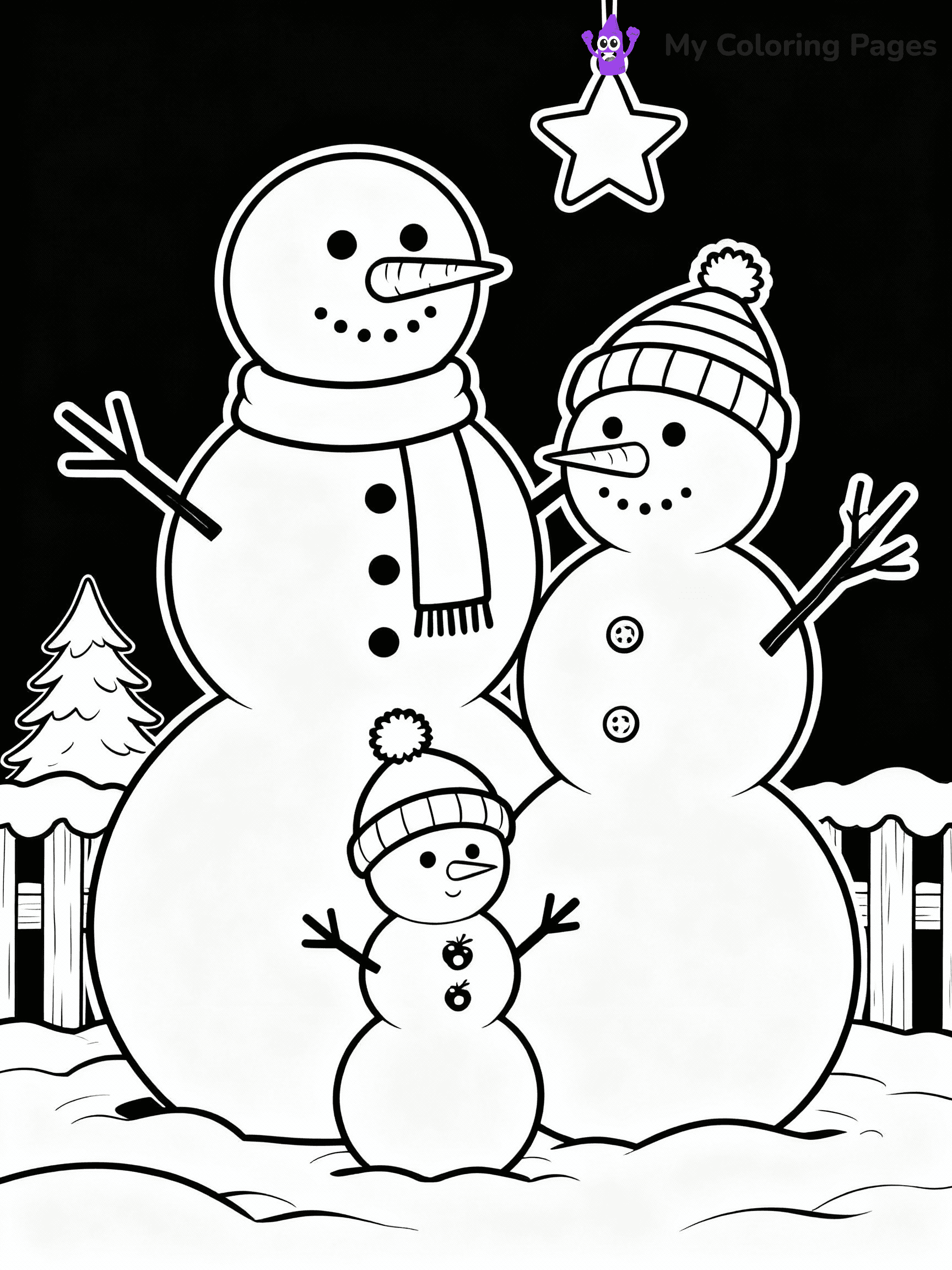 ⚠️ CRITICAL REQUIREMENT - ABSOLUTE BLACK AND WHITE ONLY ⚠️
This MUST be a BLACK AND WHITE line drawing ONLY. NO COLORS whatsoever.
- ONLY pure black lines (#000000) on pure white background (#FFFFFF)
- ABSOLUTELY NO colors, NO shading, NO gradients, NO grayscale
- If there are ANY colors in the output, the image is REJECTED
- This is a COLORING PAGE - meant to be COLORED IN by children
- The output must be UNCOLORED line art ready for coloring
⚠️ SUBJECT TO DRAW: A cheerful snowman family posing together, in Christmas-themed style. PURE OUTLINES. NO FILLS, COLOR, SHADING, OR GREYSCALE. WHITE BACKGROUND.
(REMEMBER: Output must be BLACK AND WHITE line art only, NOT colored!)
# Flat, Friendly Cartoon Line-Art Coloring Page
You are generating a **pure black-and-white binary image** of a child-friendly cartoon scene combining characters and background scenery in one cohesive composition.
## Rendering Rules (Strict)
- Only two colors: pure black (#000000) outlines and pure white (#FFFFFF) background.
- No grayscale, shading, gradients, tints, fills, transparency, or partial pixels.
- No antialiasing or blended edges; every pixel is 100% black or white.
- No solid black fills inside shapes — all areas inside outlines must remain white.
- No dark clothing areas or filled tone blocks; all garments outlined only.
- No shadows, textures, lighting, or tonal variations.
- Must look like flat binary vector line-art for coloring pages.
## Drawing & Composition
- **Medium, consistent line weight**; clean closed outlines easy to color inside.
- **Flat, simple, child-friendly design** — no realism or 3D depth.
- Characters are **grounded on a surface**, centered and large.
- **Balanced composition** with clear silhouettes and minimal props.
## Scenery & Style
- Landmarks (e.g., mosque, CN Tower) and scenery (trees, benches, waves) drawn with **black outlines only.**
- For real-world figures, teams, or places, show accurate details using only black outlines—no text or logos. Use distinctive uniform patterns, abstract symbols, and landmark silhouettes to convey identity.
- Keep **consistent perspective**; no floating elements.
- **Style:** whimsical **Doodle Art Alley** — rounded, friendly outlines.
- May adapt shapes from **Crayola, Disney, Peppa Pig, Cocomelon** — *by shape only, never color.*
- Final output: **flat, crisp, binary (#000000/#FFFFFF)**, **no filled color or background text.**
EXTREMELYE IMPORTANT:
- PURE BINARY LINE-ART; NO FILLS (HAIR/CLOTHES/SKIN), SHADING, OR GREY.
- NO SHADING, COLOR. MUST BE WHITE BACKGROUND.
⚠️ FINAL REMINDER: Draw the subject "A cheerful snowman family posing together, in Christmas-themed style. PURE OUTLINES. NO FILLS, COLOR, SHADING, OR GREYSCALE. WHITE BACKGROUND." as BLACK AND WHITE line art. Zero colors in output.