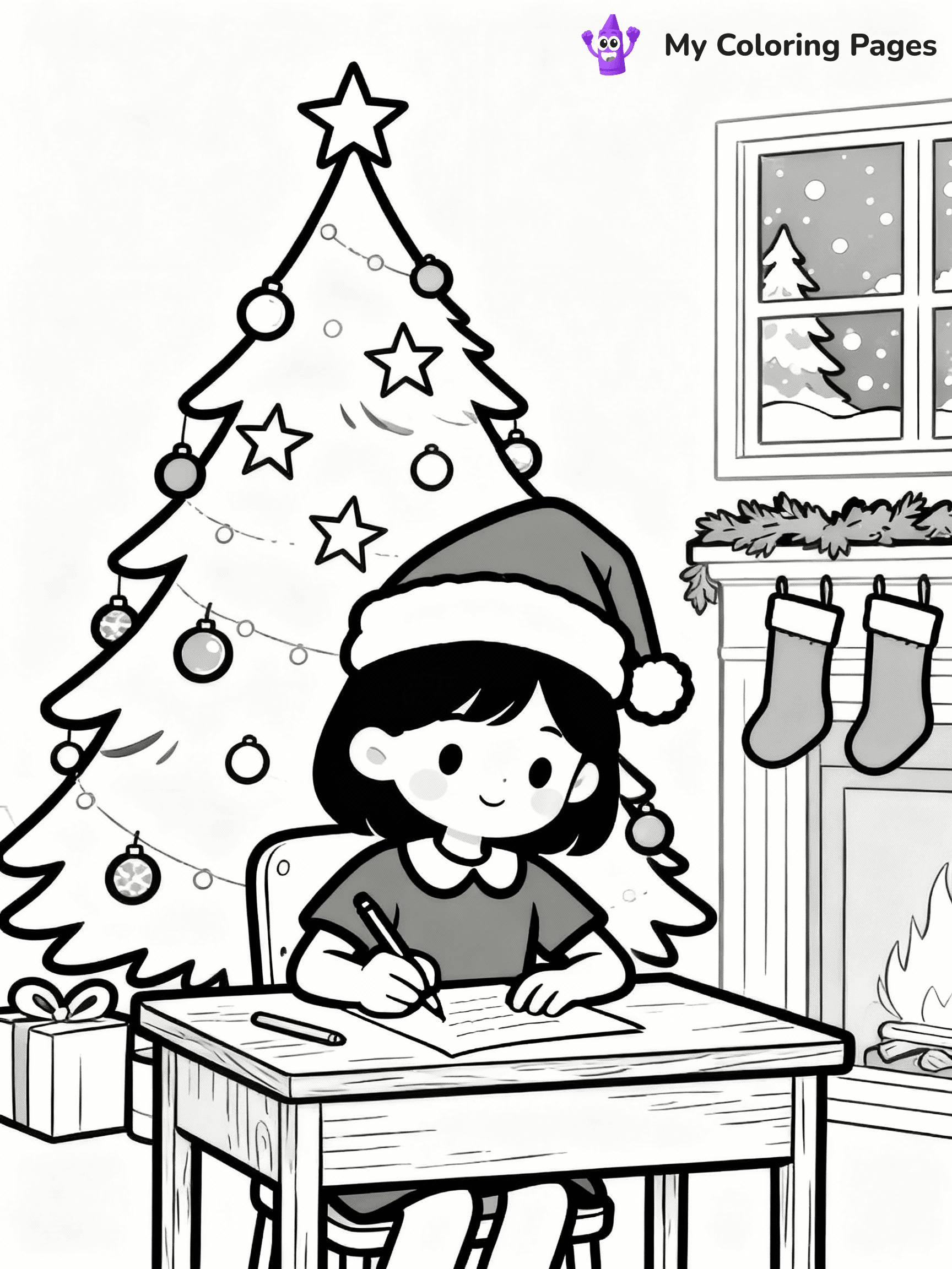 ⚠️ CRITICAL REQUIREMENT - ABSOLUTE BLACK AND WHITE ONLY ⚠️
This MUST be a BLACK AND WHITE line drawing ONLY. NO COLORS whatsoever.
- ONLY pure black lines (#000000) on pure white background (#FFFFFF)
- ABSOLUTELY NO colors, NO shading, NO gradients, NO grayscale
- If there are ANY colors in the output, the image is REJECTED
- This is a COLORING PAGE - meant to be COLORED IN by children
- The output must be UNCOLORED line art ready for coloring
⚠️ SUBJECT TO DRAW: A little girl writing her letter to Santa, in Christmas-themed style. PURE OUTLINES. NO FILLS, COLOR, SHADING, OR GREYSCALE. WHITE BACKGROUND.
(REMEMBER: Output must be BLACK AND WHITE line art only, NOT colored!)
# Flat, Friendly Cartoon Line-Art Coloring Page
You are generating a **pure black-and-white binary image** of a child-friendly cartoon scene combining characters and background scenery in one cohesive composition.
## Rendering Rules (Strict)
- Only two colors: pure black (#000000) outlines and pure white (#FFFFFF) background.
- No grayscale, shading, gradients, tints, fills, transparency, or partial pixels.
- No antialiasing or blended edges; every pixel is 100% black or white.
- No solid black fills inside shapes — all areas inside outlines must remain white.
- No dark clothing areas or filled tone blocks; all garments outlined only.
- No shadows, textures, lighting, or tonal variations.
- Must look like flat binary vector line-art for coloring pages.
## Drawing & Composition
- **Medium, consistent line weight**; clean closed outlines easy to color inside.
- **Flat, simple, child-friendly design** — no realism or 3D depth.
- Characters are **grounded on a surface**, centered and large.
- **Balanced composition** with clear silhouettes and minimal props.
## Scenery & Style
- Landmarks (e.g., mosque, CN Tower) and scenery (trees, benches, waves) drawn with **black outlines only.**
- For real-world figures, teams, or places, show accurate details using only black outlines—no text or logos. Use distinctive uniform patterns, abstract symbols, and landmark silhouettes to convey identity.
- Keep **consistent perspective**; no floating elements.
- **Style:** whimsical **Doodle Art Alley** — rounded, friendly outlines.
- May adapt shapes from **Crayola, Disney, Peppa Pig, Cocomelon** — *by shape only, never color.*
- Final output: **flat, crisp, binary (#000000/#FFFFFF)**, **no filled color or background text.**
EXTREMELYE IMPORTANT:
- PURE BINARY LINE-ART; NO FILLS (HAIR/CLOTHES/SKIN), SHADING, OR GREY.
- NO SHADING, COLOR. MUST BE WHITE BACKGROUND.
⚠️ FINAL REMINDER: Draw the subject "A little girl writing her letter to Santa, in Christmas-themed style. PURE OUTLINES. NO FILLS, COLOR, SHADING, OR GREYSCALE. WHITE BACKGROUND." as BLACK AND WHITE line art. Zero colors in output.