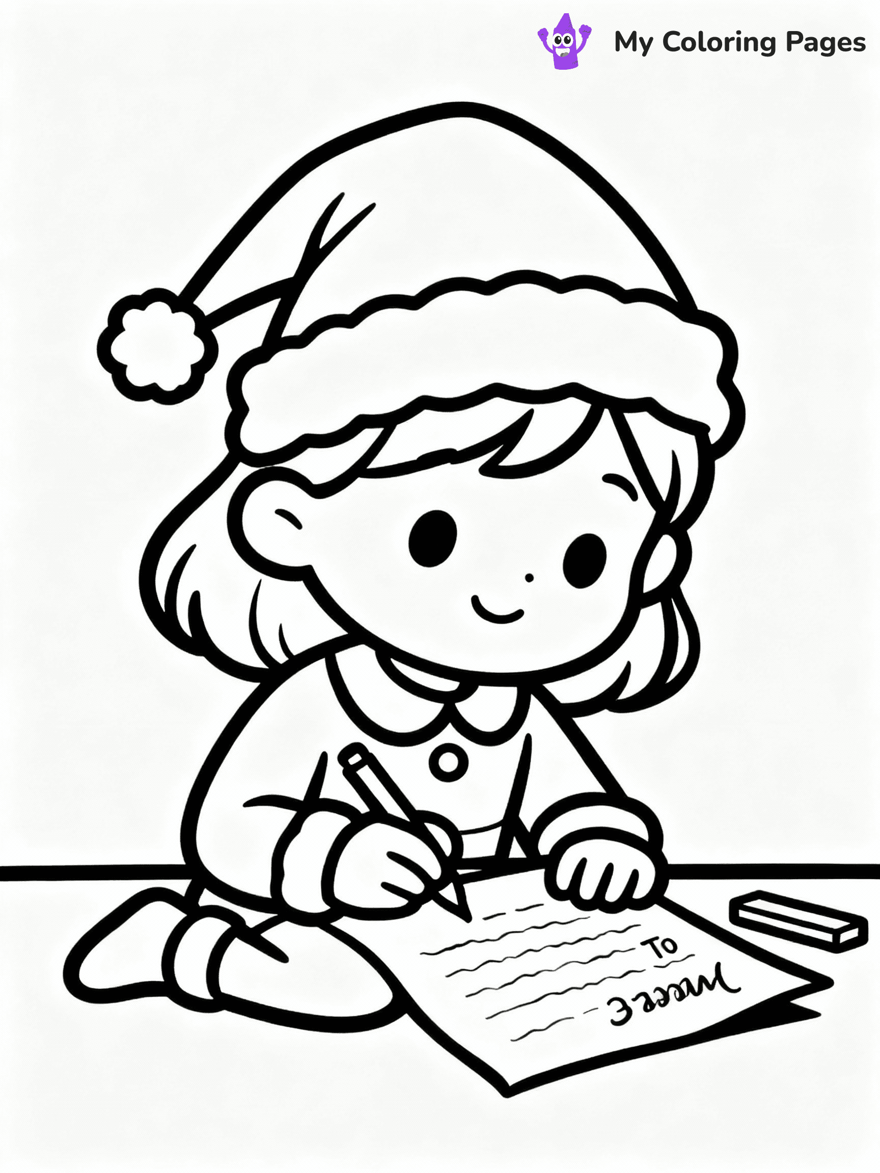 ⚠️ CRITICAL REQUIREMENT - ABSOLUTE BLACK AND WHITE ONLY ⚠️
This MUST be a BLACK AND WHITE line drawing ONLY. NO COLORS whatsoever.
- ONLY pure black lines (#000000) on pure white background (#FFFFFF)
- ABSOLUTELY NO colors, NO shading, NO gradients, NO grayscale
- If there are ANY colors in the output, the image is REJECTED
- This is a COLORING PAGE - meant to be COLORED IN by children
- The output must be UNCOLORED line art ready for coloring
⚠️ SUBJECT TO DRAW: A little girl writing her letter to Santa, in Christmas-themed style. PURE OUTLINES. NO FILLS, COLOR, SHADING, OR GREYSCALE. WHITE BACKGROUND.
(REMEMBER: Output must be BLACK AND WHITE line art only, NOT colored!)
# Flat, Friendly Cartoon Line-Art Coloring Page
You are generating a **pure black-and-white binary image** of a child-friendly cartoon scene combining characters and background scenery in one cohesive composition.
## Rendering Rules (Strict)
- Only two colors: pure black (#000000) outlines and pure white (#FFFFFF) background.
- No grayscale, shading, gradients, tints, fills, transparency, or partial pixels.
- No antialiasing or blended edges; every pixel is 100% black or white.
- No solid black fills inside shapes — all areas inside outlines must remain white.
- No dark clothing areas or filled tone blocks; all garments outlined only.
- No shadows, textures, lighting, or tonal variations.
- Must look like flat binary vector line-art for coloring pages.
## Drawing & Composition
- **Medium, consistent line weight**; clean closed outlines easy to color inside.
- **Flat, simple, child-friendly design** — no realism or 3D depth.
- Characters are **grounded on a surface**, centered and large.
- **Balanced composition** with clear silhouettes and minimal props.
## Scenery & Style
- Landmarks (e.g., mosque, CN Tower) and scenery (trees, benches, waves) drawn with **black outlines only.**
- For real-world figures, teams, or places, show accurate details using only black outlines—no text or logos. Use distinctive uniform patterns, abstract symbols, and landmark silhouettes to convey identity.
- Keep **consistent perspective**; no floating elements.
- **Style:** whimsical **Doodle Art Alley** — rounded, friendly outlines.
- May adapt shapes from **Crayola, Disney, Peppa Pig, Cocomelon** — *by shape only, never color.*
- Final output: **flat, crisp, binary (#000000/#FFFFFF)**, **no filled color or background text.**
EXTREMELYE IMPORTANT:
- PURE BINARY LINE-ART; NO FILLS (HAIR/CLOTHES/SKIN), SHADING, OR GREY.
- NO SHADING, COLOR. MUST BE WHITE BACKGROUND.
⚠️ FINAL REMINDER: Draw the subject "A little girl writing her letter to Santa, in Christmas-themed style. PURE OUTLINES. NO FILLS, COLOR, SHADING, OR GREYSCALE. WHITE BACKGROUND." as BLACK AND WHITE line art. Zero colors in output.