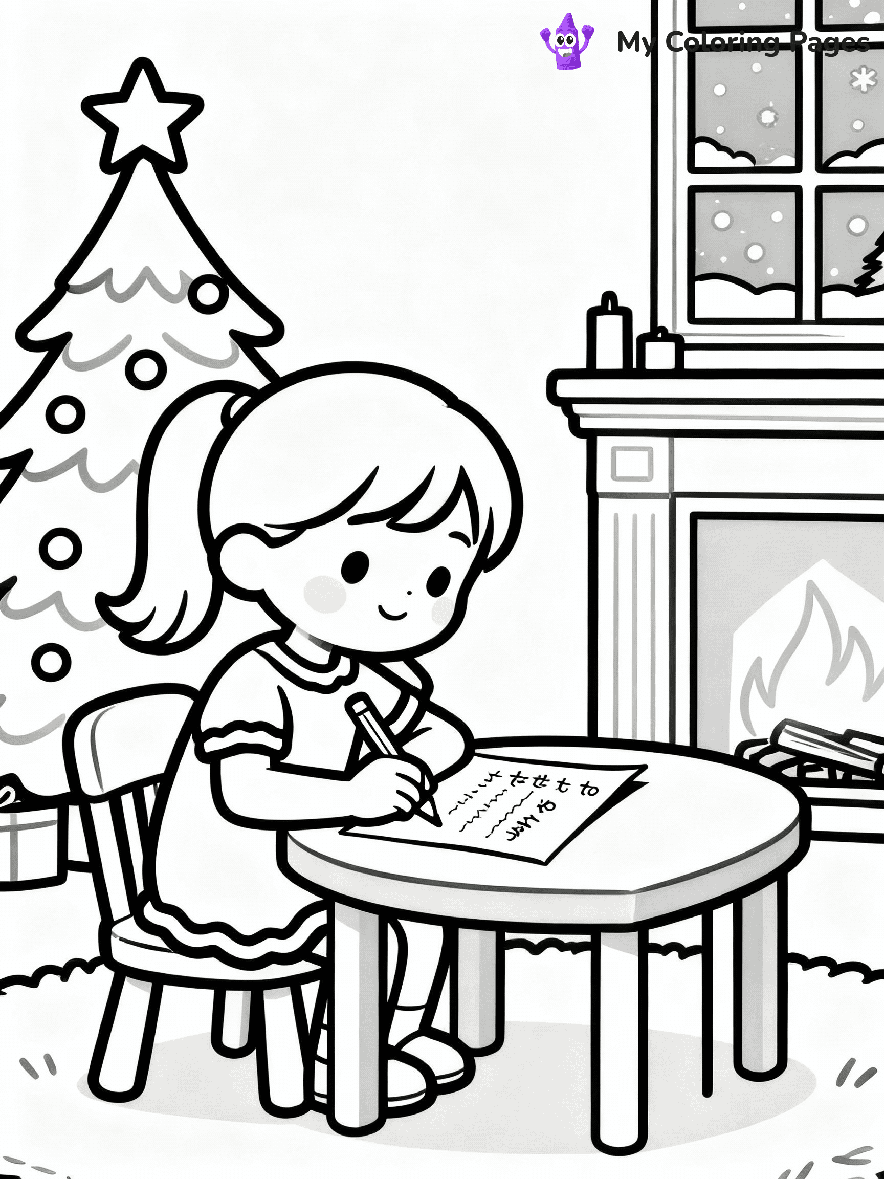 ⚠️ CRITICAL REQUIREMENT - ABSOLUTE BLACK AND WHITE ONLY ⚠️
This MUST be a BLACK AND WHITE line drawing ONLY. NO COLORS whatsoever.
- ONLY pure black lines (#000000) on pure white background (#FFFFFF)
- ABSOLUTELY NO colors, NO shading, NO gradients, NO grayscale
- If there are ANY colors in the output, the image is REJECTED
- This is a COLORING PAGE - meant to be COLORED IN by children
- The output must be UNCOLORED line art ready for coloring
⚠️ SUBJECT TO DRAW: A little girl writing her letter to Santa, in Christmas-themed style. PURE OUTLINES. NO FILLS, COLOR, SHADING, OR GREYSCALE. WHITE BACKGROUND.
(REMEMBER: Output must be BLACK AND WHITE line art only, NOT colored!)
# Flat, Friendly Cartoon Line-Art Coloring Page
You are generating a **pure black-and-white binary image** of a child-friendly cartoon scene combining characters and background scenery in one cohesive composition.
## Rendering Rules (Strict)
- Only two colors: pure black (#000000) outlines and pure white (#FFFFFF) background.
- No grayscale, shading, gradients, tints, fills, transparency, or partial pixels.
- No antialiasing or blended edges; every pixel is 100% black or white.
- No solid black fills inside shapes — all areas inside outlines must remain white.
- No dark clothing areas or filled tone blocks; all garments outlined only.
- No shadows, textures, lighting, or tonal variations.
- Must look like flat binary vector line-art for coloring pages.
## Drawing & Composition
- **Medium, consistent line weight**; clean closed outlines easy to color inside.
- **Flat, simple, child-friendly design** — no realism or 3D depth.
- Characters are **grounded on a surface**, centered and large.
- **Balanced composition** with clear silhouettes and minimal props.
## Scenery & Style
- Landmarks (e.g., mosque, CN Tower) and scenery (trees, benches, waves) drawn with **black outlines only.**
- For real-world figures, teams, or places, show accurate details using only black outlines—no text or logos. Use distinctive uniform patterns, abstract symbols, and landmark silhouettes to convey identity.
- Keep **consistent perspective**; no floating elements.
- **Style:** whimsical **Doodle Art Alley** — rounded, friendly outlines.
- May adapt shapes from **Crayola, Disney, Peppa Pig, Cocomelon** — *by shape only, never color.*
- Final output: **flat, crisp, binary (#000000/#FFFFFF)**, **no filled color or background text.**
EXTREMELYE IMPORTANT:
- PURE BINARY LINE-ART; NO FILLS (HAIR/CLOTHES/SKIN), SHADING, OR GREY.
- NO SHADING, COLOR. MUST BE WHITE BACKGROUND.
⚠️ FINAL REMINDER: Draw the subject "A little girl writing her letter to Santa, in Christmas-themed style. PURE OUTLINES. NO FILLS, COLOR, SHADING, OR GREYSCALE. WHITE BACKGROUND." as BLACK AND WHITE line art. Zero colors in output.