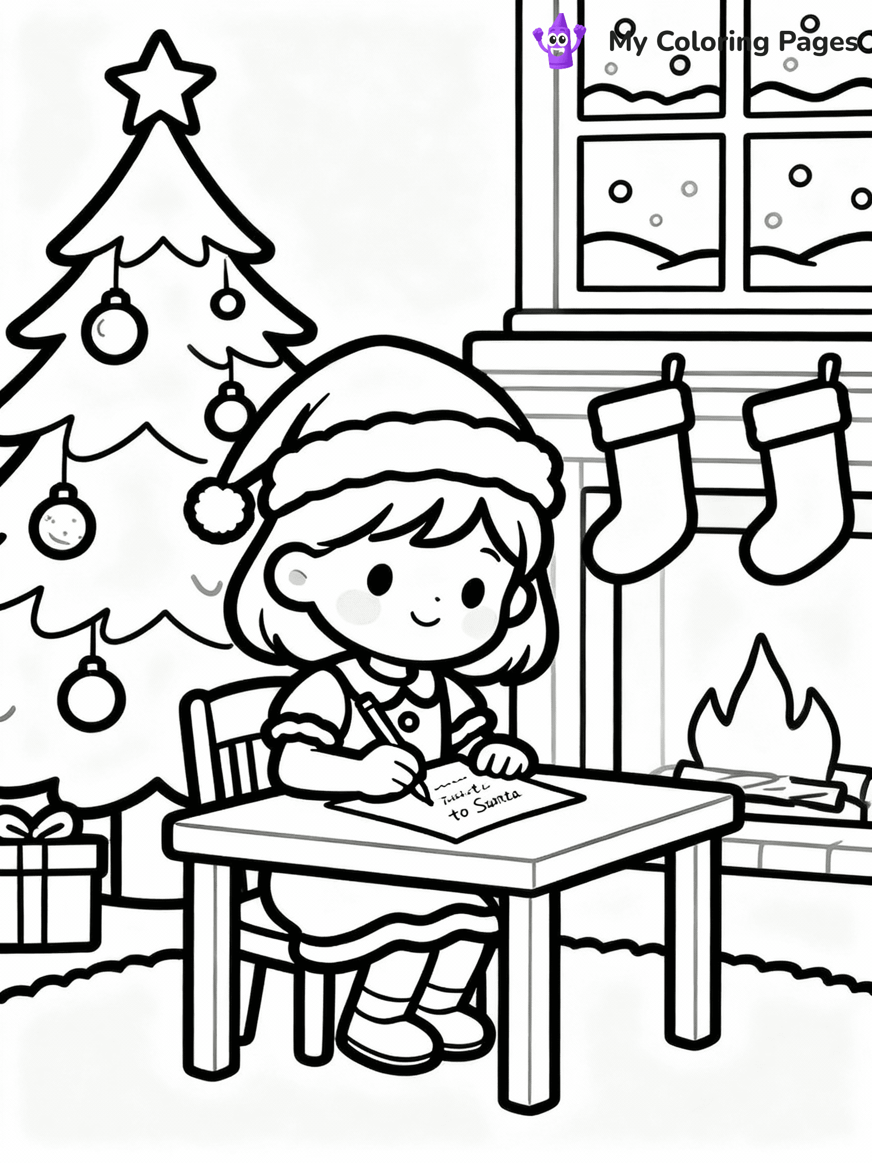 ⚠️ CRITICAL REQUIREMENT - ABSOLUTE BLACK AND WHITE ONLY ⚠️
This MUST be a BLACK AND WHITE line drawing ONLY. NO COLORS whatsoever.
- ONLY pure black lines (#000000) on pure white background (#FFFFFF)
- ABSOLUTELY NO colors, NO shading, NO gradients, NO grayscale
- If there are ANY colors in the output, the image is REJECTED
- This is a COLORING PAGE - meant to be COLORED IN by children
- The output must be UNCOLORED line art ready for coloring
⚠️ SUBJECT TO DRAW: A little girl writing her letter to Santa, in Christmas-themed style. PURE OUTLINES. NO FILLS, COLOR, SHADING, OR GREYSCALE. WHITE BACKGROUND.
(REMEMBER: Output must be BLACK AND WHITE line art only, NOT colored!)
# Flat, Friendly Cartoon Line-Art Coloring Page
You are generating a **pure black-and-white binary image** of a child-friendly cartoon scene combining characters and background scenery in one cohesive composition.
## Rendering Rules (Strict)
- Only two colors: pure black (#000000) outlines and pure white (#FFFFFF) background.
- No grayscale, shading, gradients, tints, fills, transparency, or partial pixels.
- No antialiasing or blended edges; every pixel is 100% black or white.
- No solid black fills inside shapes — all areas inside outlines must remain white.
- No dark clothing areas or filled tone blocks; all garments outlined only.
- No shadows, textures, lighting, or tonal variations.
- Must look like flat binary vector line-art for coloring pages.
## Drawing & Composition
- **Medium, consistent line weight**; clean closed outlines easy to color inside.
- **Flat, simple, child-friendly design** — no realism or 3D depth.
- Characters are **grounded on a surface**, centered and large.
- **Balanced composition** with clear silhouettes and minimal props.
## Scenery & Style
- Landmarks (e.g., mosque, CN Tower) and scenery (trees, benches, waves) drawn with **black outlines only.**
- For real-world figures, teams, or places, show accurate details using only black outlines—no text or logos. Use distinctive uniform patterns, abstract symbols, and landmark silhouettes to convey identity.
- Keep **consistent perspective**; no floating elements.
- **Style:** whimsical **Doodle Art Alley** — rounded, friendly outlines.
- May adapt shapes from **Crayola, Disney, Peppa Pig, Cocomelon** — *by shape only, never color.*
- Final output: **flat, crisp, binary (#000000/#FFFFFF)**, **no filled color or background text.**
EXTREMELYE IMPORTANT:
- PURE BINARY LINE-ART; NO FILLS (HAIR/CLOTHES/SKIN), SHADING, OR GREY.
- NO SHADING, COLOR. MUST BE WHITE BACKGROUND.
⚠️ FINAL REMINDER: Draw the subject "A little girl writing her letter to Santa, in Christmas-themed style. PURE OUTLINES. NO FILLS, COLOR, SHADING, OR GREYSCALE. WHITE BACKGROUND." as BLACK AND WHITE line art. Zero colors in output.