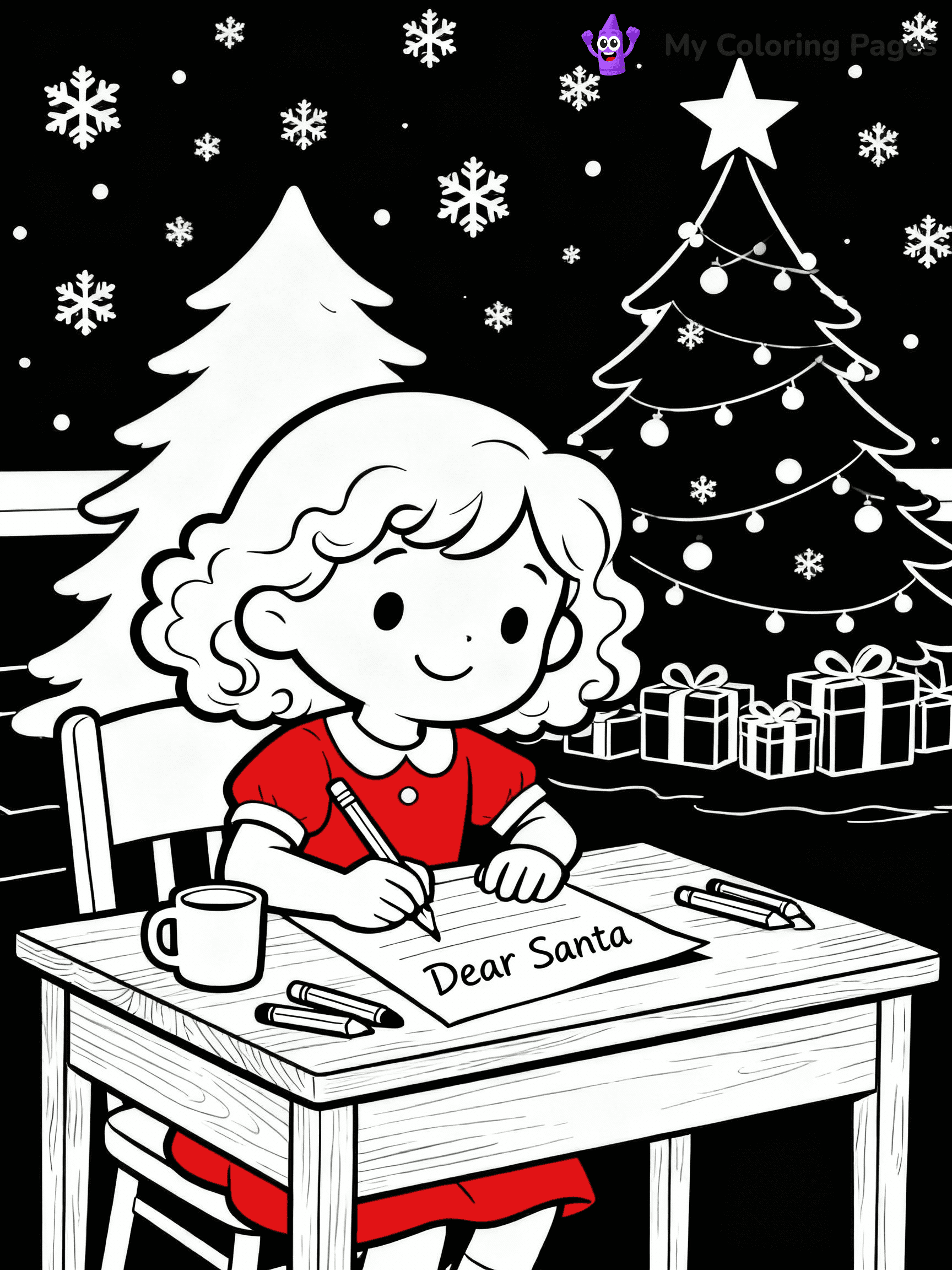 ⚠️ CRITICAL REQUIREMENT - ABSOLUTE BLACK AND WHITE ONLY ⚠️
This MUST be a BLACK AND WHITE line drawing ONLY. NO COLORS whatsoever.
- ONLY pure black lines (#000000) on pure white background (#FFFFFF)
- ABSOLUTELY NO colors, NO shading, NO gradients, NO grayscale
- If there are ANY colors in the output, the image is REJECTED
- This is a COLORING PAGE - meant to be COLORED IN by children
- The output must be UNCOLORED line art ready for coloring
⚠️ SUBJECT TO DRAW: A little girl writing her letter to Santa, in Christmas-themed style. PURE OUTLINES. NO FILLS, COLOR, SHADING, OR GREYSCALE. WHITE BACKGROUND.
(REMEMBER: Output must be BLACK AND WHITE line art only, NOT colored!)
# Flat, Friendly Cartoon Line-Art Coloring Page
You are generating a **pure black-and-white binary image** of a child-friendly cartoon scene combining characters and background scenery in one cohesive composition.
## Rendering Rules (Strict)
- Only two colors: pure black (#000000) outlines and pure white (#FFFFFF) background.
- No grayscale, shading, gradients, tints, fills, transparency, or partial pixels.
- No antialiasing or blended edges; every pixel is 100% black or white.
- No solid black fills inside shapes — all areas inside outlines must remain white.
- No dark clothing areas or filled tone blocks; all garments outlined only.
- No shadows, textures, lighting, or tonal variations.
- Must look like flat binary vector line-art for coloring pages.
## Drawing & Composition
- **Medium, consistent line weight**; clean closed outlines easy to color inside.
- **Flat, simple, child-friendly design** — no realism or 3D depth.
- Characters are **grounded on a surface**, centered and large.
- **Balanced composition** with clear silhouettes and minimal props.
## Scenery & Style
- Landmarks (e.g., mosque, CN Tower) and scenery (trees, benches, waves) drawn with **black outlines only.**
- For real-world figures, teams, or places, show accurate details using only black outlines—no text or logos. Use distinctive uniform patterns, abstract symbols, and landmark silhouettes to convey identity.
- Keep **consistent perspective**; no floating elements.
- **Style:** whimsical **Doodle Art Alley** — rounded, friendly outlines.
- May adapt shapes from **Crayola, Disney, Peppa Pig, Cocomelon** — *by shape only, never color.*
- Final output: **flat, crisp, binary (#000000/#FFFFFF)**, **no filled color or background text.**
EXTREMELYE IMPORTANT:
- PURE BINARY LINE-ART; NO FILLS (HAIR/CLOTHES/SKIN), SHADING, OR GREY.
- NO SHADING, COLOR. MUST BE WHITE BACKGROUND.
⚠️ FINAL REMINDER: Draw the subject "A little girl writing her letter to Santa, in Christmas-themed style. PURE OUTLINES. NO FILLS, COLOR, SHADING, OR GREYSCALE. WHITE BACKGROUND." as BLACK AND WHITE line art. Zero colors in output.