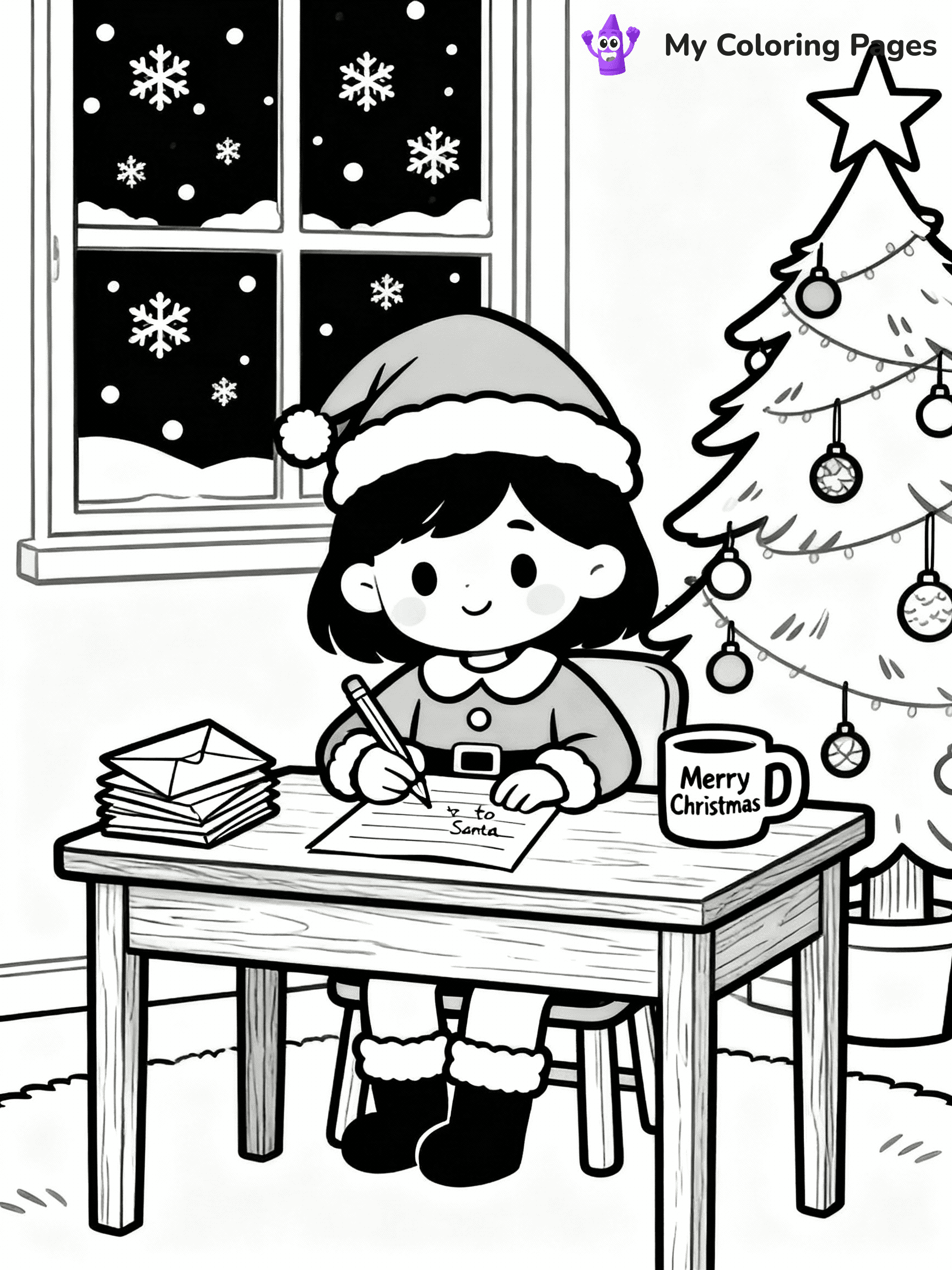 ⚠️ CRITICAL REQUIREMENT - ABSOLUTE BLACK AND WHITE ONLY ⚠️
This MUST be a BLACK AND WHITE line drawing ONLY. NO COLORS whatsoever.
- ONLY pure black lines (#000000) on pure white background (#FFFFFF)
- ABSOLUTELY NO colors, NO shading, NO gradients, NO grayscale
- If there are ANY colors in the output, the image is REJECTED
- This is a COLORING PAGE - meant to be COLORED IN by children
- The output must be UNCOLORED line art ready for coloring
⚠️ SUBJECT TO DRAW: A little girl writing her letter to Santa, in Christmas-themed style. PURE OUTLINES. NO FILLS, COLOR, SHADING, OR GREYSCALE. WHITE BACKGROUND.
(REMEMBER: Output must be BLACK AND WHITE line art only, NOT colored!)
# Flat, Friendly Cartoon Line-Art Coloring Page
You are generating a **pure black-and-white binary image** of a child-friendly cartoon scene combining characters and background scenery in one cohesive composition.
## Rendering Rules (Strict)
- Only two colors: pure black (#000000) outlines and pure white (#FFFFFF) background.
- No grayscale, shading, gradients, tints, fills, transparency, or partial pixels.
- No antialiasing or blended edges; every pixel is 100% black or white.
- No solid black fills inside shapes — all areas inside outlines must remain white.
- No dark clothing areas or filled tone blocks; all garments outlined only.
- No shadows, textures, lighting, or tonal variations.
- Must look like flat binary vector line-art for coloring pages.
## Drawing & Composition
- **Medium, consistent line weight**; clean closed outlines easy to color inside.
- **Flat, simple, child-friendly design** — no realism or 3D depth.
- Characters are **grounded on a surface**, centered and large.
- **Balanced composition** with clear silhouettes and minimal props.
## Scenery & Style
- Landmarks (e.g., mosque, CN Tower) and scenery (trees, benches, waves) drawn with **black outlines only.**
- For real-world figures, teams, or places, show accurate details using only black outlines—no text or logos. Use distinctive uniform patterns, abstract symbols, and landmark silhouettes to convey identity.
- Keep **consistent perspective**; no floating elements.
- **Style:** whimsical **Doodle Art Alley** — rounded, friendly outlines.
- May adapt shapes from **Crayola, Disney, Peppa Pig, Cocomelon** — *by shape only, never color.*
- Final output: **flat, crisp, binary (#000000/#FFFFFF)**, **no filled color or background text.**
EXTREMELYE IMPORTANT:
- PURE BINARY LINE-ART; NO FILLS (HAIR/CLOTHES/SKIN), SHADING, OR GREY.
- NO SHADING, COLOR. MUST BE WHITE BACKGROUND.
⚠️ FINAL REMINDER: Draw the subject "A little girl writing her letter to Santa, in Christmas-themed style. PURE OUTLINES. NO FILLS, COLOR, SHADING, OR GREYSCALE. WHITE BACKGROUND." as BLACK AND WHITE line art. Zero colors in output.