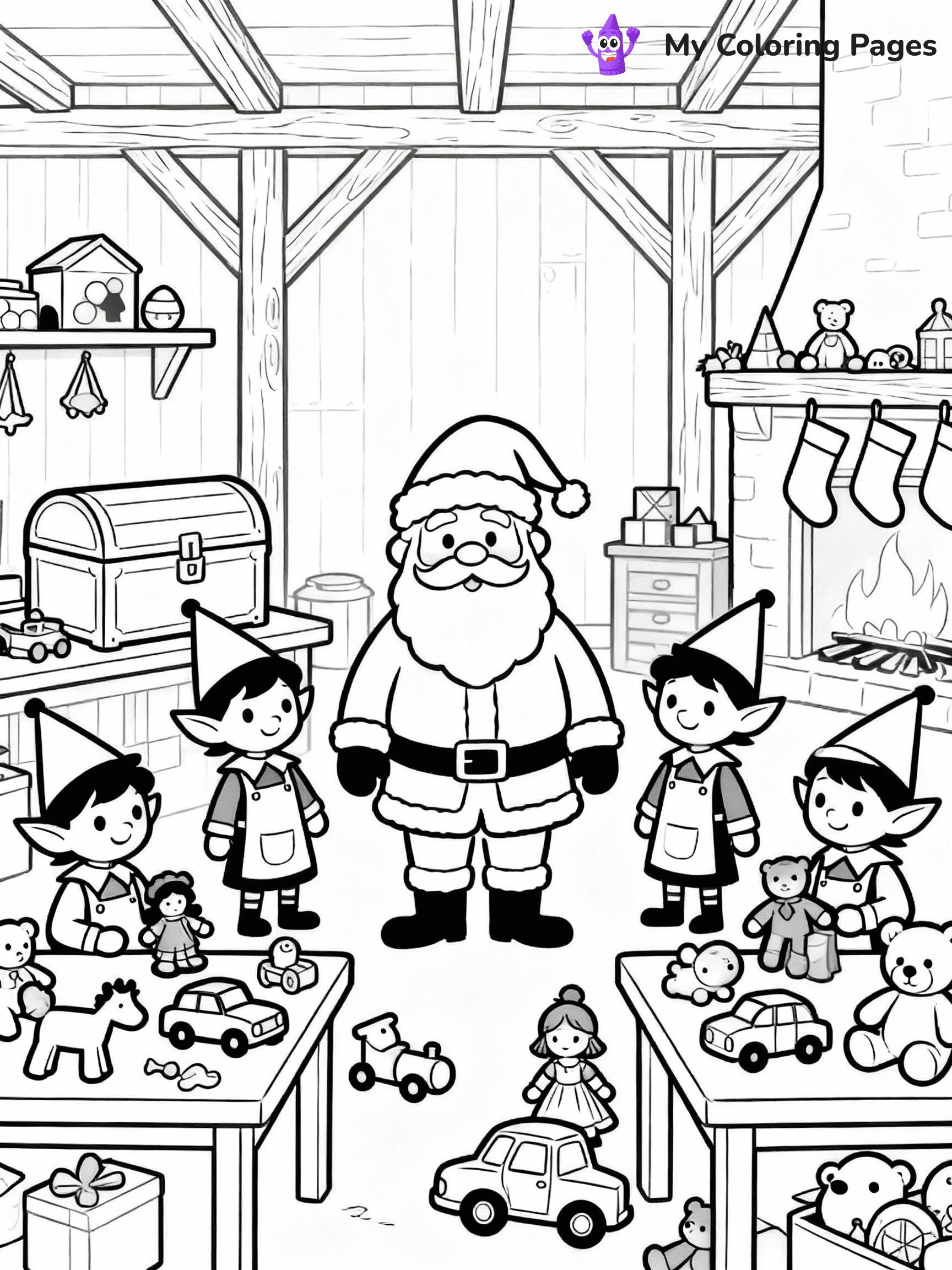 ⚠️ CRITICAL REQUIREMENT - ABSOLUTE BLACK AND WHITE ONLY ⚠️
This MUST be a BLACK AND WHITE line drawing ONLY. NO COLORS whatsoever.
- ONLY pure black lines (#000000) on pure white background (#FFFFFF)
- ABSOLUTELY NO colors, NO shading, NO gradients, NO grayscale
- If there are ANY colors in the output, the image is REJECTED
- This is a COLORING PAGE - meant to be COLORED IN by children
- The output must be UNCOLORED line art ready for coloring
⚠️ SUBJECT TO DRAW: Santa’s workshop filled with toys and elves, in Christmas-themed style. PURE OUTLINES. NO FILLS, COLOR, SHADING, OR GREYSCALE. WHITE BACKGROUND.
(REMEMBER: Output must be BLACK AND WHITE line art only, NOT colored!)
# Flat, Friendly Cartoon Line-Art Coloring Page
You are generating a **pure black-and-white binary image** of a child-friendly cartoon scene combining characters and background scenery in one cohesive composition.
## Rendering Rules (Strict)
- Only two colors: pure black (#000000) outlines and pure white (#FFFFFF) background.
- No grayscale, shading, gradients, tints, fills, transparency, or partial pixels.
- No antialiasing or blended edges; every pixel is 100% black or white.
- No solid black fills inside shapes — all areas inside outlines must remain white.
- No dark clothing areas or filled tone blocks; all garments outlined only.
- No shadows, textures, lighting, or tonal variations.
- Must look like flat binary vector line-art for coloring pages.
## Drawing & Composition
- **Medium, consistent line weight**; clean closed outlines easy to color inside.
- **Flat, simple, child-friendly design** — no realism or 3D depth.
- Characters are **grounded on a surface**, centered and large.
- **Balanced composition** with clear silhouettes and minimal props.
## Scenery & Style
- Landmarks (e.g., mosque, CN Tower) and scenery (trees, benches, waves) drawn with **black outlines only.**
- For real-world figures, teams, or places, show accurate details using only black outlines—no text or logos. Use distinctive uniform patterns, abstract symbols, and landmark silhouettes to convey identity.
- Keep **consistent perspective**; no floating elements.
- **Style:** whimsical **Doodle Art Alley** — rounded, friendly outlines.
- May adapt shapes from **Crayola, Disney, Peppa Pig, Cocomelon** — *by shape only, never color.*
- Final output: **flat, crisp, binary (#000000/#FFFFFF)**, **no filled color or background text.**
EXTREMELYE IMPORTANT:
- PURE BINARY LINE-ART; NO FILLS (HAIR/CLOTHES/SKIN), SHADING, OR GREY.
- NO SHADING, COLOR. MUST BE WHITE BACKGROUND.
⚠️ FINAL REMINDER: Draw the subject "Santa’s workshop filled with toys and elves, in Christmas-themed style. PURE OUTLINES. NO FILLS, COLOR, SHADING, OR GREYSCALE. WHITE BACKGROUND." as BLACK AND WHITE line art. Zero colors in output.