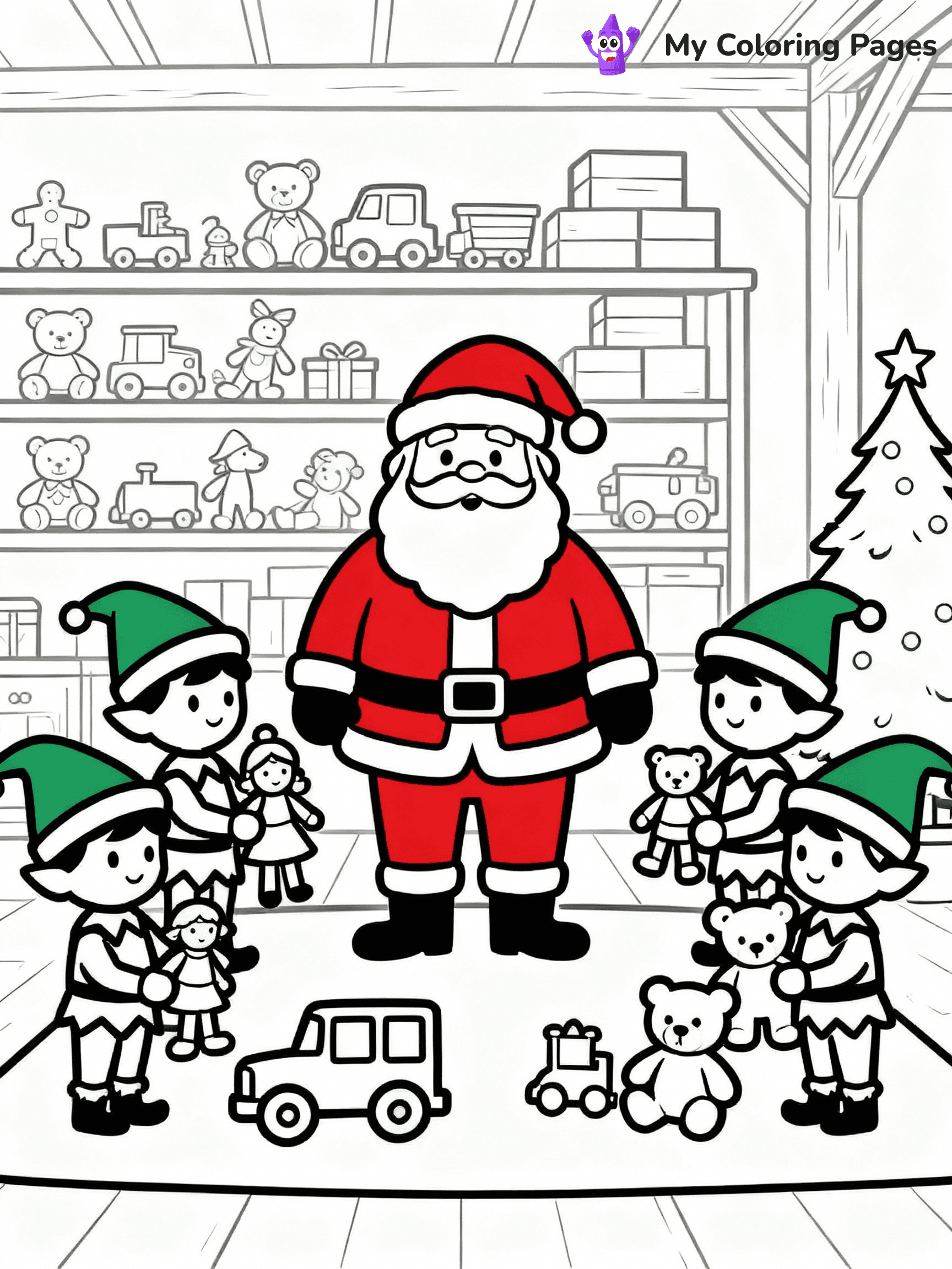 ⚠️ CRITICAL REQUIREMENT - ABSOLUTE BLACK AND WHITE ONLY ⚠️
This MUST be a BLACK AND WHITE line drawing ONLY. NO COLORS whatsoever.
- ONLY pure black lines (#000000) on pure white background (#FFFFFF)
- ABSOLUTELY NO colors, NO shading, NO gradients, NO grayscale
- If there are ANY colors in the output, the image is REJECTED
- This is a COLORING PAGE - meant to be COLORED IN by children
- The output must be UNCOLORED line art ready for coloring
⚠️ SUBJECT TO DRAW: Santa’s workshop filled with toys and elves, in Christmas-themed style. PURE OUTLINES. NO FILLS, COLOR, SHADING, OR GREYSCALE. WHITE BACKGROUND.
(REMEMBER: Output must be BLACK AND WHITE line art only, NOT colored!)
# Flat, Friendly Cartoon Line-Art Coloring Page
You are generating a **pure black-and-white binary image** of a child-friendly cartoon scene combining characters and background scenery in one cohesive composition.
## Rendering Rules (Strict)
- Only two colors: pure black (#000000) outlines and pure white (#FFFFFF) background.
- No grayscale, shading, gradients, tints, fills, transparency, or partial pixels.
- No antialiasing or blended edges; every pixel is 100% black or white.
- No solid black fills inside shapes — all areas inside outlines must remain white.
- No dark clothing areas or filled tone blocks; all garments outlined only.
- No shadows, textures, lighting, or tonal variations.
- Must look like flat binary vector line-art for coloring pages.
## Drawing & Composition
- **Medium, consistent line weight**; clean closed outlines easy to color inside.
- **Flat, simple, child-friendly design** — no realism or 3D depth.
- Characters are **grounded on a surface**, centered and large.
- **Balanced composition** with clear silhouettes and minimal props.
## Scenery & Style
- Landmarks (e.g., mosque, CN Tower) and scenery (trees, benches, waves) drawn with **black outlines only.**
- For real-world figures, teams, or places, show accurate details using only black outlines—no text or logos. Use distinctive uniform patterns, abstract symbols, and landmark silhouettes to convey identity.
- Keep **consistent perspective**; no floating elements.
- **Style:** whimsical **Doodle Art Alley** — rounded, friendly outlines.
- May adapt shapes from **Crayola, Disney, Peppa Pig, Cocomelon** — *by shape only, never color.*
- Final output: **flat, crisp, binary (#000000/#FFFFFF)**, **no filled color or background text.**
EXTREMELYE IMPORTANT:
- PURE BINARY LINE-ART; NO FILLS (HAIR/CLOTHES/SKIN), SHADING, OR GREY.
- NO SHADING, COLOR. MUST BE WHITE BACKGROUND.
⚠️ FINAL REMINDER: Draw the subject "Santa’s workshop filled with toys and elves, in Christmas-themed style. PURE OUTLINES. NO FILLS, COLOR, SHADING, OR GREYSCALE. WHITE BACKGROUND." as BLACK AND WHITE line art. Zero colors in output.