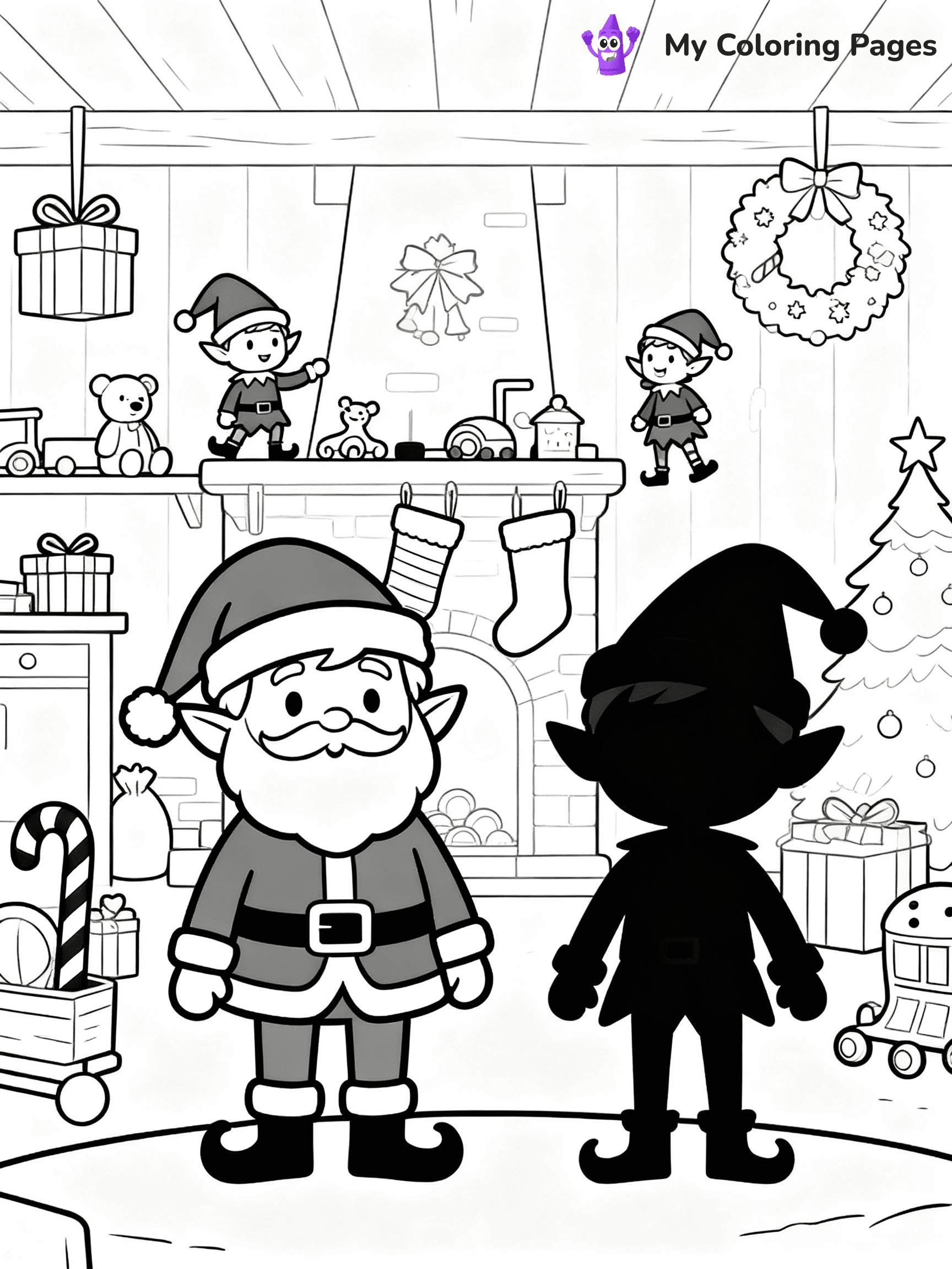 ⚠️ CRITICAL REQUIREMENT - ABSOLUTE BLACK AND WHITE ONLY ⚠️
This MUST be a BLACK AND WHITE line drawing ONLY. NO COLORS whatsoever.
- ONLY pure black lines (#000000) on pure white background (#FFFFFF)
- ABSOLUTELY NO colors, NO shading, NO gradients, NO grayscale
- If there are ANY colors in the output, the image is REJECTED
- This is a COLORING PAGE - meant to be COLORED IN by children
- The output must be UNCOLORED line art ready for coloring
⚠️ SUBJECT TO DRAW: Santa’s workshop filled with toys and elves, in Christmas-themed style. PURE OUTLINES. NO FILLS, COLOR, SHADING, OR GREYSCALE. WHITE BACKGROUND.
(REMEMBER: Output must be BLACK AND WHITE line art only, NOT colored!)
# Flat, Friendly Cartoon Line-Art Coloring Page
You are generating a **pure black-and-white binary image** of a child-friendly cartoon scene combining characters and background scenery in one cohesive composition.
## Rendering Rules (Strict)
- Only two colors: pure black (#000000) outlines and pure white (#FFFFFF) background.
- No grayscale, shading, gradients, tints, fills, transparency, or partial pixels.
- No antialiasing or blended edges; every pixel is 100% black or white.
- No solid black fills inside shapes — all areas inside outlines must remain white.
- No dark clothing areas or filled tone blocks; all garments outlined only.
- No shadows, textures, lighting, or tonal variations.
- Must look like flat binary vector line-art for coloring pages.
## Drawing & Composition
- **Medium, consistent line weight**; clean closed outlines easy to color inside.
- **Flat, simple, child-friendly design** — no realism or 3D depth.
- Characters are **grounded on a surface**, centered and large.
- **Balanced composition** with clear silhouettes and minimal props.
## Scenery & Style
- Landmarks (e.g., mosque, CN Tower) and scenery (trees, benches, waves) drawn with **black outlines only.**
- For real-world figures, teams, or places, show accurate details using only black outlines—no text or logos. Use distinctive uniform patterns, abstract symbols, and landmark silhouettes to convey identity.
- Keep **consistent perspective**; no floating elements.
- **Style:** whimsical **Doodle Art Alley** — rounded, friendly outlines.
- May adapt shapes from **Crayola, Disney, Peppa Pig, Cocomelon** — *by shape only, never color.*
- Final output: **flat, crisp, binary (#000000/#FFFFFF)**, **no filled color or background text.**
EXTREMELYE IMPORTANT:
- PURE BINARY LINE-ART; NO FILLS (HAIR/CLOTHES/SKIN), SHADING, OR GREY.
- NO SHADING, COLOR. MUST BE WHITE BACKGROUND.
⚠️ FINAL REMINDER: Draw the subject "Santa’s workshop filled with toys and elves, in Christmas-themed style. PURE OUTLINES. NO FILLS, COLOR, SHADING, OR GREYSCALE. WHITE BACKGROUND." as BLACK AND WHITE line art. Zero colors in output.