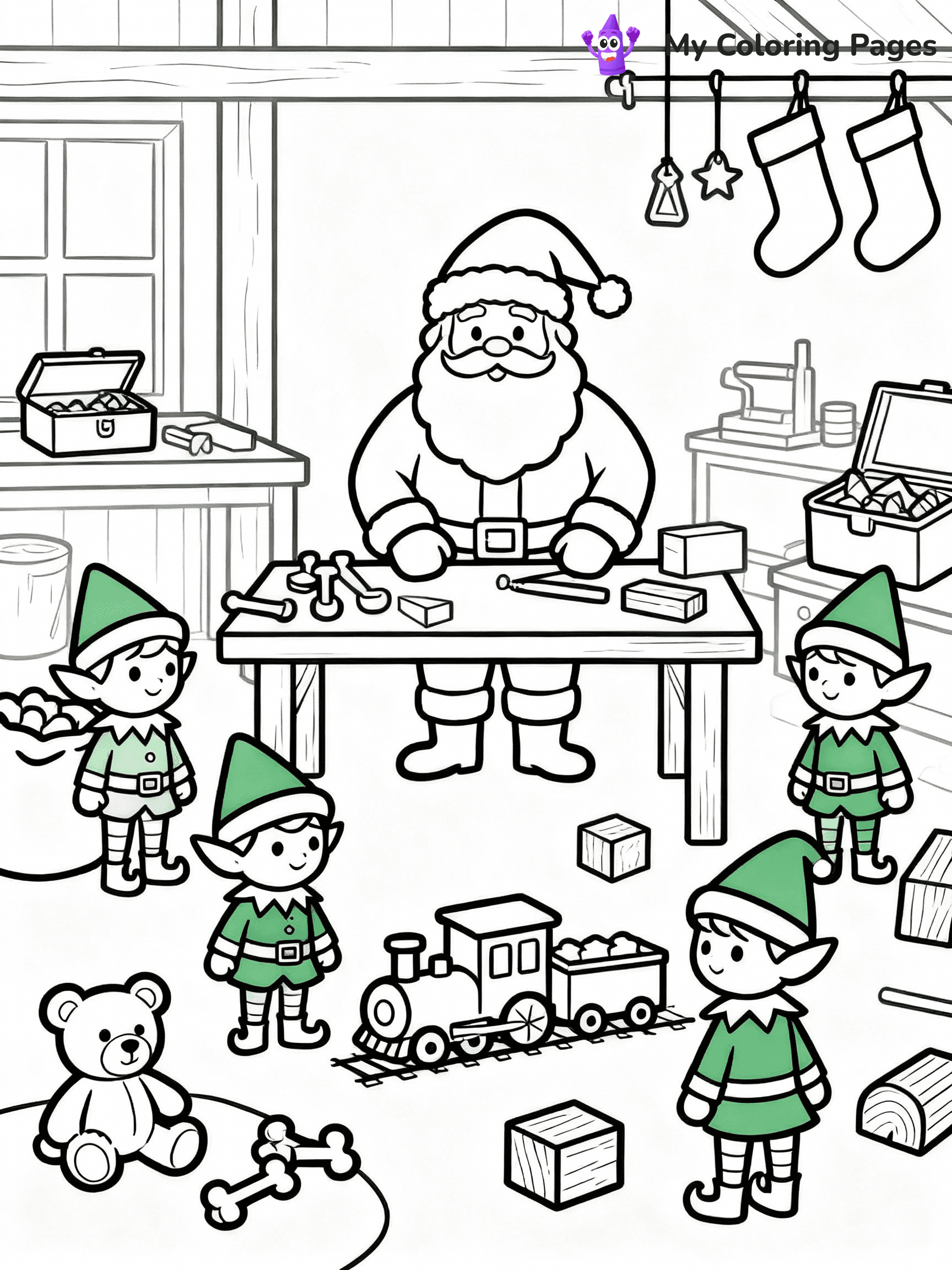 ⚠️ CRITICAL REQUIREMENT - ABSOLUTE BLACK AND WHITE ONLY ⚠️
This MUST be a BLACK AND WHITE line drawing ONLY. NO COLORS whatsoever.
- ONLY pure black lines (#000000) on pure white background (#FFFFFF)
- ABSOLUTELY NO colors, NO shading, NO gradients, NO grayscale
- If there are ANY colors in the output, the image is REJECTED
- This is a COLORING PAGE - meant to be COLORED IN by children
- The output must be UNCOLORED line art ready for coloring
⚠️ SUBJECT TO DRAW: Santa’s workshop filled with toys and elves, in Christmas-themed style. PURE OUTLINES. NO FILLS, COLOR, SHADING, OR GREYSCALE. WHITE BACKGROUND.
(REMEMBER: Output must be BLACK AND WHITE line art only, NOT colored!)
# Flat, Friendly Cartoon Line-Art Coloring Page
You are generating a **pure black-and-white binary image** of a child-friendly cartoon scene combining characters and background scenery in one cohesive composition.
## Rendering Rules (Strict)
- Only two colors: pure black (#000000) outlines and pure white (#FFFFFF) background.
- No grayscale, shading, gradients, tints, fills, transparency, or partial pixels.
- No antialiasing or blended edges; every pixel is 100% black or white.
- No solid black fills inside shapes — all areas inside outlines must remain white.
- No dark clothing areas or filled tone blocks; all garments outlined only.
- No shadows, textures, lighting, or tonal variations.
- Must look like flat binary vector line-art for coloring pages.
## Drawing & Composition
- **Medium, consistent line weight**; clean closed outlines easy to color inside.
- **Flat, simple, child-friendly design** — no realism or 3D depth.
- Characters are **grounded on a surface**, centered and large.
- **Balanced composition** with clear silhouettes and minimal props.
## Scenery & Style
- Landmarks (e.g., mosque, CN Tower) and scenery (trees, benches, waves) drawn with **black outlines only.**
- For real-world figures, teams, or places, show accurate details using only black outlines—no text or logos. Use distinctive uniform patterns, abstract symbols, and landmark silhouettes to convey identity.
- Keep **consistent perspective**; no floating elements.
- **Style:** whimsical **Doodle Art Alley** — rounded, friendly outlines.
- May adapt shapes from **Crayola, Disney, Peppa Pig, Cocomelon** — *by shape only, never color.*
- Final output: **flat, crisp, binary (#000000/#FFFFFF)**, **no filled color or background text.**
EXTREMELYE IMPORTANT:
- PURE BINARY LINE-ART; NO FILLS (HAIR/CLOTHES/SKIN), SHADING, OR GREY.
- NO SHADING, COLOR. MUST BE WHITE BACKGROUND.
⚠️ FINAL REMINDER: Draw the subject "Santa’s workshop filled with toys and elves, in Christmas-themed style. PURE OUTLINES. NO FILLS, COLOR, SHADING, OR GREYSCALE. WHITE BACKGROUND." as BLACK AND WHITE line art. Zero colors in output.