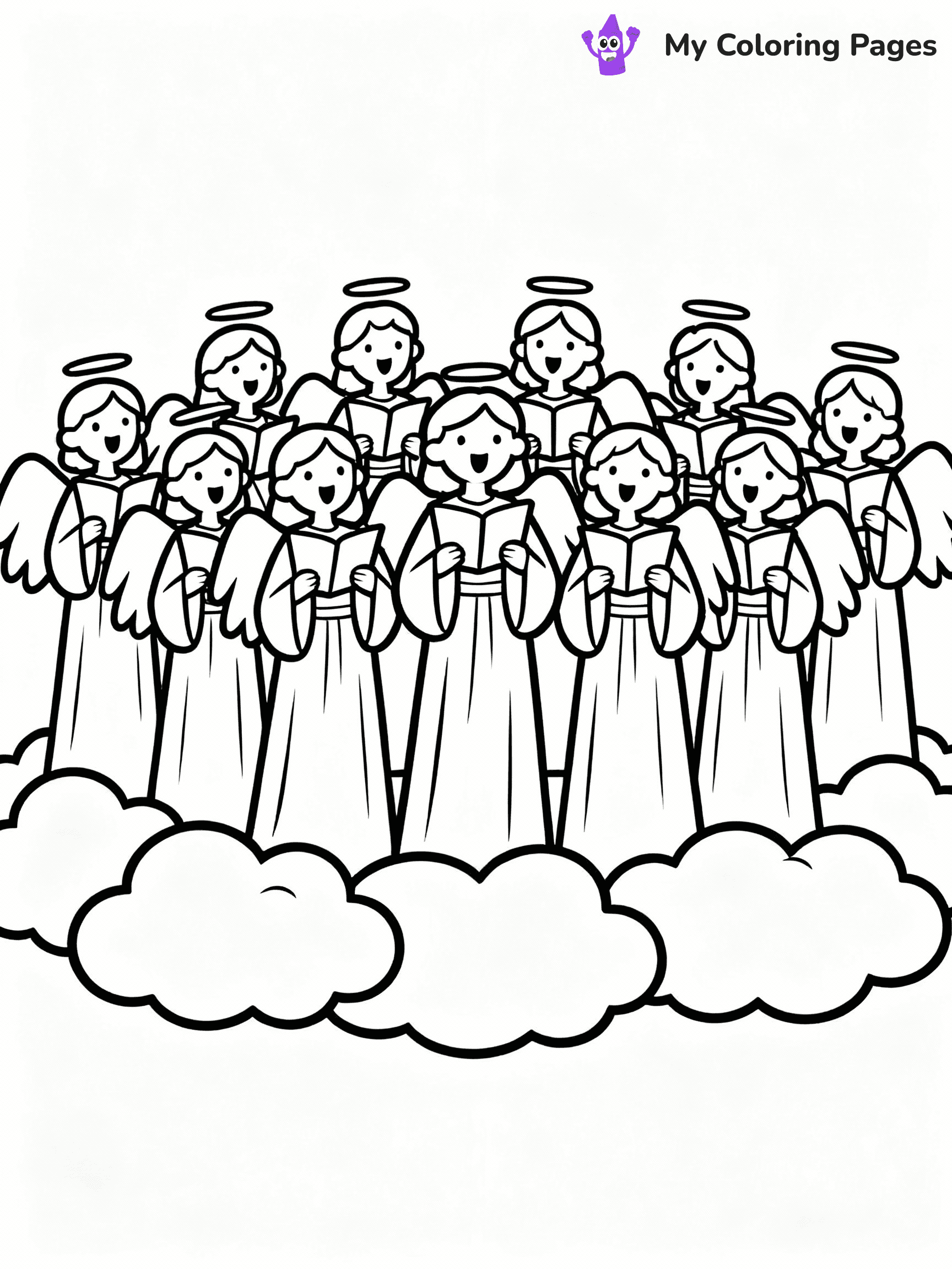 ⚠️ CRITICAL REQUIREMENT - ABSOLUTE BLACK AND WHITE ONLY ⚠️
This MUST be a BLACK AND WHITE line drawing ONLY. NO COLORS whatsoever.
- ONLY pure black lines (#000000) on pure white background (#FFFFFF)
- ABSOLUTELY NO colors, NO shading, NO gradients, NO grayscale
- If there are ANY colors in the output, the image is REJECTED
- This is a COLORING PAGE - meant to be COLORED IN by children
- The output must be UNCOLORED line art ready for coloring
⚠️ SUBJECT TO DRAW: A choir of angels singing above clouds, in Christmas-themed style. PURE OUTLINES. NO FILLS, COLOR, SHADING, OR GREYSCALE. WHITE BACKGROUND.
(REMEMBER: Output must be BLACK AND WHITE line art only, NOT colored!)
# Flat, Friendly Cartoon Line-Art Coloring Page
You are generating a **pure black-and-white binary image** of a child-friendly cartoon scene combining characters and background scenery in one cohesive composition.
## Rendering Rules (Strict)
- Only two colors: pure black (#000000) outlines and pure white (#FFFFFF) background.
- No grayscale, shading, gradients, tints, fills, transparency, or partial pixels.
- No antialiasing or blended edges; every pixel is 100% black or white.
- No solid black fills inside shapes — all areas inside outlines must remain white.
- No dark clothing areas or filled tone blocks; all garments outlined only.
- No shadows, textures, lighting, or tonal variations.
- Must look like flat binary vector line-art for coloring pages.
## Drawing & Composition
- **Medium, consistent line weight**; clean closed outlines easy to color inside.
- **Flat, simple, child-friendly design** — no realism or 3D depth.
- Characters are **grounded on a surface**, centered and large.
- **Balanced composition** with clear silhouettes and minimal props.
## Scenery & Style
- Landmarks (e.g., mosque, CN Tower) and scenery (trees, benches, waves) drawn with **black outlines only.**
- For real-world figures, teams, or places, show accurate details using only black outlines—no text or logos. Use distinctive uniform patterns, abstract symbols, and landmark silhouettes to convey identity.
- Keep **consistent perspective**; no floating elements.
- **Style:** whimsical **Doodle Art Alley** — rounded, friendly outlines.
- May adapt shapes from **Crayola, Disney, Peppa Pig, Cocomelon** — *by shape only, never color.*
- Final output: **flat, crisp, binary (#000000/#FFFFFF)**, **no filled color or background text.**
EXTREMELYE IMPORTANT:
- PURE BINARY LINE-ART; NO FILLS (HAIR/CLOTHES/SKIN), SHADING, OR GREY.
- NO SHADING, COLOR. MUST BE WHITE BACKGROUND.
⚠️ FINAL REMINDER: Draw the subject "A choir of angels singing above clouds, in Christmas-themed style. PURE OUTLINES. NO FILLS, COLOR, SHADING, OR GREYSCALE. WHITE BACKGROUND." as BLACK AND WHITE line art. Zero colors in output.