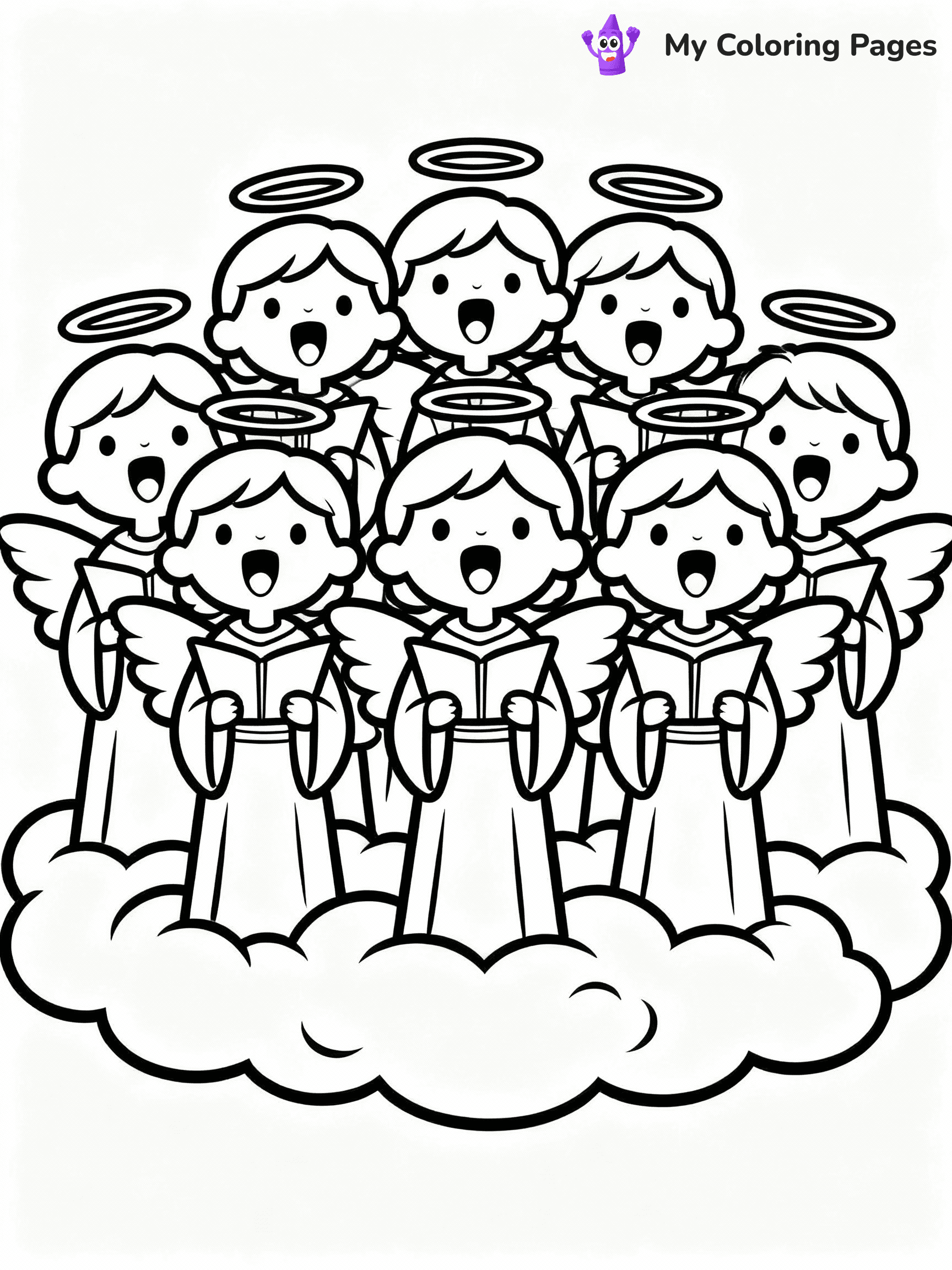 ⚠️ CRITICAL REQUIREMENT - ABSOLUTE BLACK AND WHITE ONLY ⚠️
This MUST be a BLACK AND WHITE line drawing ONLY. NO COLORS whatsoever.
- ONLY pure black lines (#000000) on pure white background (#FFFFFF)
- ABSOLUTELY NO colors, NO shading, NO gradients, NO grayscale
- If there are ANY colors in the output, the image is REJECTED
- This is a COLORING PAGE - meant to be COLORED IN by children
- The output must be UNCOLORED line art ready for coloring
⚠️ SUBJECT TO DRAW: A choir of angels singing above clouds, in Christmas-themed style. PURE OUTLINES. NO FILLS, COLOR, SHADING, OR GREYSCALE. WHITE BACKGROUND.
(REMEMBER: Output must be BLACK AND WHITE line art only, NOT colored!)
# Flat, Friendly Cartoon Line-Art Coloring Page
You are generating a **pure black-and-white binary image** of a child-friendly cartoon scene combining characters and background scenery in one cohesive composition.
## Rendering Rules (Strict)
- Only two colors: pure black (#000000) outlines and pure white (#FFFFFF) background.
- No grayscale, shading, gradients, tints, fills, transparency, or partial pixels.
- No antialiasing or blended edges; every pixel is 100% black or white.
- No solid black fills inside shapes — all areas inside outlines must remain white.
- No dark clothing areas or filled tone blocks; all garments outlined only.
- No shadows, textures, lighting, or tonal variations.
- Must look like flat binary vector line-art for coloring pages.
## Drawing & Composition
- **Medium, consistent line weight**; clean closed outlines easy to color inside.
- **Flat, simple, child-friendly design** — no realism or 3D depth.
- Characters are **grounded on a surface**, centered and large.
- **Balanced composition** with clear silhouettes and minimal props.
## Scenery & Style
- Landmarks (e.g., mosque, CN Tower) and scenery (trees, benches, waves) drawn with **black outlines only.**
- For real-world figures, teams, or places, show accurate details using only black outlines—no text or logos. Use distinctive uniform patterns, abstract symbols, and landmark silhouettes to convey identity.
- Keep **consistent perspective**; no floating elements.
- **Style:** whimsical **Doodle Art Alley** — rounded, friendly outlines.
- May adapt shapes from **Crayola, Disney, Peppa Pig, Cocomelon** — *by shape only, never color.*
- Final output: **flat, crisp, binary (#000000/#FFFFFF)**, **no filled color or background text.**
EXTREMELYE IMPORTANT:
- PURE BINARY LINE-ART; NO FILLS (HAIR/CLOTHES/SKIN), SHADING, OR GREY.
- NO SHADING, COLOR. MUST BE WHITE BACKGROUND.
⚠️ FINAL REMINDER: Draw the subject "A choir of angels singing above clouds, in Christmas-themed style. PURE OUTLINES. NO FILLS, COLOR, SHADING, OR GREYSCALE. WHITE BACKGROUND." as BLACK AND WHITE line art. Zero colors in output.