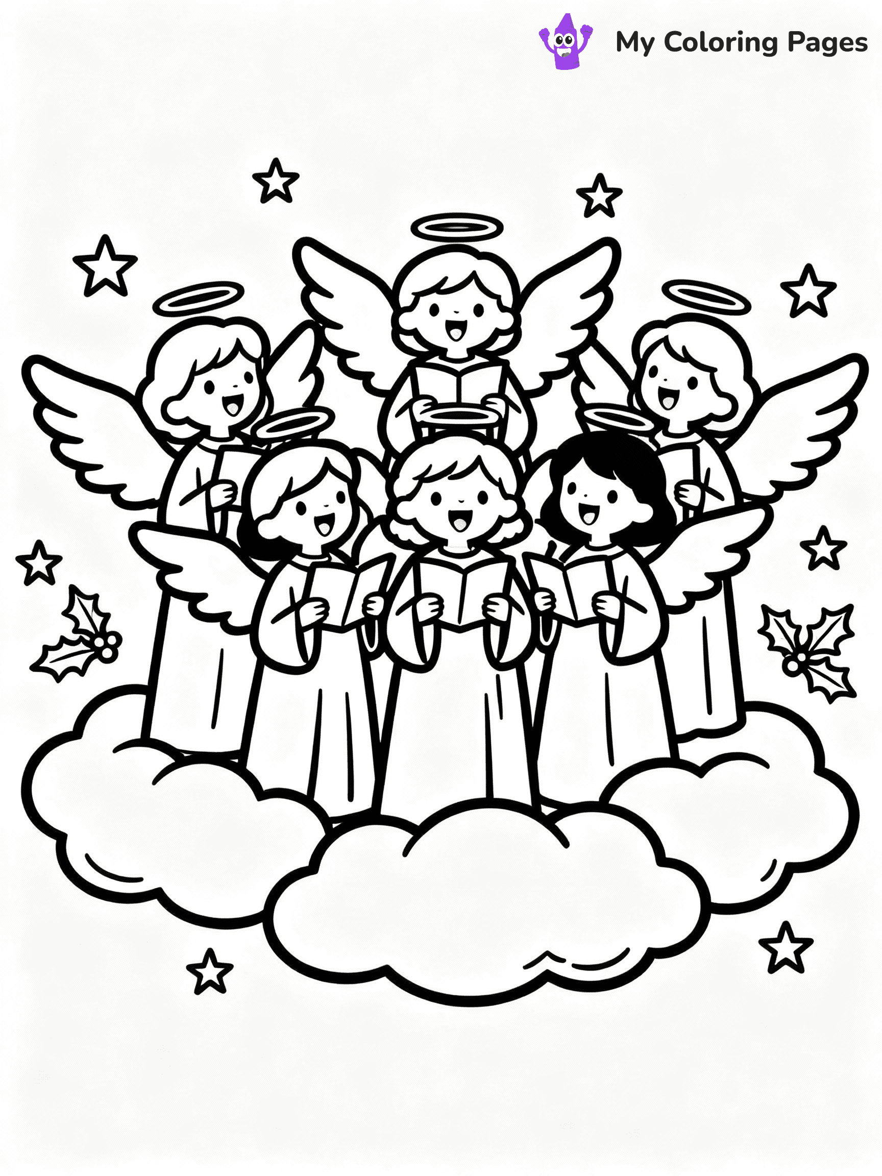 ⚠️ CRITICAL REQUIREMENT - ABSOLUTE BLACK AND WHITE ONLY ⚠️
This MUST be a BLACK AND WHITE line drawing ONLY. NO COLORS whatsoever.
- ONLY pure black lines (#000000) on pure white background (#FFFFFF)
- ABSOLUTELY NO colors, NO shading, NO gradients, NO grayscale
- If there are ANY colors in the output, the image is REJECTED
- This is a COLORING PAGE - meant to be COLORED IN by children
- The output must be UNCOLORED line art ready for coloring
⚠️ SUBJECT TO DRAW: A choir of angels singing above clouds, in Christmas-themed style. PURE OUTLINES. NO FILLS, COLOR, SHADING, OR GREYSCALE. WHITE BACKGROUND.
(REMEMBER: Output must be BLACK AND WHITE line art only, NOT colored!)
# Flat, Friendly Cartoon Line-Art Coloring Page
You are generating a **pure black-and-white binary image** of a child-friendly cartoon scene combining characters and background scenery in one cohesive composition.
## Rendering Rules (Strict)
- Only two colors: pure black (#000000) outlines and pure white (#FFFFFF) background.
- No grayscale, shading, gradients, tints, fills, transparency, or partial pixels.
- No antialiasing or blended edges; every pixel is 100% black or white.
- No solid black fills inside shapes — all areas inside outlines must remain white.
- No dark clothing areas or filled tone blocks; all garments outlined only.
- No shadows, textures, lighting, or tonal variations.
- Must look like flat binary vector line-art for coloring pages.
## Drawing & Composition
- **Medium, consistent line weight**; clean closed outlines easy to color inside.
- **Flat, simple, child-friendly design** — no realism or 3D depth.
- Characters are **grounded on a surface**, centered and large.
- **Balanced composition** with clear silhouettes and minimal props.
## Scenery & Style
- Landmarks (e.g., mosque, CN Tower) and scenery (trees, benches, waves) drawn with **black outlines only.**
- For real-world figures, teams, or places, show accurate details using only black outlines—no text or logos. Use distinctive uniform patterns, abstract symbols, and landmark silhouettes to convey identity.
- Keep **consistent perspective**; no floating elements.
- **Style:** whimsical **Doodle Art Alley** — rounded, friendly outlines.
- May adapt shapes from **Crayola, Disney, Peppa Pig, Cocomelon** — *by shape only, never color.*
- Final output: **flat, crisp, binary (#000000/#FFFFFF)**, **no filled color or background text.**
EXTREMELYE IMPORTANT:
- PURE BINARY LINE-ART; NO FILLS (HAIR/CLOTHES/SKIN), SHADING, OR GREY.
- NO SHADING, COLOR. MUST BE WHITE BACKGROUND.
⚠️ FINAL REMINDER: Draw the subject "A choir of angels singing above clouds, in Christmas-themed style. PURE OUTLINES. NO FILLS, COLOR, SHADING, OR GREYSCALE. WHITE BACKGROUND." as BLACK AND WHITE line art. Zero colors in output.