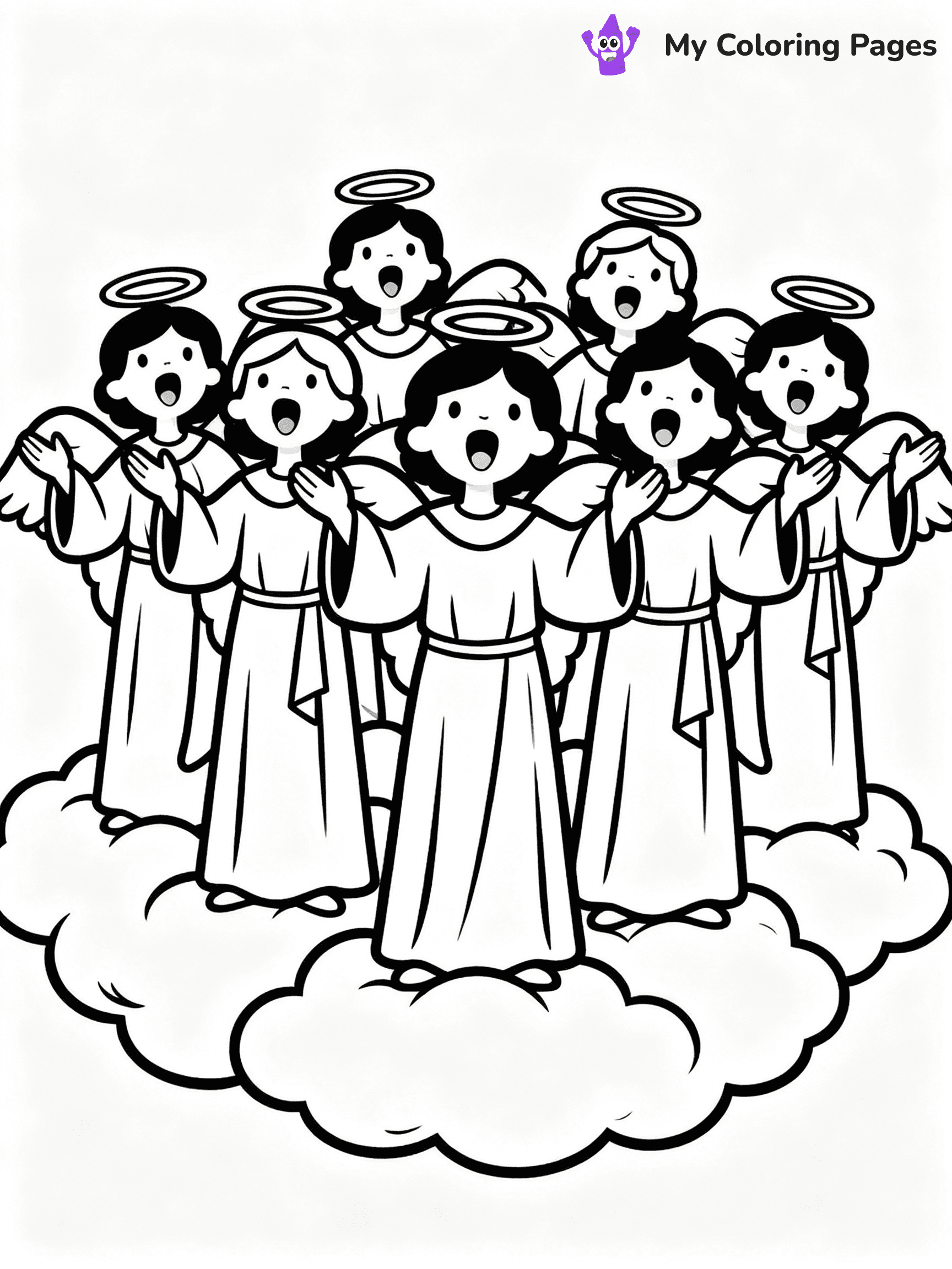 ⚠️ CRITICAL REQUIREMENT - ABSOLUTE BLACK AND WHITE ONLY ⚠️
This MUST be a BLACK AND WHITE line drawing ONLY. NO COLORS whatsoever.
- ONLY pure black lines (#000000) on pure white background (#FFFFFF)
- ABSOLUTELY NO colors, NO shading, NO gradients, NO grayscale
- If there are ANY colors in the output, the image is REJECTED
- This is a COLORING PAGE - meant to be COLORED IN by children
- The output must be UNCOLORED line art ready for coloring
⚠️ SUBJECT TO DRAW: A choir of angels singing above clouds, in Christmas-themed style. PURE OUTLINES. NO FILLS, COLOR, SHADING, OR GREYSCALE. WHITE BACKGROUND.
(REMEMBER: Output must be BLACK AND WHITE line art only, NOT colored!)
# Flat, Friendly Cartoon Line-Art Coloring Page
You are generating a **pure black-and-white binary image** of a child-friendly cartoon scene combining characters and background scenery in one cohesive composition.
## Rendering Rules (Strict)
- Only two colors: pure black (#000000) outlines and pure white (#FFFFFF) background.
- No grayscale, shading, gradients, tints, fills, transparency, or partial pixels.
- No antialiasing or blended edges; every pixel is 100% black or white.
- No solid black fills inside shapes — all areas inside outlines must remain white.
- No dark clothing areas or filled tone blocks; all garments outlined only.
- No shadows, textures, lighting, or tonal variations.
- Must look like flat binary vector line-art for coloring pages.
## Drawing & Composition
- **Medium, consistent line weight**; clean closed outlines easy to color inside.
- **Flat, simple, child-friendly design** — no realism or 3D depth.
- Characters are **grounded on a surface**, centered and large.
- **Balanced composition** with clear silhouettes and minimal props.
## Scenery & Style
- Landmarks (e.g., mosque, CN Tower) and scenery (trees, benches, waves) drawn with **black outlines only.**
- For real-world figures, teams, or places, show accurate details using only black outlines—no text or logos. Use distinctive uniform patterns, abstract symbols, and landmark silhouettes to convey identity.
- Keep **consistent perspective**; no floating elements.
- **Style:** whimsical **Doodle Art Alley** — rounded, friendly outlines.
- May adapt shapes from **Crayola, Disney, Peppa Pig, Cocomelon** — *by shape only, never color.*
- Final output: **flat, crisp, binary (#000000/#FFFFFF)**, **no filled color or background text.**
EXTREMELYE IMPORTANT:
- PURE BINARY LINE-ART; NO FILLS (HAIR/CLOTHES/SKIN), SHADING, OR GREY.
- NO SHADING, COLOR. MUST BE WHITE BACKGROUND.
⚠️ FINAL REMINDER: Draw the subject "A choir of angels singing above clouds, in Christmas-themed style. PURE OUTLINES. NO FILLS, COLOR, SHADING, OR GREYSCALE. WHITE BACKGROUND." as BLACK AND WHITE line art. Zero colors in output.