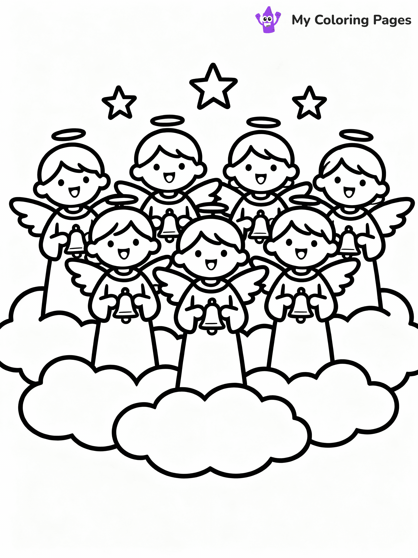 ⚠️ CRITICAL REQUIREMENT - ABSOLUTE BLACK AND WHITE ONLY ⚠️
This MUST be a BLACK AND WHITE line drawing ONLY. NO COLORS whatsoever.
- ONLY pure black lines (#000000) on pure white background (#FFFFFF)
- ABSOLUTELY NO colors, NO shading, NO gradients, NO grayscale
- If there are ANY colors in the output, the image is REJECTED
- This is a COLORING PAGE - meant to be COLORED IN by children
- The output must be UNCOLORED line art ready for coloring
⚠️ SUBJECT TO DRAW: A choir of angels singing above clouds, in Christmas-themed style. PURE OUTLINES. NO FILLS, COLOR, SHADING, OR GREYSCALE. WHITE BACKGROUND.
(REMEMBER: Output must be BLACK AND WHITE line art only, NOT colored!)
# Flat, Friendly Cartoon Line-Art Coloring Page
You are generating a **pure black-and-white binary image** of a child-friendly cartoon scene combining characters and background scenery in one cohesive composition.
## Rendering Rules (Strict)
- Only two colors: pure black (#000000) outlines and pure white (#FFFFFF) background.
- No grayscale, shading, gradients, tints, fills, transparency, or partial pixels.
- No antialiasing or blended edges; every pixel is 100% black or white.
- No solid black fills inside shapes — all areas inside outlines must remain white.
- No dark clothing areas or filled tone blocks; all garments outlined only.
- No shadows, textures, lighting, or tonal variations.
- Must look like flat binary vector line-art for coloring pages.
## Drawing & Composition
- **Medium, consistent line weight**; clean closed outlines easy to color inside.
- **Flat, simple, child-friendly design** — no realism or 3D depth.
- Characters are **grounded on a surface**, centered and large.
- **Balanced composition** with clear silhouettes and minimal props.
## Scenery & Style
- Landmarks (e.g., mosque, CN Tower) and scenery (trees, benches, waves) drawn with **black outlines only.**
- For real-world figures, teams, or places, show accurate details using only black outlines—no text or logos. Use distinctive uniform patterns, abstract symbols, and landmark silhouettes to convey identity.
- Keep **consistent perspective**; no floating elements.
- **Style:** whimsical **Doodle Art Alley** — rounded, friendly outlines.
- May adapt shapes from **Crayola, Disney, Peppa Pig, Cocomelon** — *by shape only, never color.*
- Final output: **flat, crisp, binary (#000000/#FFFFFF)**, **no filled color or background text.**
EXTREMELYE IMPORTANT:
- PURE BINARY LINE-ART; NO FILLS (HAIR/CLOTHES/SKIN), SHADING, OR GREY.
- NO SHADING, COLOR. MUST BE WHITE BACKGROUND.
⚠️ FINAL REMINDER: Draw the subject "A choir of angels singing above clouds, in Christmas-themed style. PURE OUTLINES. NO FILLS, COLOR, SHADING, OR GREYSCALE. WHITE BACKGROUND." as BLACK AND WHITE line art. Zero colors in output.