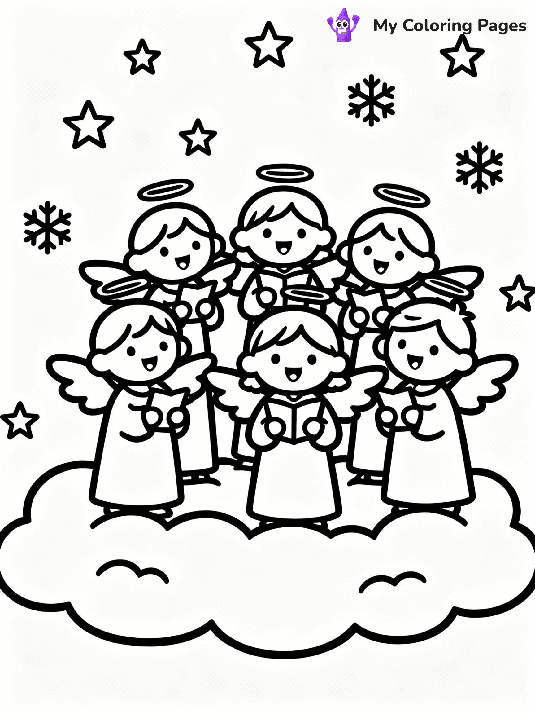 ⚠️ CRITICAL REQUIREMENT - ABSOLUTE BLACK AND WHITE ONLY ⚠️
This MUST be a BLACK AND WHITE line drawing ONLY. NO COLORS whatsoever.
- ONLY pure black lines (#000000) on pure white background (#FFFFFF)
- ABSOLUTELY NO colors, NO shading, NO gradients, NO grayscale
- If there are ANY colors in the output, the image is REJECTED
- This is a COLORING PAGE - meant to be COLORED IN by children
- The output must be UNCOLORED line art ready for coloring
⚠️ SUBJECT TO DRAW: A choir of angels singing above clouds, in Christmas-themed style. PURE OUTLINES. NO FILLS, COLOR, SHADING, OR GREYSCALE. WHITE BACKGROUND.
(REMEMBER: Output must be BLACK AND WHITE line art only, NOT colored!)
# Flat, Friendly Cartoon Line-Art Coloring Page
You are generating a **pure black-and-white binary image** of a child-friendly cartoon scene combining characters and background scenery in one cohesive composition.
## Rendering Rules (Strict)
- Only two colors: pure black (#000000) outlines and pure white (#FFFFFF) background.
- No grayscale, shading, gradients, tints, fills, transparency, or partial pixels.
- No antialiasing or blended edges; every pixel is 100% black or white.
- No solid black fills inside shapes — all areas inside outlines must remain white.
- No dark clothing areas or filled tone blocks; all garments outlined only.
- No shadows, textures, lighting, or tonal variations.
- Must look like flat binary vector line-art for coloring pages.
## Drawing & Composition
- **Medium, consistent line weight**; clean closed outlines easy to color inside.
- **Flat, simple, child-friendly design** — no realism or 3D depth.
- Characters are **grounded on a surface**, centered and large.
- **Balanced composition** with clear silhouettes and minimal props.
## Scenery & Style
- Landmarks (e.g., mosque, CN Tower) and scenery (trees, benches, waves) drawn with **black outlines only.**
- For real-world figures, teams, or places, show accurate details using only black outlines—no text or logos. Use distinctive uniform patterns, abstract symbols, and landmark silhouettes to convey identity.
- Keep **consistent perspective**; no floating elements.
- **Style:** whimsical **Doodle Art Alley** — rounded, friendly outlines.
- May adapt shapes from **Crayola, Disney, Peppa Pig, Cocomelon** — *by shape only, never color.*
- Final output: **flat, crisp, binary (#000000/#FFFFFF)**, **no filled color or background text.**
EXTREMELYE IMPORTANT:
- PURE BINARY LINE-ART; NO FILLS (HAIR/CLOTHES/SKIN), SHADING, OR GREY.
- NO SHADING, COLOR. MUST BE WHITE BACKGROUND.
⚠️ FINAL REMINDER: Draw the subject "A choir of angels singing above clouds, in Christmas-themed style. PURE OUTLINES. NO FILLS, COLOR, SHADING, OR GREYSCALE. WHITE BACKGROUND." as BLACK AND WHITE line art. Zero colors in output.