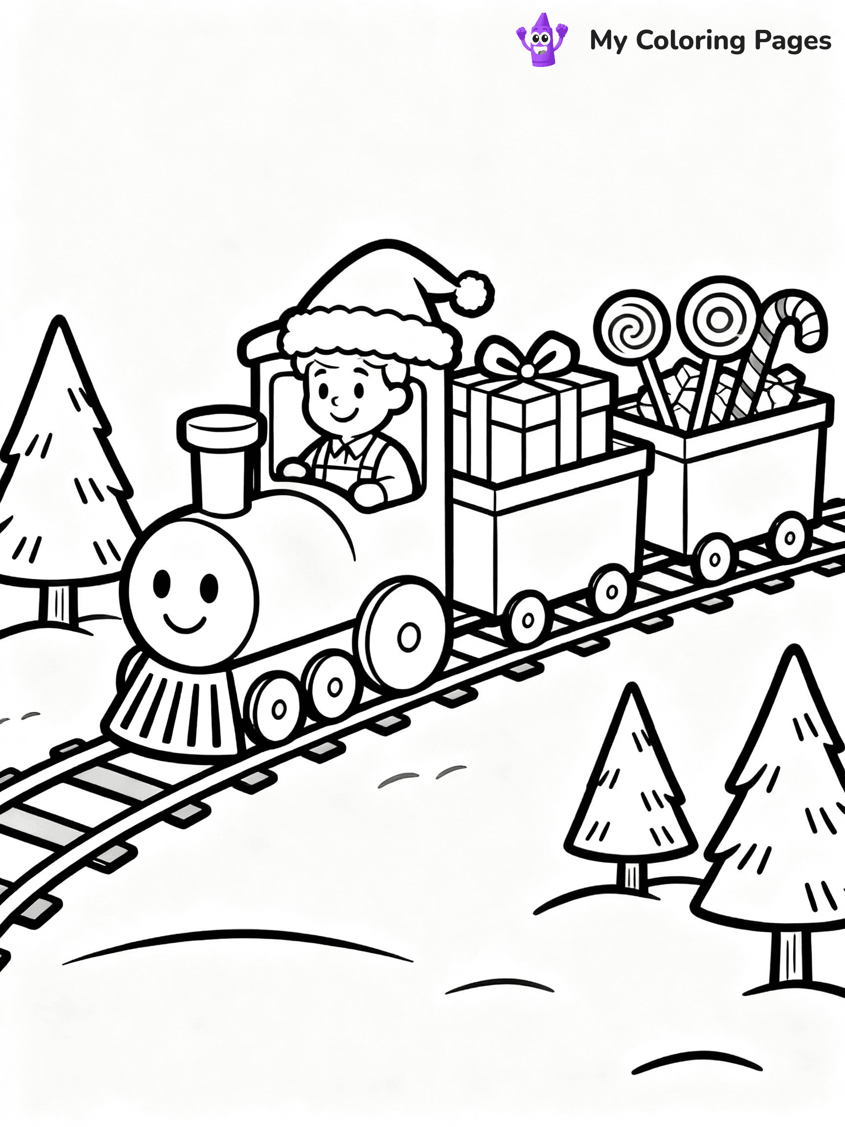 ⚠️ CRITICAL REQUIREMENT - ABSOLUTE BLACK AND WHITE ONLY ⚠️
This MUST be a BLACK AND WHITE line drawing ONLY. NO COLORS whatsoever.
- ONLY pure black lines (#000000) on pure white background (#FFFFFF)
- ABSOLUTELY NO colors, NO shading, NO gradients, NO grayscale
- If there are ANY colors in the output, the image is REJECTED
- This is a COLORING PAGE - meant to be COLORED IN by children
- The output must be UNCOLORED line art ready for coloring
⚠️ SUBJECT TO DRAW: A Christmas train carrying gifts and candy, in Christmas-themed style. PURE OUTLINES. NO FILLS, COLOR, SHADING, OR GREYSCALE. WHITE BACKGROUND.
(REMEMBER: Output must be BLACK AND WHITE line art only, NOT colored!)
# Flat, Friendly Cartoon Line-Art Coloring Page
You are generating a **pure black-and-white binary image** of a child-friendly cartoon scene combining characters and background scenery in one cohesive composition.
## Rendering Rules (Strict)
- Only two colors: pure black (#000000) outlines and pure white (#FFFFFF) background.
- No grayscale, shading, gradients, tints, fills, transparency, or partial pixels.
- No antialiasing or blended edges; every pixel is 100% black or white.
- No solid black fills inside shapes — all areas inside outlines must remain white.
- No dark clothing areas or filled tone blocks; all garments outlined only.
- No shadows, textures, lighting, or tonal variations.
- Must look like flat binary vector line-art for coloring pages.
## Drawing & Composition
- **Medium, consistent line weight**; clean closed outlines easy to color inside.
- **Flat, simple, child-friendly design** — no realism or 3D depth.
- Characters are **grounded on a surface**, centered and large.
- **Balanced composition** with clear silhouettes and minimal props.
## Scenery & Style
- Landmarks (e.g., mosque, CN Tower) and scenery (trees, benches, waves) drawn with **black outlines only.**
- For real-world figures, teams, or places, show accurate details using only black outlines—no text or logos. Use distinctive uniform patterns, abstract symbols, and landmark silhouettes to convey identity.
- Keep **consistent perspective**; no floating elements.
- **Style:** whimsical **Doodle Art Alley** — rounded, friendly outlines.
- May adapt shapes from **Crayola, Disney, Peppa Pig, Cocomelon** — *by shape only, never color.*
- Final output: **flat, crisp, binary (#000000/#FFFFFF)**, **no filled color or background text.**
EXTREMELYE IMPORTANT:
- PURE BINARY LINE-ART; NO FILLS (HAIR/CLOTHES/SKIN), SHADING, OR GREY.
- NO SHADING, COLOR. MUST BE WHITE BACKGROUND.
⚠️ FINAL REMINDER: Draw the subject "A Christmas train carrying gifts and candy, in Christmas-themed style. PURE OUTLINES. NO FILLS, COLOR, SHADING, OR GREYSCALE. WHITE BACKGROUND." as BLACK AND WHITE line art. Zero colors in output.