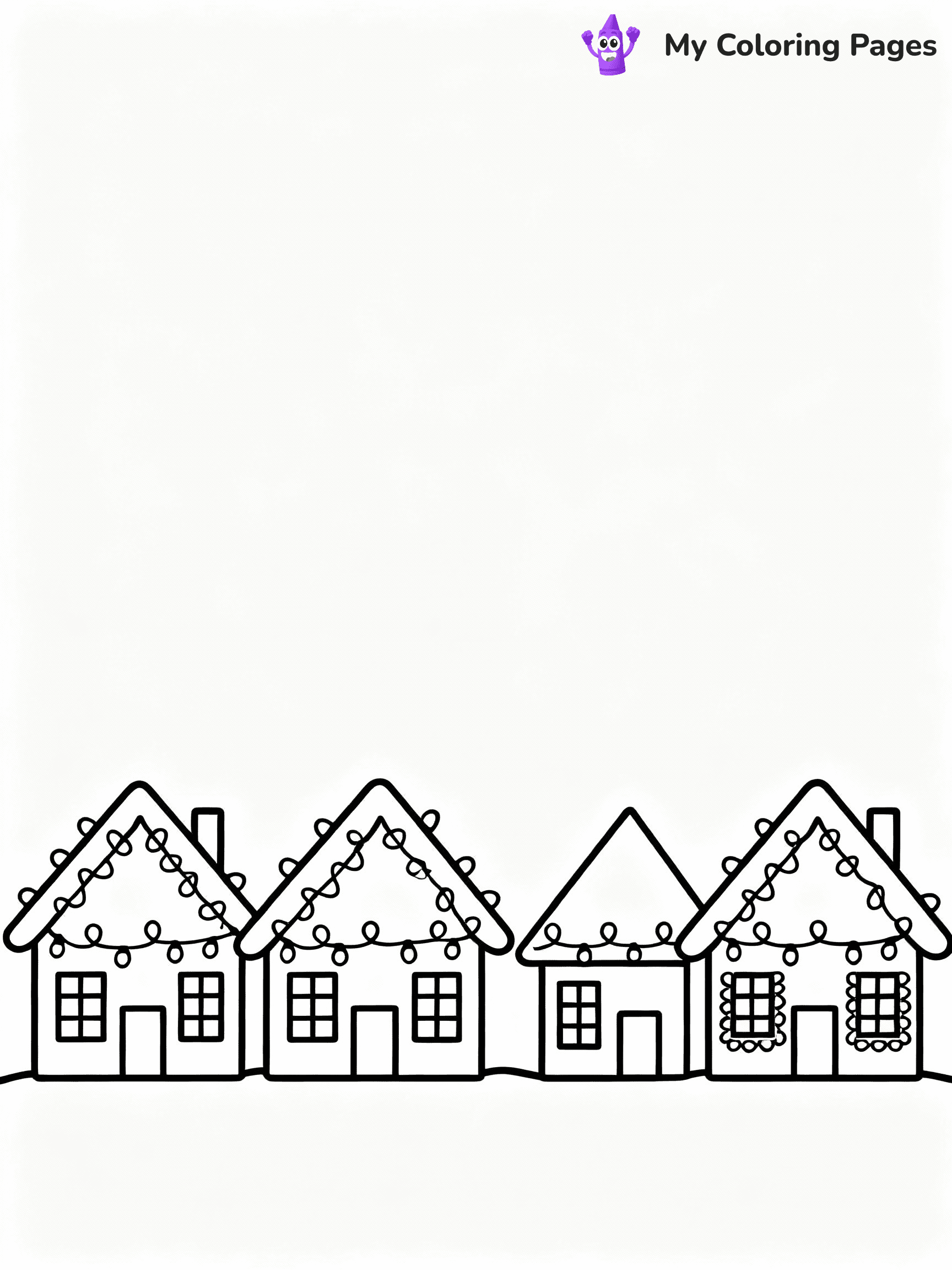 ⚠️ CRITICAL REQUIREMENT - ABSOLUTE BLACK AND WHITE ONLY ⚠️
This MUST be a BLACK AND WHITE line drawing ONLY. NO COLORS whatsoever.
- ONLY pure black lines (#000000) on pure white background (#FFFFFF)
- ABSOLUTELY NO colors, NO shading, NO gradients, NO grayscale
- If there are ANY colors in the output, the image is REJECTED
- This is a COLORING PAGE - meant to be COLORED IN by children
- The output must be UNCOLORED line art ready for coloring
⚠️ SUBJECT TO DRAW: A row of houses decorated with Christmas lights, in Christmas-themed style. PURE OUTLINES. NO FILLS, COLOR, SHADING, OR GREYSCALE. WHITE BACKGROUND.
(REMEMBER: Output must be BLACK AND WHITE line art only, NOT colored!)
# Flat, Friendly Cartoon Line-Art Coloring Page
You are generating a **pure black-and-white binary image** of a child-friendly cartoon scene combining characters and background scenery in one cohesive composition.
## Rendering Rules (Strict)
- Only two colors: pure black (#000000) outlines and pure white (#FFFFFF) background.
- No grayscale, shading, gradients, tints, fills, transparency, or partial pixels.
- No antialiasing or blended edges; every pixel is 100% black or white.
- No solid black fills inside shapes — all areas inside outlines must remain white.
- No dark clothing areas or filled tone blocks; all garments outlined only.
- No shadows, textures, lighting, or tonal variations.
- Must look like flat binary vector line-art for coloring pages.
## Drawing & Composition
- **Medium, consistent line weight**; clean closed outlines easy to color inside.
- **Flat, simple, child-friendly design** — no realism or 3D depth.
- Characters are **grounded on a surface**, centered and large.
- **Balanced composition** with clear silhouettes and minimal props.
## Scenery & Style
- Landmarks (e.g., mosque, CN Tower) and scenery (trees, benches, waves) drawn with **black outlines only.**
- For real-world figures, teams, or places, show accurate details using only black outlines—no text or logos. Use distinctive uniform patterns, abstract symbols, and landmark silhouettes to convey identity.
- Keep **consistent perspective**; no floating elements.
- **Style:** whimsical **Doodle Art Alley** — rounded, friendly outlines.
- May adapt shapes from **Crayola, Disney, Peppa Pig, Cocomelon** — *by shape only, never color.*
- Final output: **flat, crisp, binary (#000000/#FFFFFF)**, **no filled color or background text.**
EXTREMELYE IMPORTANT:
- PURE BINARY LINE-ART; NO FILLS (HAIR/CLOTHES/SKIN), SHADING, OR GREY.
- NO SHADING, COLOR. MUST BE WHITE BACKGROUND.
⚠️ FINAL REMINDER: Draw the subject "A row of houses decorated with Christmas lights, in Christmas-themed style. PURE OUTLINES. NO FILLS, COLOR, SHADING, OR GREYSCALE. WHITE BACKGROUND." as BLACK AND WHITE line art. Zero colors in output.