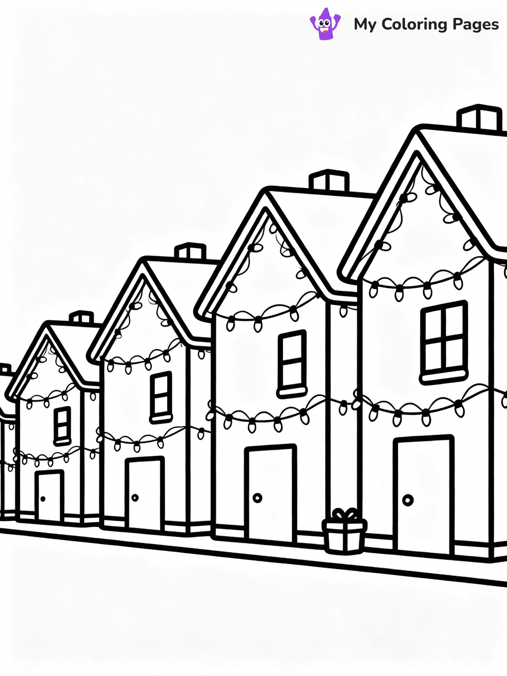 ⚠️ CRITICAL REQUIREMENT - ABSOLUTE BLACK AND WHITE ONLY ⚠️
This MUST be a BLACK AND WHITE line drawing ONLY. NO COLORS whatsoever.
- ONLY pure black lines (#000000) on pure white background (#FFFFFF)
- ABSOLUTELY NO colors, NO shading, NO gradients, NO grayscale
- If there are ANY colors in the output, the image is REJECTED
- This is a COLORING PAGE - meant to be COLORED IN by children
- The output must be UNCOLORED line art ready for coloring
⚠️ SUBJECT TO DRAW: A row of houses decorated with Christmas lights, in Christmas-themed style. PURE OUTLINES. NO FILLS, COLOR, SHADING, OR GREYSCALE. WHITE BACKGROUND.
(REMEMBER: Output must be BLACK AND WHITE line art only, NOT colored!)
# Flat, Friendly Cartoon Line-Art Coloring Page
You are generating a **pure black-and-white binary image** of a child-friendly cartoon scene combining characters and background scenery in one cohesive composition.
## Rendering Rules (Strict)
- Only two colors: pure black (#000000) outlines and pure white (#FFFFFF) background.
- No grayscale, shading, gradients, tints, fills, transparency, or partial pixels.
- No antialiasing or blended edges; every pixel is 100% black or white.
- No solid black fills inside shapes — all areas inside outlines must remain white.
- No dark clothing areas or filled tone blocks; all garments outlined only.
- No shadows, textures, lighting, or tonal variations.
- Must look like flat binary vector line-art for coloring pages.
## Drawing & Composition
- **Medium, consistent line weight**; clean closed outlines easy to color inside.
- **Flat, simple, child-friendly design** — no realism or 3D depth.
- Characters are **grounded on a surface**, centered and large.
- **Balanced composition** with clear silhouettes and minimal props.
## Scenery & Style
- Landmarks (e.g., mosque, CN Tower) and scenery (trees, benches, waves) drawn with **black outlines only.**
- For real-world figures, teams, or places, show accurate details using only black outlines—no text or logos. Use distinctive uniform patterns, abstract symbols, and landmark silhouettes to convey identity.
- Keep **consistent perspective**; no floating elements.
- **Style:** whimsical **Doodle Art Alley** — rounded, friendly outlines.
- May adapt shapes from **Crayola, Disney, Peppa Pig, Cocomelon** — *by shape only, never color.*
- Final output: **flat, crisp, binary (#000000/#FFFFFF)**, **no filled color or background text.**
EXTREMELYE IMPORTANT:
- PURE BINARY LINE-ART; NO FILLS (HAIR/CLOTHES/SKIN), SHADING, OR GREY.
- NO SHADING, COLOR. MUST BE WHITE BACKGROUND.
⚠️ FINAL REMINDER: Draw the subject "A row of houses decorated with Christmas lights, in Christmas-themed style. PURE OUTLINES. NO FILLS, COLOR, SHADING, OR GREYSCALE. WHITE BACKGROUND." as BLACK AND WHITE line art. Zero colors in output.