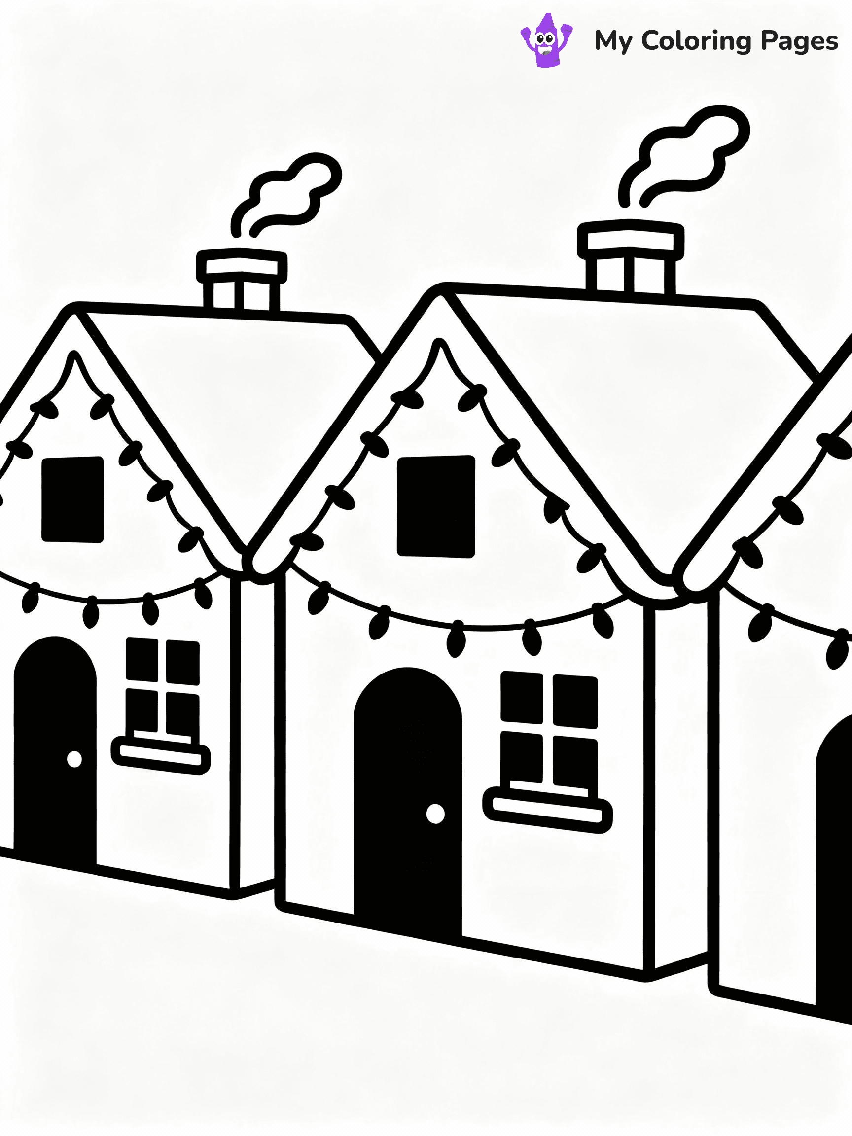 ⚠️ CRITICAL REQUIREMENT - ABSOLUTE BLACK AND WHITE ONLY ⚠️
This MUST be a BLACK AND WHITE line drawing ONLY. NO COLORS whatsoever.
- ONLY pure black lines (#000000) on pure white background (#FFFFFF)
- ABSOLUTELY NO colors, NO shading, NO gradients, NO grayscale
- If there are ANY colors in the output, the image is REJECTED
- This is a COLORING PAGE - meant to be COLORED IN by children
- The output must be UNCOLORED line art ready for coloring
⚠️ SUBJECT TO DRAW: A row of houses decorated with Christmas lights, in Christmas-themed style. PURE OUTLINES. NO FILLS, COLOR, SHADING, OR GREYSCALE. WHITE BACKGROUND.
(REMEMBER: Output must be BLACK AND WHITE line art only, NOT colored!)
# Flat, Friendly Cartoon Line-Art Coloring Page
You are generating a **pure black-and-white binary image** of a child-friendly cartoon scene combining characters and background scenery in one cohesive composition.
## Rendering Rules (Strict)
- Only two colors: pure black (#000000) outlines and pure white (#FFFFFF) background.
- No grayscale, shading, gradients, tints, fills, transparency, or partial pixels.
- No antialiasing or blended edges; every pixel is 100% black or white.
- No solid black fills inside shapes — all areas inside outlines must remain white.
- No dark clothing areas or filled tone blocks; all garments outlined only.
- No shadows, textures, lighting, or tonal variations.
- Must look like flat binary vector line-art for coloring pages.
## Drawing & Composition
- **Medium, consistent line weight**; clean closed outlines easy to color inside.
- **Flat, simple, child-friendly design** — no realism or 3D depth.
- Characters are **grounded on a surface**, centered and large.
- **Balanced composition** with clear silhouettes and minimal props.
## Scenery & Style
- Landmarks (e.g., mosque, CN Tower) and scenery (trees, benches, waves) drawn with **black outlines only.**
- For real-world figures, teams, or places, show accurate details using only black outlines—no text or logos. Use distinctive uniform patterns, abstract symbols, and landmark silhouettes to convey identity.
- Keep **consistent perspective**; no floating elements.
- **Style:** whimsical **Doodle Art Alley** — rounded, friendly outlines.
- May adapt shapes from **Crayola, Disney, Peppa Pig, Cocomelon** — *by shape only, never color.*
- Final output: **flat, crisp, binary (#000000/#FFFFFF)**, **no filled color or background text.**
EXTREMELYE IMPORTANT:
- PURE BINARY LINE-ART; NO FILLS (HAIR/CLOTHES/SKIN), SHADING, OR GREY.
- NO SHADING, COLOR. MUST BE WHITE BACKGROUND.
⚠️ FINAL REMINDER: Draw the subject "A row of houses decorated with Christmas lights, in Christmas-themed style. PURE OUTLINES. NO FILLS, COLOR, SHADING, OR GREYSCALE. WHITE BACKGROUND." as BLACK AND WHITE line art. Zero colors in output.