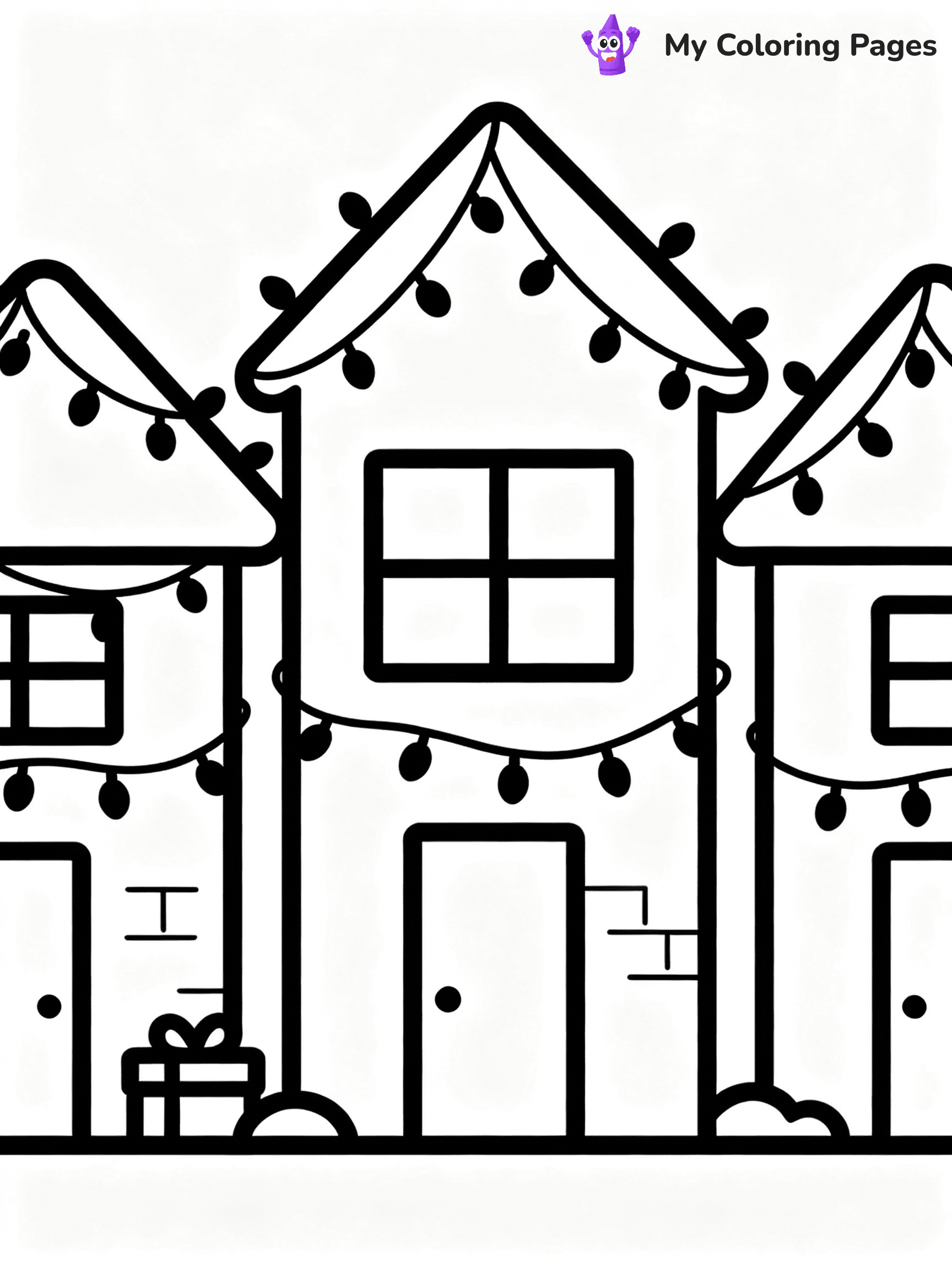 ⚠️ CRITICAL REQUIREMENT - ABSOLUTE BLACK AND WHITE ONLY ⚠️
This MUST be a BLACK AND WHITE line drawing ONLY. NO COLORS whatsoever.
- ONLY pure black lines (#000000) on pure white background (#FFFFFF)
- ABSOLUTELY NO colors, NO shading, NO gradients, NO grayscale
- If there are ANY colors in the output, the image is REJECTED
- This is a COLORING PAGE - meant to be COLORED IN by children
- The output must be UNCOLORED line art ready for coloring
⚠️ SUBJECT TO DRAW: A row of houses decorated with Christmas lights, in Christmas-themed style. PURE OUTLINES. NO FILLS, COLOR, SHADING, OR GREYSCALE. WHITE BACKGROUND.
(REMEMBER: Output must be BLACK AND WHITE line art only, NOT colored!)
# Flat, Friendly Cartoon Line-Art Coloring Page
You are generating a **pure black-and-white binary image** of a child-friendly cartoon scene combining characters and background scenery in one cohesive composition.
## Rendering Rules (Strict)
- Only two colors: pure black (#000000) outlines and pure white (#FFFFFF) background.
- No grayscale, shading, gradients, tints, fills, transparency, or partial pixels.
- No antialiasing or blended edges; every pixel is 100% black or white.
- No solid black fills inside shapes — all areas inside outlines must remain white.
- No dark clothing areas or filled tone blocks; all garments outlined only.
- No shadows, textures, lighting, or tonal variations.
- Must look like flat binary vector line-art for coloring pages.
## Drawing & Composition
- **Medium, consistent line weight**; clean closed outlines easy to color inside.
- **Flat, simple, child-friendly design** — no realism or 3D depth.
- Characters are **grounded on a surface**, centered and large.
- **Balanced composition** with clear silhouettes and minimal props.
## Scenery & Style
- Landmarks (e.g., mosque, CN Tower) and scenery (trees, benches, waves) drawn with **black outlines only.**
- For real-world figures, teams, or places, show accurate details using only black outlines—no text or logos. Use distinctive uniform patterns, abstract symbols, and landmark silhouettes to convey identity.
- Keep **consistent perspective**; no floating elements.
- **Style:** whimsical **Doodle Art Alley** — rounded, friendly outlines.
- May adapt shapes from **Crayola, Disney, Peppa Pig, Cocomelon** — *by shape only, never color.*
- Final output: **flat, crisp, binary (#000000/#FFFFFF)**, **no filled color or background text.**
EXTREMELYE IMPORTANT:
- PURE BINARY LINE-ART; NO FILLS (HAIR/CLOTHES/SKIN), SHADING, OR GREY.
- NO SHADING, COLOR. MUST BE WHITE BACKGROUND.
⚠️ FINAL REMINDER: Draw the subject "A row of houses decorated with Christmas lights, in Christmas-themed style. PURE OUTLINES. NO FILLS, COLOR, SHADING, OR GREYSCALE. WHITE BACKGROUND." as BLACK AND WHITE line art. Zero colors in output.