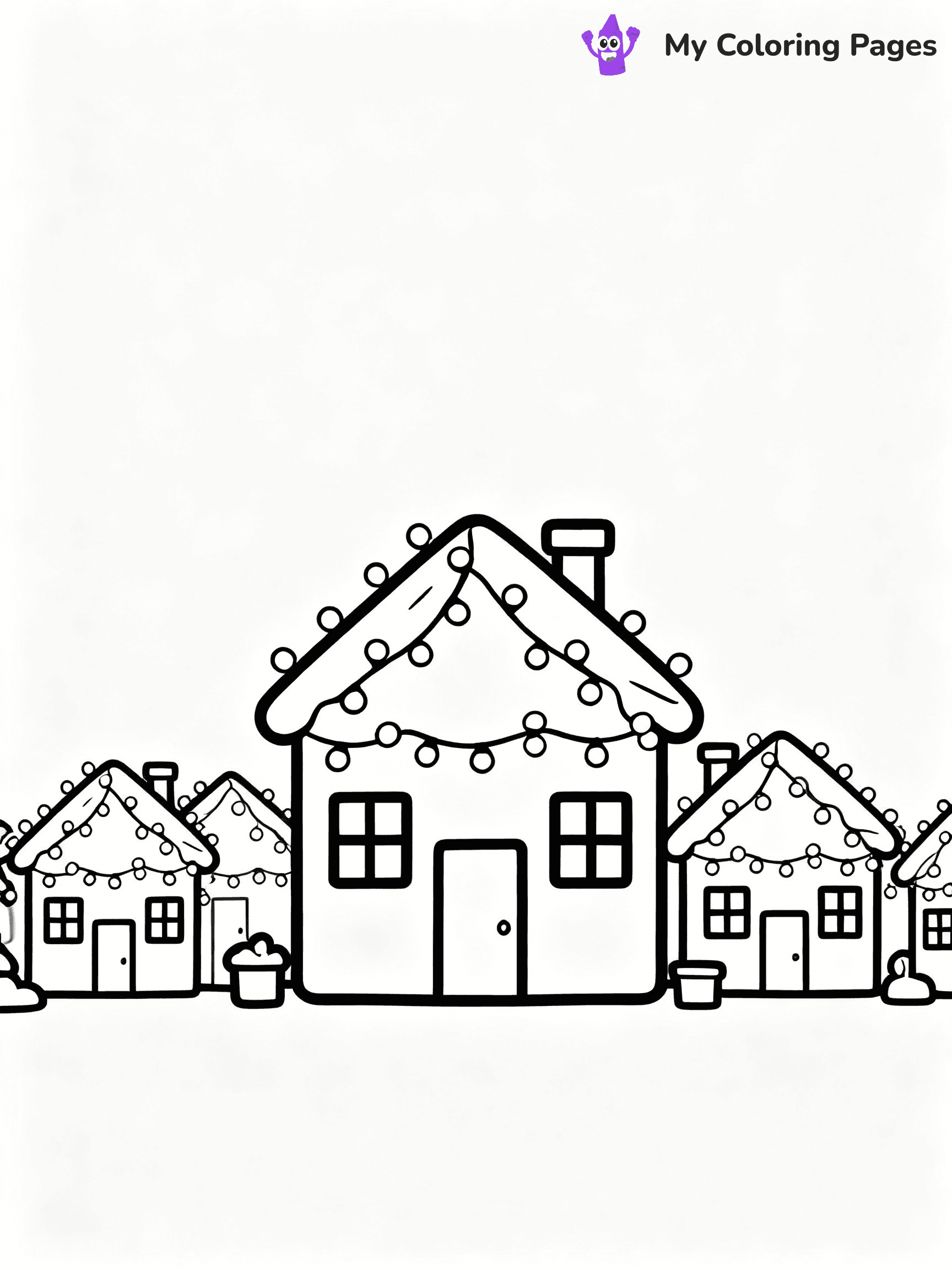 ⚠️ CRITICAL REQUIREMENT - ABSOLUTE BLACK AND WHITE ONLY ⚠️
This MUST be a BLACK AND WHITE line drawing ONLY. NO COLORS whatsoever.
- ONLY pure black lines (#000000) on pure white background (#FFFFFF)
- ABSOLUTELY NO colors, NO shading, NO gradients, NO grayscale
- If there are ANY colors in the output, the image is REJECTED
- This is a COLORING PAGE - meant to be COLORED IN by children
- The output must be UNCOLORED line art ready for coloring
⚠️ SUBJECT TO DRAW: A row of houses decorated with Christmas lights, in Christmas-themed style. PURE OUTLINES. NO FILLS, COLOR, SHADING, OR GREYSCALE. WHITE BACKGROUND.
(REMEMBER: Output must be BLACK AND WHITE line art only, NOT colored!)
# Flat, Friendly Cartoon Line-Art Coloring Page
You are generating a **pure black-and-white binary image** of a child-friendly cartoon scene combining characters and background scenery in one cohesive composition.
## Rendering Rules (Strict)
- Only two colors: pure black (#000000) outlines and pure white (#FFFFFF) background.
- No grayscale, shading, gradients, tints, fills, transparency, or partial pixels.
- No antialiasing or blended edges; every pixel is 100% black or white.
- No solid black fills inside shapes — all areas inside outlines must remain white.
- No dark clothing areas or filled tone blocks; all garments outlined only.
- No shadows, textures, lighting, or tonal variations.
- Must look like flat binary vector line-art for coloring pages.
## Drawing & Composition
- **Medium, consistent line weight**; clean closed outlines easy to color inside.
- **Flat, simple, child-friendly design** — no realism or 3D depth.
- Characters are **grounded on a surface**, centered and large.
- **Balanced composition** with clear silhouettes and minimal props.
## Scenery & Style
- Landmarks (e.g., mosque, CN Tower) and scenery (trees, benches, waves) drawn with **black outlines only.**
- For real-world figures, teams, or places, show accurate details using only black outlines—no text or logos. Use distinctive uniform patterns, abstract symbols, and landmark silhouettes to convey identity.
- Keep **consistent perspective**; no floating elements.
- **Style:** whimsical **Doodle Art Alley** — rounded, friendly outlines.
- May adapt shapes from **Crayola, Disney, Peppa Pig, Cocomelon** — *by shape only, never color.*
- Final output: **flat, crisp, binary (#000000/#FFFFFF)**, **no filled color or background text.**
EXTREMELYE IMPORTANT:
- PURE BINARY LINE-ART; NO FILLS (HAIR/CLOTHES/SKIN), SHADING, OR GREY.
- NO SHADING, COLOR. MUST BE WHITE BACKGROUND.
⚠️ FINAL REMINDER: Draw the subject "A row of houses decorated with Christmas lights, in Christmas-themed style. PURE OUTLINES. NO FILLS, COLOR, SHADING, OR GREYSCALE. WHITE BACKGROUND." as BLACK AND WHITE line art. Zero colors in output.