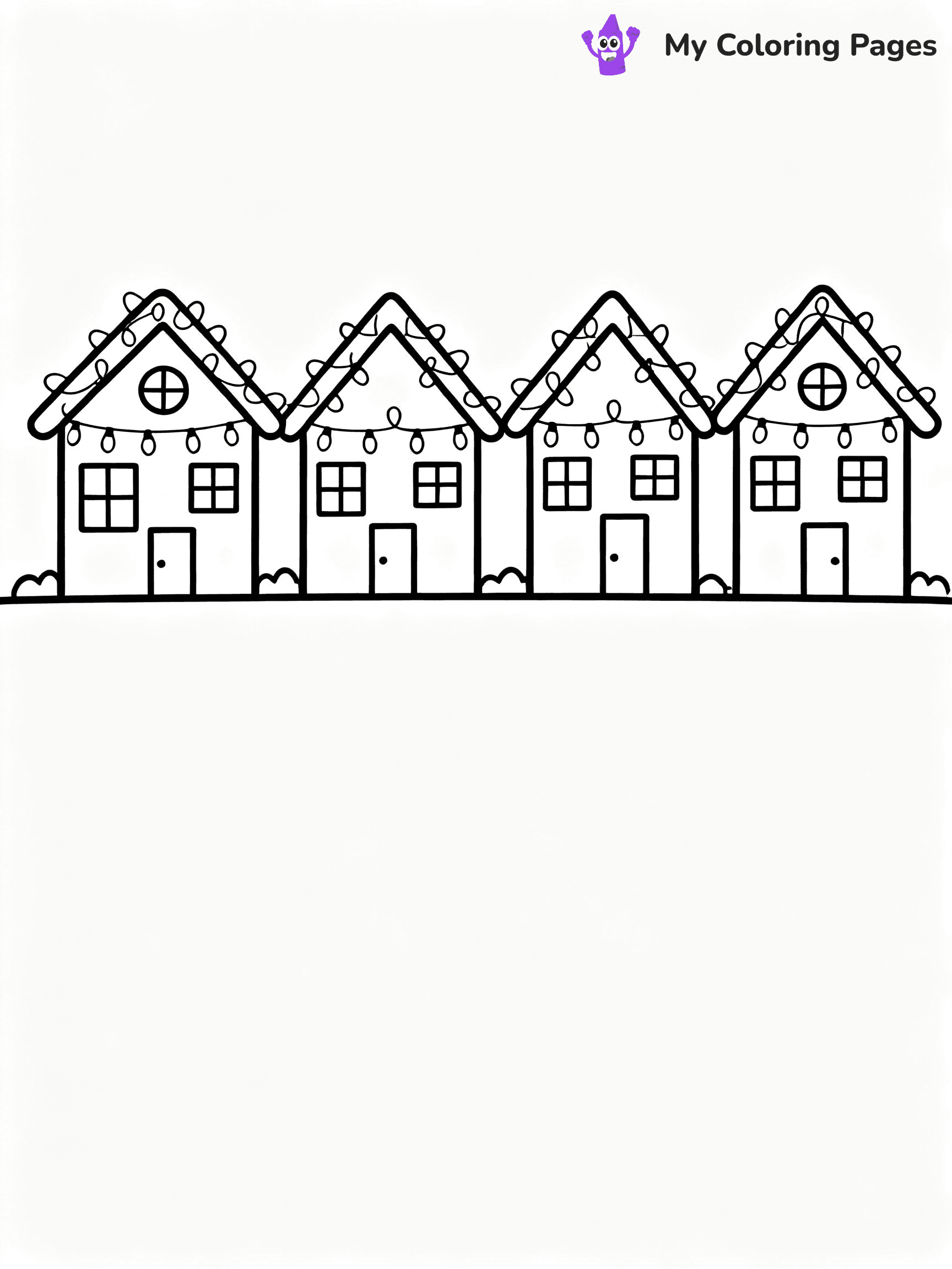 ⚠️ CRITICAL REQUIREMENT - ABSOLUTE BLACK AND WHITE ONLY ⚠️
This MUST be a BLACK AND WHITE line drawing ONLY. NO COLORS whatsoever.
- ONLY pure black lines (#000000) on pure white background (#FFFFFF)
- ABSOLUTELY NO colors, NO shading, NO gradients, NO grayscale
- If there are ANY colors in the output, the image is REJECTED
- This is a COLORING PAGE - meant to be COLORED IN by children
- The output must be UNCOLORED line art ready for coloring
⚠️ SUBJECT TO DRAW: A row of houses decorated with Christmas lights, in Christmas-themed style. PURE OUTLINES. NO FILLS, COLOR, SHADING, OR GREYSCALE. WHITE BACKGROUND.
(REMEMBER: Output must be BLACK AND WHITE line art only, NOT colored!)
# Flat, Friendly Cartoon Line-Art Coloring Page
You are generating a **pure black-and-white binary image** of a child-friendly cartoon scene combining characters and background scenery in one cohesive composition.
## Rendering Rules (Strict)
- Only two colors: pure black (#000000) outlines and pure white (#FFFFFF) background.
- No grayscale, shading, gradients, tints, fills, transparency, or partial pixels.
- No antialiasing or blended edges; every pixel is 100% black or white.
- No solid black fills inside shapes — all areas inside outlines must remain white.
- No dark clothing areas or filled tone blocks; all garments outlined only.
- No shadows, textures, lighting, or tonal variations.
- Must look like flat binary vector line-art for coloring pages.
## Drawing & Composition
- **Medium, consistent line weight**; clean closed outlines easy to color inside.
- **Flat, simple, child-friendly design** — no realism or 3D depth.
- Characters are **grounded on a surface**, centered and large.
- **Balanced composition** with clear silhouettes and minimal props.
## Scenery & Style
- Landmarks (e.g., mosque, CN Tower) and scenery (trees, benches, waves) drawn with **black outlines only.**
- For real-world figures, teams, or places, show accurate details using only black outlines—no text or logos. Use distinctive uniform patterns, abstract symbols, and landmark silhouettes to convey identity.
- Keep **consistent perspective**; no floating elements.
- **Style:** whimsical **Doodle Art Alley** — rounded, friendly outlines.
- May adapt shapes from **Crayola, Disney, Peppa Pig, Cocomelon** — *by shape only, never color.*
- Final output: **flat, crisp, binary (#000000/#FFFFFF)**, **no filled color or background text.**
EXTREMELYE IMPORTANT:
- PURE BINARY LINE-ART; NO FILLS (HAIR/CLOTHES/SKIN), SHADING, OR GREY.
- NO SHADING, COLOR. MUST BE WHITE BACKGROUND.
⚠️ FINAL REMINDER: Draw the subject "A row of houses decorated with Christmas lights, in Christmas-themed style. PURE OUTLINES. NO FILLS, COLOR, SHADING, OR GREYSCALE. WHITE BACKGROUND." as BLACK AND WHITE line art. Zero colors in output.