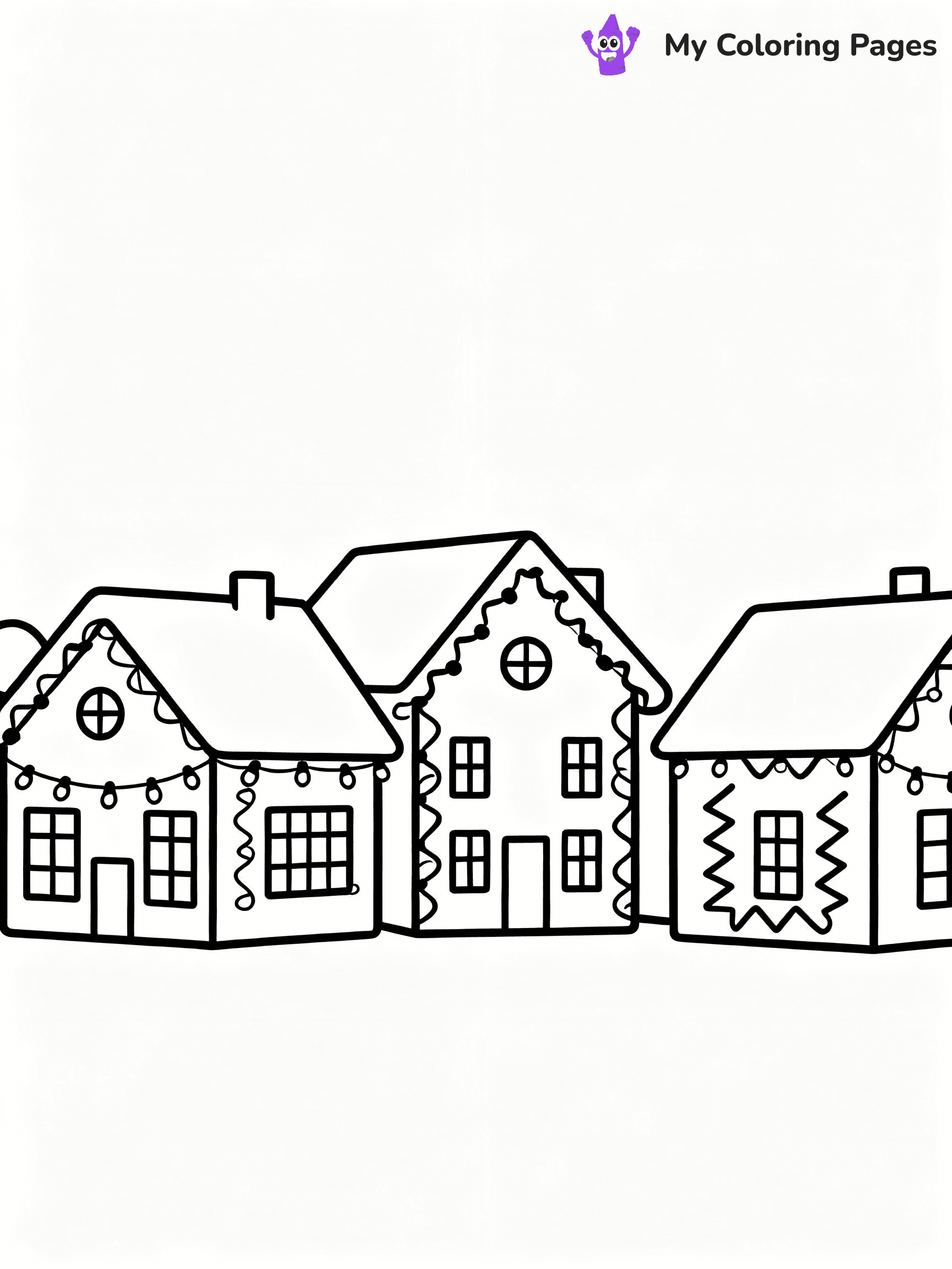 ⚠️ CRITICAL REQUIREMENT - ABSOLUTE BLACK AND WHITE ONLY ⚠️
This MUST be a BLACK AND WHITE line drawing ONLY. NO COLORS whatsoever.
- ONLY pure black lines (#000000) on pure white background (#FFFFFF)
- ABSOLUTELY NO colors, NO shading, NO gradients, NO grayscale
- If there are ANY colors in the output, the image is REJECTED
- This is a COLORING PAGE - meant to be COLORED IN by children
- The output must be UNCOLORED line art ready for coloring
⚠️ SUBJECT TO DRAW: A row of houses decorated with Christmas lights, in Christmas-themed style. PURE OUTLINES. NO FILLS, COLOR, SHADING, OR GREYSCALE. WHITE BACKGROUND.
(REMEMBER: Output must be BLACK AND WHITE line art only, NOT colored!)
# Flat, Friendly Cartoon Line-Art Coloring Page
You are generating a **pure black-and-white binary image** of a child-friendly cartoon scene combining characters and background scenery in one cohesive composition.
## Rendering Rules (Strict)
- Only two colors: pure black (#000000) outlines and pure white (#FFFFFF) background.
- No grayscale, shading, gradients, tints, fills, transparency, or partial pixels.
- No antialiasing or blended edges; every pixel is 100% black or white.
- No solid black fills inside shapes — all areas inside outlines must remain white.
- No dark clothing areas or filled tone blocks; all garments outlined only.
- No shadows, textures, lighting, or tonal variations.
- Must look like flat binary vector line-art for coloring pages.
## Drawing & Composition
- **Medium, consistent line weight**; clean closed outlines easy to color inside.
- **Flat, simple, child-friendly design** — no realism or 3D depth.
- Characters are **grounded on a surface**, centered and large.
- **Balanced composition** with clear silhouettes and minimal props.
## Scenery & Style
- Landmarks (e.g., mosque, CN Tower) and scenery (trees, benches, waves) drawn with **black outlines only.**
- For real-world figures, teams, or places, show accurate details using only black outlines—no text or logos. Use distinctive uniform patterns, abstract symbols, and landmark silhouettes to convey identity.
- Keep **consistent perspective**; no floating elements.
- **Style:** whimsical **Doodle Art Alley** — rounded, friendly outlines.
- May adapt shapes from **Crayola, Disney, Peppa Pig, Cocomelon** — *by shape only, never color.*
- Final output: **flat, crisp, binary (#000000/#FFFFFF)**, **no filled color or background text.**
EXTREMELYE IMPORTANT:
- PURE BINARY LINE-ART; NO FILLS (HAIR/CLOTHES/SKIN), SHADING, OR GREY.
- NO SHADING, COLOR. MUST BE WHITE BACKGROUND.
⚠️ FINAL REMINDER: Draw the subject "A row of houses decorated with Christmas lights, in Christmas-themed style. PURE OUTLINES. NO FILLS, COLOR, SHADING, OR GREYSCALE. WHITE BACKGROUND." as BLACK AND WHITE line art. Zero colors in output.