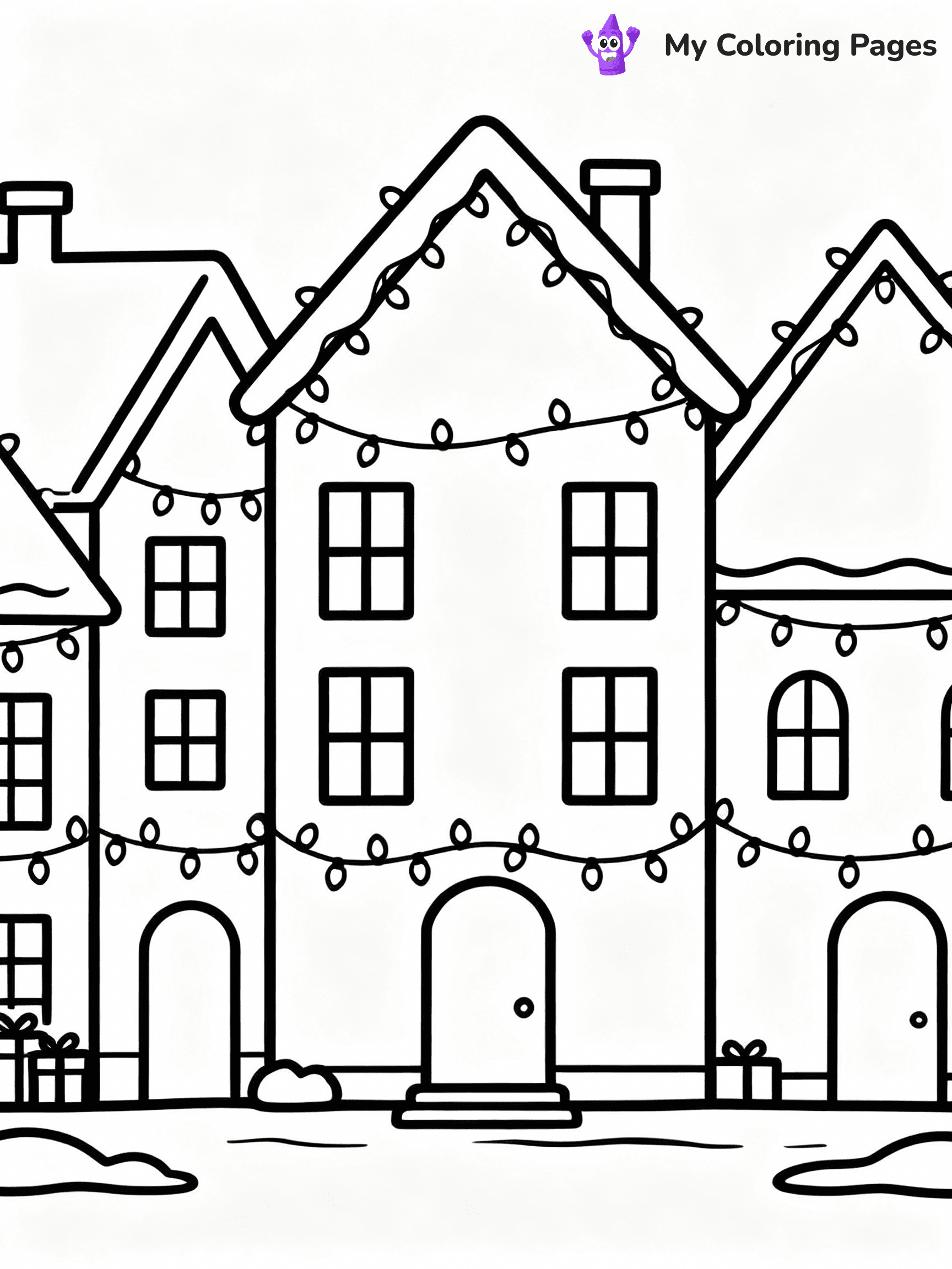 ⚠️ CRITICAL REQUIREMENT - ABSOLUTE BLACK AND WHITE ONLY ⚠️
This MUST be a BLACK AND WHITE line drawing ONLY. NO COLORS whatsoever.
- ONLY pure black lines (#000000) on pure white background (#FFFFFF)
- ABSOLUTELY NO colors, NO shading, NO gradients, NO grayscale
- If there are ANY colors in the output, the image is REJECTED
- This is a COLORING PAGE - meant to be COLORED IN by children
- The output must be UNCOLORED line art ready for coloring
⚠️ SUBJECT TO DRAW: A row of houses decorated with Christmas lights, in Christmas-themed style. PURE OUTLINES. NO FILLS, COLOR, SHADING, OR GREYSCALE. WHITE BACKGROUND.
(REMEMBER: Output must be BLACK AND WHITE line art only, NOT colored!)
# Flat, Friendly Cartoon Line-Art Coloring Page
You are generating a **pure black-and-white binary image** of a child-friendly cartoon scene combining characters and background scenery in one cohesive composition.
## Rendering Rules (Strict)
- Only two colors: pure black (#000000) outlines and pure white (#FFFFFF) background.
- No grayscale, shading, gradients, tints, fills, transparency, or partial pixels.
- No antialiasing or blended edges; every pixel is 100% black or white.
- No solid black fills inside shapes — all areas inside outlines must remain white.
- No dark clothing areas or filled tone blocks; all garments outlined only.
- No shadows, textures, lighting, or tonal variations.
- Must look like flat binary vector line-art for coloring pages.
## Drawing & Composition
- **Medium, consistent line weight**; clean closed outlines easy to color inside.
- **Flat, simple, child-friendly design** — no realism or 3D depth.
- Characters are **grounded on a surface**, centered and large.
- **Balanced composition** with clear silhouettes and minimal props.
## Scenery & Style
- Landmarks (e.g., mosque, CN Tower) and scenery (trees, benches, waves) drawn with **black outlines only.**
- For real-world figures, teams, or places, show accurate details using only black outlines—no text or logos. Use distinctive uniform patterns, abstract symbols, and landmark silhouettes to convey identity.
- Keep **consistent perspective**; no floating elements.
- **Style:** whimsical **Doodle Art Alley** — rounded, friendly outlines.
- May adapt shapes from **Crayola, Disney, Peppa Pig, Cocomelon** — *by shape only, never color.*
- Final output: **flat, crisp, binary (#000000/#FFFFFF)**, **no filled color or background text.**
EXTREMELYE IMPORTANT:
- PURE BINARY LINE-ART; NO FILLS (HAIR/CLOTHES/SKIN), SHADING, OR GREY.
- NO SHADING, COLOR. MUST BE WHITE BACKGROUND.
⚠️ FINAL REMINDER: Draw the subject "A row of houses decorated with Christmas lights, in Christmas-themed style. PURE OUTLINES. NO FILLS, COLOR, SHADING, OR GREYSCALE. WHITE BACKGROUND." as BLACK AND WHITE line art. Zero colors in output.