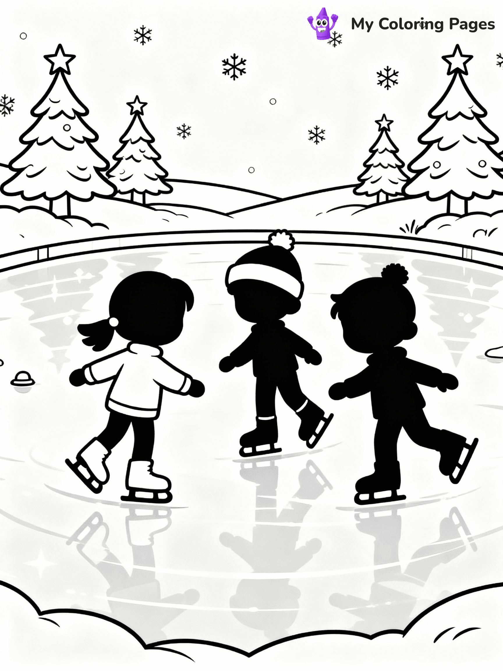 ⚠️ CRITICAL REQUIREMENT - ABSOLUTE BLACK AND WHITE ONLY ⚠️
This MUST be a BLACK AND WHITE line drawing ONLY. NO COLORS whatsoever.
- ONLY pure black lines (#000000) on pure white background (#FFFFFF)
- ABSOLUTELY NO colors, NO shading, NO gradients, NO grayscale
- If there are ANY colors in the output, the image is REJECTED
- This is a COLORING PAGE - meant to be COLORED IN by children
- The output must be UNCOLORED line art ready for coloring
⚠️ SUBJECT TO DRAW: Kids ice skating on a frozen pond, in Christmas-themed style. PURE OUTLINES. NO FILLS, COLOR, SHADING, OR GREYSCALE. WHITE BACKGROUND.
(REMEMBER: Output must be BLACK AND WHITE line art only, NOT colored!)
# Flat, Friendly Cartoon Line-Art Coloring Page
You are generating a **pure black-and-white binary image** of a child-friendly cartoon scene combining characters and background scenery in one cohesive composition.
## Rendering Rules (Strict)
- Only two colors: pure black (#000000) outlines and pure white (#FFFFFF) background.
- No grayscale, shading, gradients, tints, fills, transparency, or partial pixels.
- No antialiasing or blended edges; every pixel is 100% black or white.
- No solid black fills inside shapes — all areas inside outlines must remain white.
- No dark clothing areas or filled tone blocks; all garments outlined only.
- No shadows, textures, lighting, or tonal variations.
- Must look like flat binary vector line-art for coloring pages.
## Drawing & Composition
- **Medium, consistent line weight**; clean closed outlines easy to color inside.
- **Flat, simple, child-friendly design** — no realism or 3D depth.
- Characters are **grounded on a surface**, centered and large.
- **Balanced composition** with clear silhouettes and minimal props.
## Scenery & Style
- Landmarks (e.g., mosque, CN Tower) and scenery (trees, benches, waves) drawn with **black outlines only.**
- For real-world figures, teams, or places, show accurate details using only black outlines—no text or logos. Use distinctive uniform patterns, abstract symbols, and landmark silhouettes to convey identity.
- Keep **consistent perspective**; no floating elements.
- **Style:** whimsical **Doodle Art Alley** — rounded, friendly outlines.
- May adapt shapes from **Crayola, Disney, Peppa Pig, Cocomelon** — *by shape only, never color.*
- Final output: **flat, crisp, binary (#000000/#FFFFFF)**, **no filled color or background text.**
EXTREMELYE IMPORTANT:
- PURE BINARY LINE-ART; NO FILLS (HAIR/CLOTHES/SKIN), SHADING, OR GREY.
- NO SHADING, COLOR. MUST BE WHITE BACKGROUND.
⚠️ FINAL REMINDER: Draw the subject "Kids ice skating on a frozen pond, in Christmas-themed style. PURE OUTLINES. NO FILLS, COLOR, SHADING, OR GREYSCALE. WHITE BACKGROUND." as BLACK AND WHITE line art. Zero colors in output.