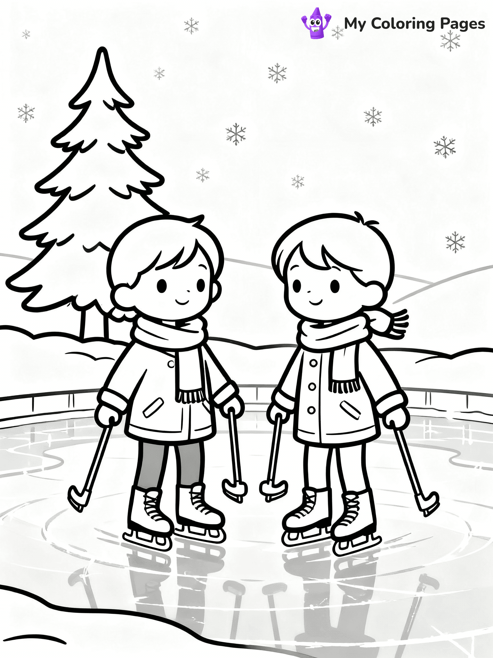 ⚠️ CRITICAL REQUIREMENT - ABSOLUTE BLACK AND WHITE ONLY ⚠️
This MUST be a BLACK AND WHITE line drawing ONLY. NO COLORS whatsoever.
- ONLY pure black lines (#000000) on pure white background (#FFFFFF)
- ABSOLUTELY NO colors, NO shading, NO gradients, NO grayscale
- If there are ANY colors in the output, the image is REJECTED
- This is a COLORING PAGE - meant to be COLORED IN by children
- The output must be UNCOLORED line art ready for coloring
⚠️ SUBJECT TO DRAW: Kids ice skating on a frozen pond, in Christmas-themed style. PURE OUTLINES. NO FILLS, COLOR, SHADING, OR GREYSCALE. WHITE BACKGROUND.
(REMEMBER: Output must be BLACK AND WHITE line art only, NOT colored!)
# Flat, Friendly Cartoon Line-Art Coloring Page
You are generating a **pure black-and-white binary image** of a child-friendly cartoon scene combining characters and background scenery in one cohesive composition.
## Rendering Rules (Strict)
- Only two colors: pure black (#000000) outlines and pure white (#FFFFFF) background.
- No grayscale, shading, gradients, tints, fills, transparency, or partial pixels.
- No antialiasing or blended edges; every pixel is 100% black or white.
- No solid black fills inside shapes — all areas inside outlines must remain white.
- No dark clothing areas or filled tone blocks; all garments outlined only.
- No shadows, textures, lighting, or tonal variations.
- Must look like flat binary vector line-art for coloring pages.
## Drawing & Composition
- **Medium, consistent line weight**; clean closed outlines easy to color inside.
- **Flat, simple, child-friendly design** — no realism or 3D depth.
- Characters are **grounded on a surface**, centered and large.
- **Balanced composition** with clear silhouettes and minimal props.
## Scenery & Style
- Landmarks (e.g., mosque, CN Tower) and scenery (trees, benches, waves) drawn with **black outlines only.**
- For real-world figures, teams, or places, show accurate details using only black outlines—no text or logos. Use distinctive uniform patterns, abstract symbols, and landmark silhouettes to convey identity.
- Keep **consistent perspective**; no floating elements.
- **Style:** whimsical **Doodle Art Alley** — rounded, friendly outlines.
- May adapt shapes from **Crayola, Disney, Peppa Pig, Cocomelon** — *by shape only, never color.*
- Final output: **flat, crisp, binary (#000000/#FFFFFF)**, **no filled color or background text.**
EXTREMELYE IMPORTANT:
- PURE BINARY LINE-ART; NO FILLS (HAIR/CLOTHES/SKIN), SHADING, OR GREY.
- NO SHADING, COLOR. MUST BE WHITE BACKGROUND.
⚠️ FINAL REMINDER: Draw the subject "Kids ice skating on a frozen pond, in Christmas-themed style. PURE OUTLINES. NO FILLS, COLOR, SHADING, OR GREYSCALE. WHITE BACKGROUND." as BLACK AND WHITE line art. Zero colors in output.