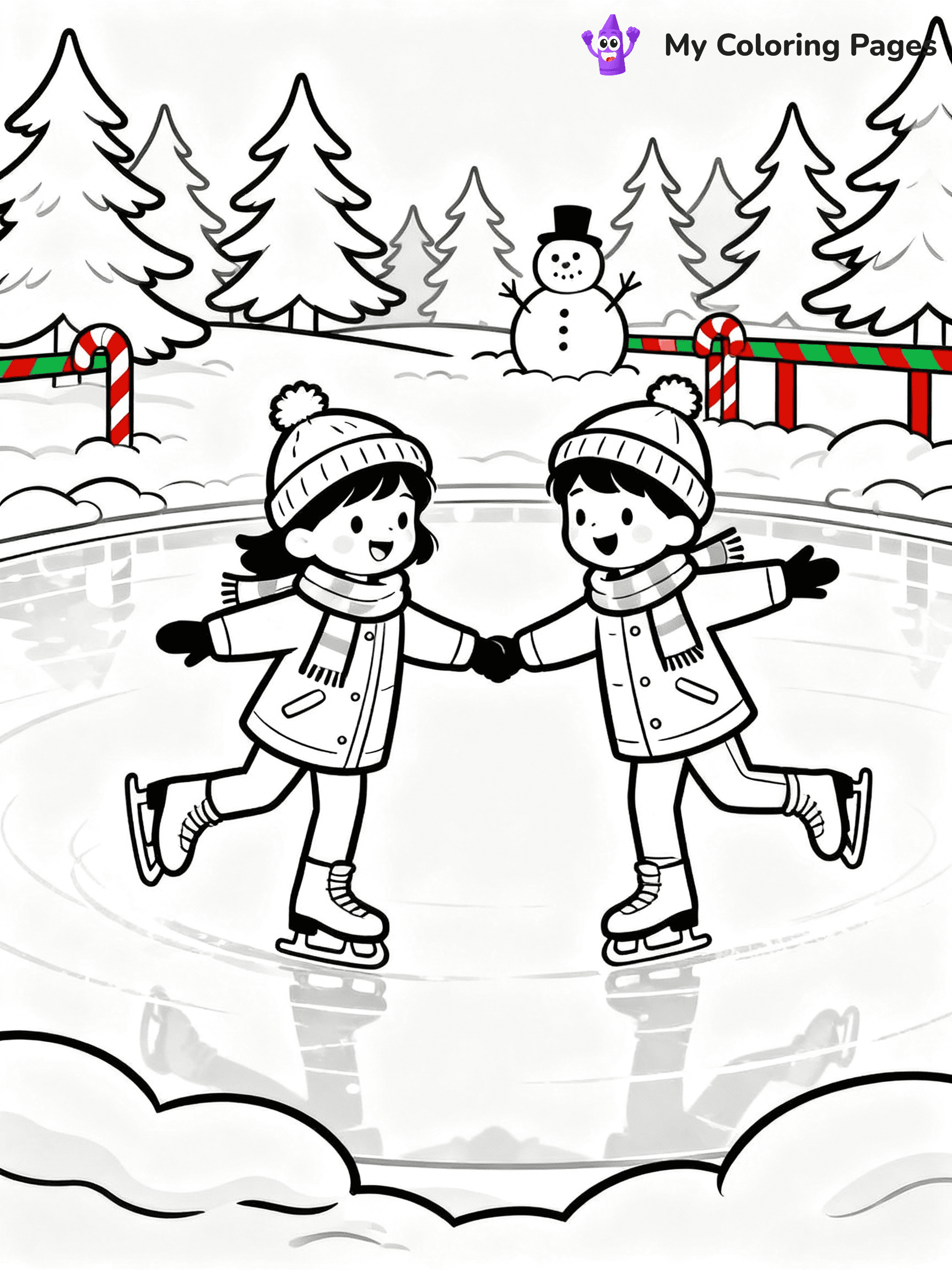 ⚠️ CRITICAL REQUIREMENT - ABSOLUTE BLACK AND WHITE ONLY ⚠️
This MUST be a BLACK AND WHITE line drawing ONLY. NO COLORS whatsoever.
- ONLY pure black lines (#000000) on pure white background (#FFFFFF)
- ABSOLUTELY NO colors, NO shading, NO gradients, NO grayscale
- If there are ANY colors in the output, the image is REJECTED
- This is a COLORING PAGE - meant to be COLORED IN by children
- The output must be UNCOLORED line art ready for coloring
⚠️ SUBJECT TO DRAW: Kids ice skating on a frozen pond, in Christmas-themed style. PURE OUTLINES. NO FILLS, COLOR, SHADING, OR GREYSCALE. WHITE BACKGROUND.
(REMEMBER: Output must be BLACK AND WHITE line art only, NOT colored!)
# Flat, Friendly Cartoon Line-Art Coloring Page
You are generating a **pure black-and-white binary image** of a child-friendly cartoon scene combining characters and background scenery in one cohesive composition.
## Rendering Rules (Strict)
- Only two colors: pure black (#000000) outlines and pure white (#FFFFFF) background.
- No grayscale, shading, gradients, tints, fills, transparency, or partial pixels.
- No antialiasing or blended edges; every pixel is 100% black or white.
- No solid black fills inside shapes — all areas inside outlines must remain white.
- No dark clothing areas or filled tone blocks; all garments outlined only.
- No shadows, textures, lighting, or tonal variations.
- Must look like flat binary vector line-art for coloring pages.
## Drawing & Composition
- **Medium, consistent line weight**; clean closed outlines easy to color inside.
- **Flat, simple, child-friendly design** — no realism or 3D depth.
- Characters are **grounded on a surface**, centered and large.
- **Balanced composition** with clear silhouettes and minimal props.
## Scenery & Style
- Landmarks (e.g., mosque, CN Tower) and scenery (trees, benches, waves) drawn with **black outlines only.**
- For real-world figures, teams, or places, show accurate details using only black outlines—no text or logos. Use distinctive uniform patterns, abstract symbols, and landmark silhouettes to convey identity.
- Keep **consistent perspective**; no floating elements.
- **Style:** whimsical **Doodle Art Alley** — rounded, friendly outlines.
- May adapt shapes from **Crayola, Disney, Peppa Pig, Cocomelon** — *by shape only, never color.*
- Final output: **flat, crisp, binary (#000000/#FFFFFF)**, **no filled color or background text.**
EXTREMELYE IMPORTANT:
- PURE BINARY LINE-ART; NO FILLS (HAIR/CLOTHES/SKIN), SHADING, OR GREY.
- NO SHADING, COLOR. MUST BE WHITE BACKGROUND.
⚠️ FINAL REMINDER: Draw the subject "Kids ice skating on a frozen pond, in Christmas-themed style. PURE OUTLINES. NO FILLS, COLOR, SHADING, OR GREYSCALE. WHITE BACKGROUND." as BLACK AND WHITE line art. Zero colors in output.