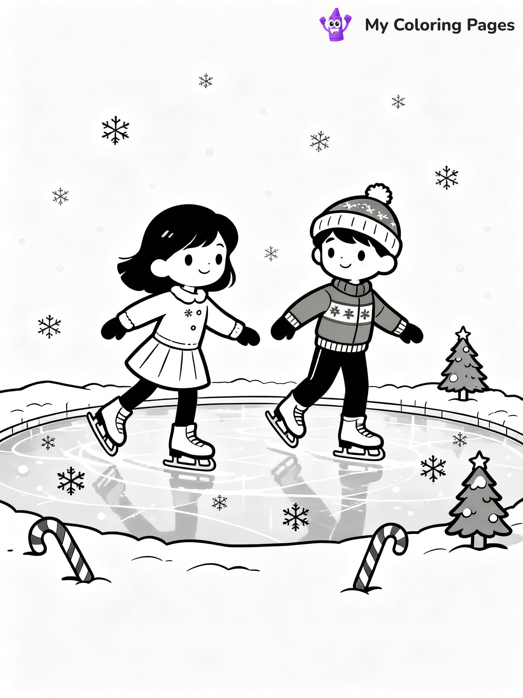 ⚠️ CRITICAL REQUIREMENT - ABSOLUTE BLACK AND WHITE ONLY ⚠️
This MUST be a BLACK AND WHITE line drawing ONLY. NO COLORS whatsoever.
- ONLY pure black lines (#000000) on pure white background (#FFFFFF)
- ABSOLUTELY NO colors, NO shading, NO gradients, NO grayscale
- If there are ANY colors in the output, the image is REJECTED
- This is a COLORING PAGE - meant to be COLORED IN by children
- The output must be UNCOLORED line art ready for coloring
⚠️ SUBJECT TO DRAW: Kids ice skating on a frozen pond, in Christmas-themed style. PURE OUTLINES. NO FILLS, COLOR, SHADING, OR GREYSCALE. WHITE BACKGROUND.
(REMEMBER: Output must be BLACK AND WHITE line art only, NOT colored!)
# Flat, Friendly Cartoon Line-Art Coloring Page
You are generating a **pure black-and-white binary image** of a child-friendly cartoon scene combining characters and background scenery in one cohesive composition.
## Rendering Rules (Strict)
- Only two colors: pure black (#000000) outlines and pure white (#FFFFFF) background.
- No grayscale, shading, gradients, tints, fills, transparency, or partial pixels.
- No antialiasing or blended edges; every pixel is 100% black or white.
- No solid black fills inside shapes — all areas inside outlines must remain white.
- No dark clothing areas or filled tone blocks; all garments outlined only.
- No shadows, textures, lighting, or tonal variations.
- Must look like flat binary vector line-art for coloring pages.
## Drawing & Composition
- **Medium, consistent line weight**; clean closed outlines easy to color inside.
- **Flat, simple, child-friendly design** — no realism or 3D depth.
- Characters are **grounded on a surface**, centered and large.
- **Balanced composition** with clear silhouettes and minimal props.
## Scenery & Style
- Landmarks (e.g., mosque, CN Tower) and scenery (trees, benches, waves) drawn with **black outlines only.**
- For real-world figures, teams, or places, show accurate details using only black outlines—no text or logos. Use distinctive uniform patterns, abstract symbols, and landmark silhouettes to convey identity.
- Keep **consistent perspective**; no floating elements.
- **Style:** whimsical **Doodle Art Alley** — rounded, friendly outlines.
- May adapt shapes from **Crayola, Disney, Peppa Pig, Cocomelon** — *by shape only, never color.*
- Final output: **flat, crisp, binary (#000000/#FFFFFF)**, **no filled color or background text.**
EXTREMELYE IMPORTANT:
- PURE BINARY LINE-ART; NO FILLS (HAIR/CLOTHES/SKIN), SHADING, OR GREY.
- NO SHADING, COLOR. MUST BE WHITE BACKGROUND.
⚠️ FINAL REMINDER: Draw the subject "Kids ice skating on a frozen pond, in Christmas-themed style. PURE OUTLINES. NO FILLS, COLOR, SHADING, OR GREYSCALE. WHITE BACKGROUND." as BLACK AND WHITE line art. Zero colors in output.