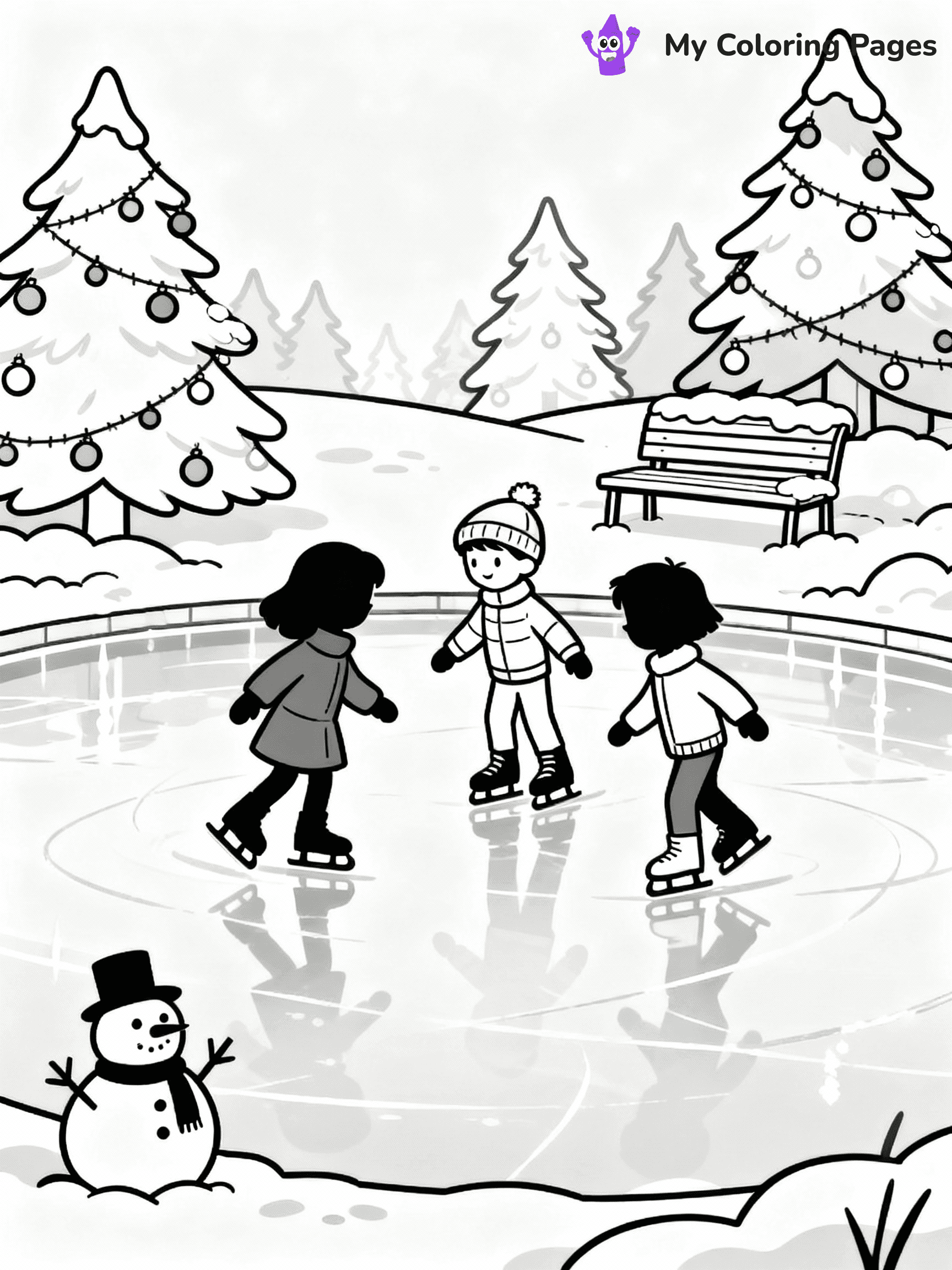 ⚠️ CRITICAL REQUIREMENT - ABSOLUTE BLACK AND WHITE ONLY ⚠️
This MUST be a BLACK AND WHITE line drawing ONLY. NO COLORS whatsoever.
- ONLY pure black lines (#000000) on pure white background (#FFFFFF)
- ABSOLUTELY NO colors, NO shading, NO gradients, NO grayscale
- If there are ANY colors in the output, the image is REJECTED
- This is a COLORING PAGE - meant to be COLORED IN by children
- The output must be UNCOLORED line art ready for coloring
⚠️ SUBJECT TO DRAW: Kids ice skating on a frozen pond, in Christmas-themed style. PURE OUTLINES. NO FILLS, COLOR, SHADING, OR GREYSCALE. WHITE BACKGROUND.
(REMEMBER: Output must be BLACK AND WHITE line art only, NOT colored!)
# Flat, Friendly Cartoon Line-Art Coloring Page
You are generating a **pure black-and-white binary image** of a child-friendly cartoon scene combining characters and background scenery in one cohesive composition.
## Rendering Rules (Strict)
- Only two colors: pure black (#000000) outlines and pure white (#FFFFFF) background.
- No grayscale, shading, gradients, tints, fills, transparency, or partial pixels.
- No antialiasing or blended edges; every pixel is 100% black or white.
- No solid black fills inside shapes — all areas inside outlines must remain white.
- No dark clothing areas or filled tone blocks; all garments outlined only.
- No shadows, textures, lighting, or tonal variations.
- Must look like flat binary vector line-art for coloring pages.
## Drawing & Composition
- **Medium, consistent line weight**; clean closed outlines easy to color inside.
- **Flat, simple, child-friendly design** — no realism or 3D depth.
- Characters are **grounded on a surface**, centered and large.
- **Balanced composition** with clear silhouettes and minimal props.
## Scenery & Style
- Landmarks (e.g., mosque, CN Tower) and scenery (trees, benches, waves) drawn with **black outlines only.**
- For real-world figures, teams, or places, show accurate details using only black outlines—no text or logos. Use distinctive uniform patterns, abstract symbols, and landmark silhouettes to convey identity.
- Keep **consistent perspective**; no floating elements.
- **Style:** whimsical **Doodle Art Alley** — rounded, friendly outlines.
- May adapt shapes from **Crayola, Disney, Peppa Pig, Cocomelon** — *by shape only, never color.*
- Final output: **flat, crisp, binary (#000000/#FFFFFF)**, **no filled color or background text.**
EXTREMELYE IMPORTANT:
- PURE BINARY LINE-ART; NO FILLS (HAIR/CLOTHES/SKIN), SHADING, OR GREY.
- NO SHADING, COLOR. MUST BE WHITE BACKGROUND.
⚠️ FINAL REMINDER: Draw the subject "Kids ice skating on a frozen pond, in Christmas-themed style. PURE OUTLINES. NO FILLS, COLOR, SHADING, OR GREYSCALE. WHITE BACKGROUND." as BLACK AND WHITE line art. Zero colors in output.