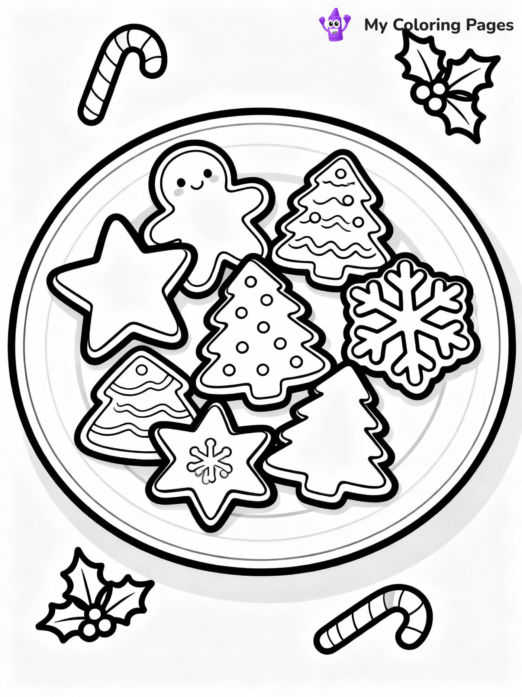 ⚠️ CRITICAL REQUIREMENT - ABSOLUTE BLACK AND WHITE ONLY ⚠️
This MUST be a BLACK AND WHITE line drawing ONLY. NO COLORS whatsoever.
- ONLY pure black lines (#000000) on pure white background (#FFFFFF)
- ABSOLUTELY NO colors, NO shading, NO gradients, NO grayscale
- If there are ANY colors in the output, the image is REJECTED
- This is a COLORING PAGE - meant to be COLORED IN by children
- The output must be UNCOLORED line art ready for coloring
⚠️ SUBJECT TO DRAW: A plate of gingerbread cookies arranged in holiday shapes, in Christmas-themed style. PURE OUTLINES. NO FILLS, COLOR, SHADING, OR GREYSCALE. WHITE BACKGROUND.
(REMEMBER: Output must be BLACK AND WHITE line art only, NOT colored!)
# Flat, Friendly Cartoon Line-Art Coloring Page
You are generating a **pure black-and-white binary image** of a child-friendly cartoon scene combining characters and background scenery in one cohesive composition.
## Rendering Rules (Strict)
- Only two colors: pure black (#000000) outlines and pure white (#FFFFFF) background.
- No grayscale, shading, gradients, tints, fills, transparency, or partial pixels.
- No antialiasing or blended edges; every pixel is 100% black or white.
- No solid black fills inside shapes — all areas inside outlines must remain white.
- No dark clothing areas or filled tone blocks; all garments outlined only.
- No shadows, textures, lighting, or tonal variations.
- Must look like flat binary vector line-art for coloring pages.
## Drawing & Composition
- **Medium, consistent line weight**; clean closed outlines easy to color inside.
- **Flat, simple, child-friendly design** — no realism or 3D depth.
- Characters are **grounded on a surface**, centered and large.
- **Balanced composition** with clear silhouettes and minimal props.
## Scenery & Style
- Landmarks (e.g., mosque, CN Tower) and scenery (trees, benches, waves) drawn with **black outlines only.**
- For real-world figures, teams, or places, show accurate details using only black outlines—no text or logos. Use distinctive uniform patterns, abstract symbols, and landmark silhouettes to convey identity.
- Keep **consistent perspective**; no floating elements.
- **Style:** whimsical **Doodle Art Alley** — rounded, friendly outlines.
- May adapt shapes from **Crayola, Disney, Peppa Pig, Cocomelon** — *by shape only, never color.*
- Final output: **flat, crisp, binary (#000000/#FFFFFF)**, **no filled color or background text.**
EXTREMELYE IMPORTANT:
- PURE BINARY LINE-ART; NO FILLS (HAIR/CLOTHES/SKIN), SHADING, OR GREY.
- NO SHADING, COLOR. MUST BE WHITE BACKGROUND.
⚠️ FINAL REMINDER: Draw the subject "A plate of gingerbread cookies arranged in holiday shapes, in Christmas-themed style. PURE OUTLINES. NO FILLS, COLOR, SHADING, OR GREYSCALE. WHITE BACKGROUND." as BLACK AND WHITE line art. Zero colors in output.