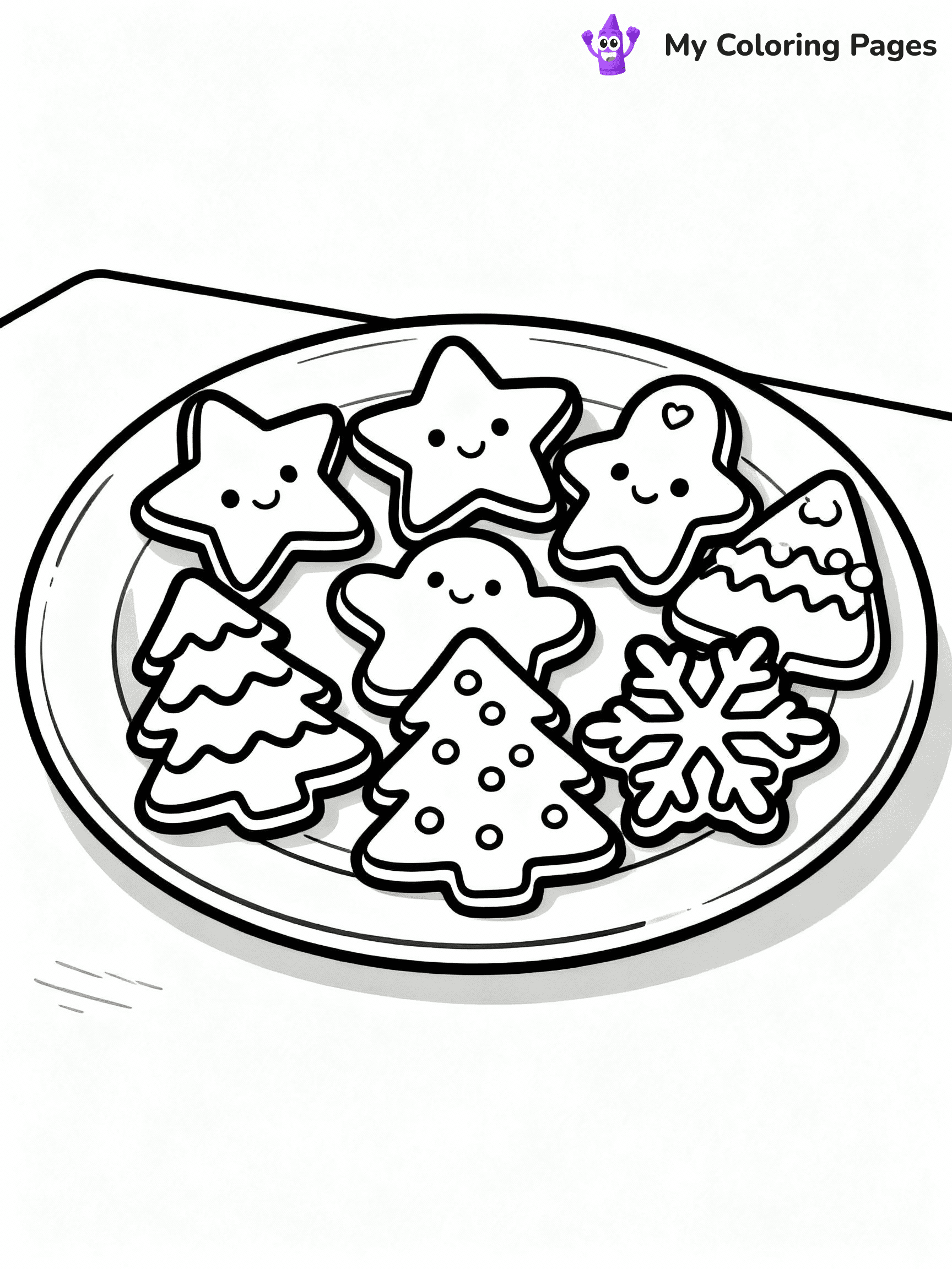 ⚠️ CRITICAL REQUIREMENT - ABSOLUTE BLACK AND WHITE ONLY ⚠️
This MUST be a BLACK AND WHITE line drawing ONLY. NO COLORS whatsoever.
- ONLY pure black lines (#000000) on pure white background (#FFFFFF)
- ABSOLUTELY NO colors, NO shading, NO gradients, NO grayscale
- If there are ANY colors in the output, the image is REJECTED
- This is a COLORING PAGE - meant to be COLORED IN by children
- The output must be UNCOLORED line art ready for coloring
⚠️ SUBJECT TO DRAW: A plate of gingerbread cookies arranged in holiday shapes, in Christmas-themed style. PURE OUTLINES. NO FILLS, COLOR, SHADING, OR GREYSCALE. WHITE BACKGROUND.
(REMEMBER: Output must be BLACK AND WHITE line art only, NOT colored!)
# Flat, Friendly Cartoon Line-Art Coloring Page
You are generating a **pure black-and-white binary image** of a child-friendly cartoon scene combining characters and background scenery in one cohesive composition.
## Rendering Rules (Strict)
- Only two colors: pure black (#000000) outlines and pure white (#FFFFFF) background.
- No grayscale, shading, gradients, tints, fills, transparency, or partial pixels.
- No antialiasing or blended edges; every pixel is 100% black or white.
- No solid black fills inside shapes — all areas inside outlines must remain white.
- No dark clothing areas or filled tone blocks; all garments outlined only.
- No shadows, textures, lighting, or tonal variations.
- Must look like flat binary vector line-art for coloring pages.
## Drawing & Composition
- **Medium, consistent line weight**; clean closed outlines easy to color inside.
- **Flat, simple, child-friendly design** — no realism or 3D depth.
- Characters are **grounded on a surface**, centered and large.
- **Balanced composition** with clear silhouettes and minimal props.
## Scenery & Style
- Landmarks (e.g., mosque, CN Tower) and scenery (trees, benches, waves) drawn with **black outlines only.**
- For real-world figures, teams, or places, show accurate details using only black outlines—no text or logos. Use distinctive uniform patterns, abstract symbols, and landmark silhouettes to convey identity.
- Keep **consistent perspective**; no floating elements.
- **Style:** whimsical **Doodle Art Alley** — rounded, friendly outlines.
- May adapt shapes from **Crayola, Disney, Peppa Pig, Cocomelon** — *by shape only, never color.*
- Final output: **flat, crisp, binary (#000000/#FFFFFF)**, **no filled color or background text.**
EXTREMELYE IMPORTANT:
- PURE BINARY LINE-ART; NO FILLS (HAIR/CLOTHES/SKIN), SHADING, OR GREY.
- NO SHADING, COLOR. MUST BE WHITE BACKGROUND.
⚠️ FINAL REMINDER: Draw the subject "A plate of gingerbread cookies arranged in holiday shapes, in Christmas-themed style. PURE OUTLINES. NO FILLS, COLOR, SHADING, OR GREYSCALE. WHITE BACKGROUND." as BLACK AND WHITE line art. Zero colors in output.