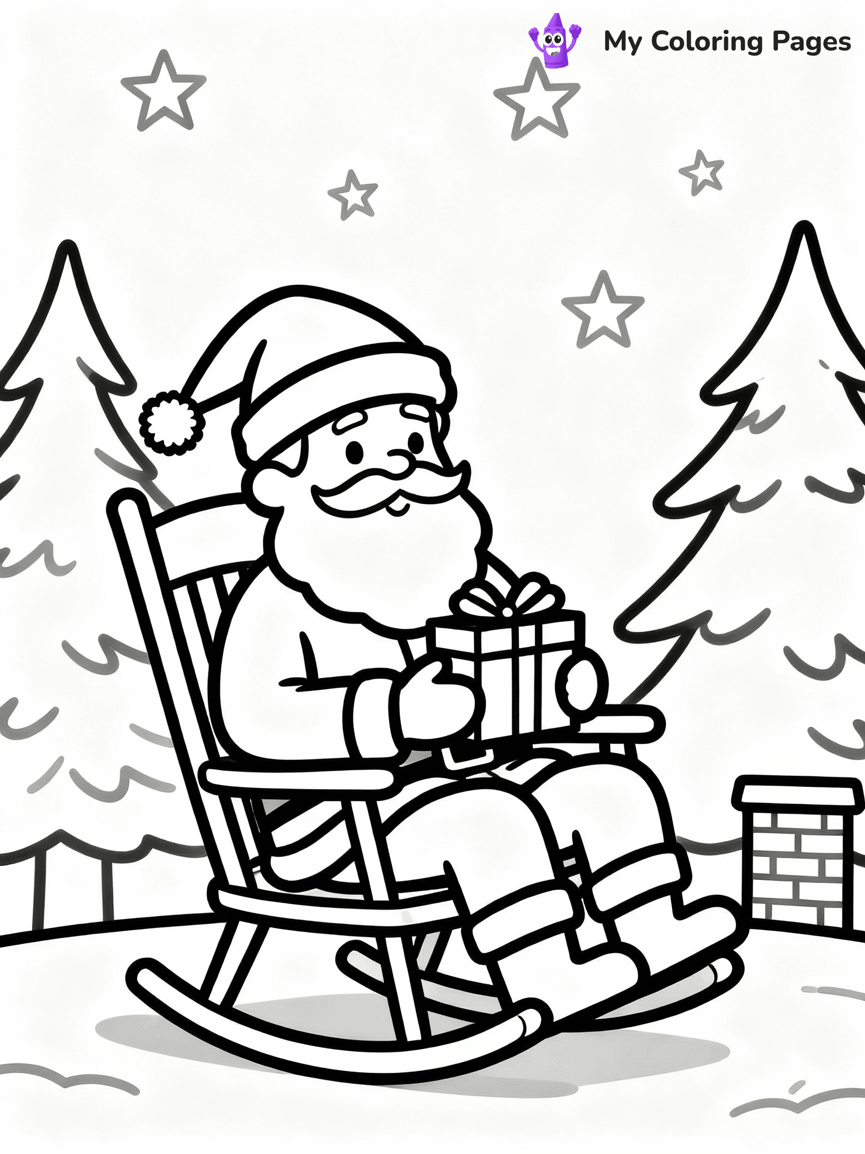 ⚠️ CRITICAL REQUIREMENT - ABSOLUTE BLACK AND WHITE ONLY ⚠️
This MUST be a BLACK AND WHITE line drawing ONLY. NO COLORS whatsoever.
- ONLY pure black lines (#000000) on pure white background (#FFFFFF)
- ABSOLUTELY NO colors, NO shading, NO gradients, NO grayscale
- If there are ANY colors in the output, the image is REJECTED
- This is a COLORING PAGE - meant to be COLORED IN by children
- The output must be UNCOLORED line art ready for coloring
⚠️ SUBJECT TO DRAW: Santa relaxing in a rocking chair after delivering gifts, in Christmas-themed style. PURE OUTLINES. NO FILLS, COLOR, SHADING, OR GREYSCALE. WHITE BACKGROUND.
(REMEMBER: Output must be BLACK AND WHITE line art only, NOT colored!)
# Flat, Friendly Cartoon Line-Art Coloring Page
You are generating a **pure black-and-white binary image** of a child-friendly cartoon scene combining characters and background scenery in one cohesive composition.
## Rendering Rules (Strict)
- Only two colors: pure black (#000000) outlines and pure white (#FFFFFF) background.
- No grayscale, shading, gradients, tints, fills, transparency, or partial pixels.
- No antialiasing or blended edges; every pixel is 100% black or white.
- No solid black fills inside shapes — all areas inside outlines must remain white.
- No dark clothing areas or filled tone blocks; all garments outlined only.
- No shadows, textures, lighting, or tonal variations.
- Must look like flat binary vector line-art for coloring pages.
## Drawing & Composition
- **Medium, consistent line weight**; clean closed outlines easy to color inside.
- **Flat, simple, child-friendly design** — no realism or 3D depth.
- Characters are **grounded on a surface**, centered and large.
- **Balanced composition** with clear silhouettes and minimal props.
## Scenery & Style
- Landmarks (e.g., mosque, CN Tower) and scenery (trees, benches, waves) drawn with **black outlines only.**
- For real-world figures, teams, or places, show accurate details using only black outlines—no text or logos. Use distinctive uniform patterns, abstract symbols, and landmark silhouettes to convey identity.
- Keep **consistent perspective**; no floating elements.
- **Style:** whimsical **Doodle Art Alley** — rounded, friendly outlines.
- May adapt shapes from **Crayola, Disney, Peppa Pig, Cocomelon** — *by shape only, never color.*
- Final output: **flat, crisp, binary (#000000/#FFFFFF)**, **no filled color or background text.**
EXTREMELYE IMPORTANT:
- PURE BINARY LINE-ART; NO FILLS (HAIR/CLOTHES/SKIN), SHADING, OR GREY.
- NO SHADING, COLOR. MUST BE WHITE BACKGROUND.
⚠️ FINAL REMINDER: Draw the subject "Santa relaxing in a rocking chair after delivering gifts, in Christmas-themed style. PURE OUTLINES. NO FILLS, COLOR, SHADING, OR GREYSCALE. WHITE BACKGROUND." as BLACK AND WHITE line art. Zero colors in output.