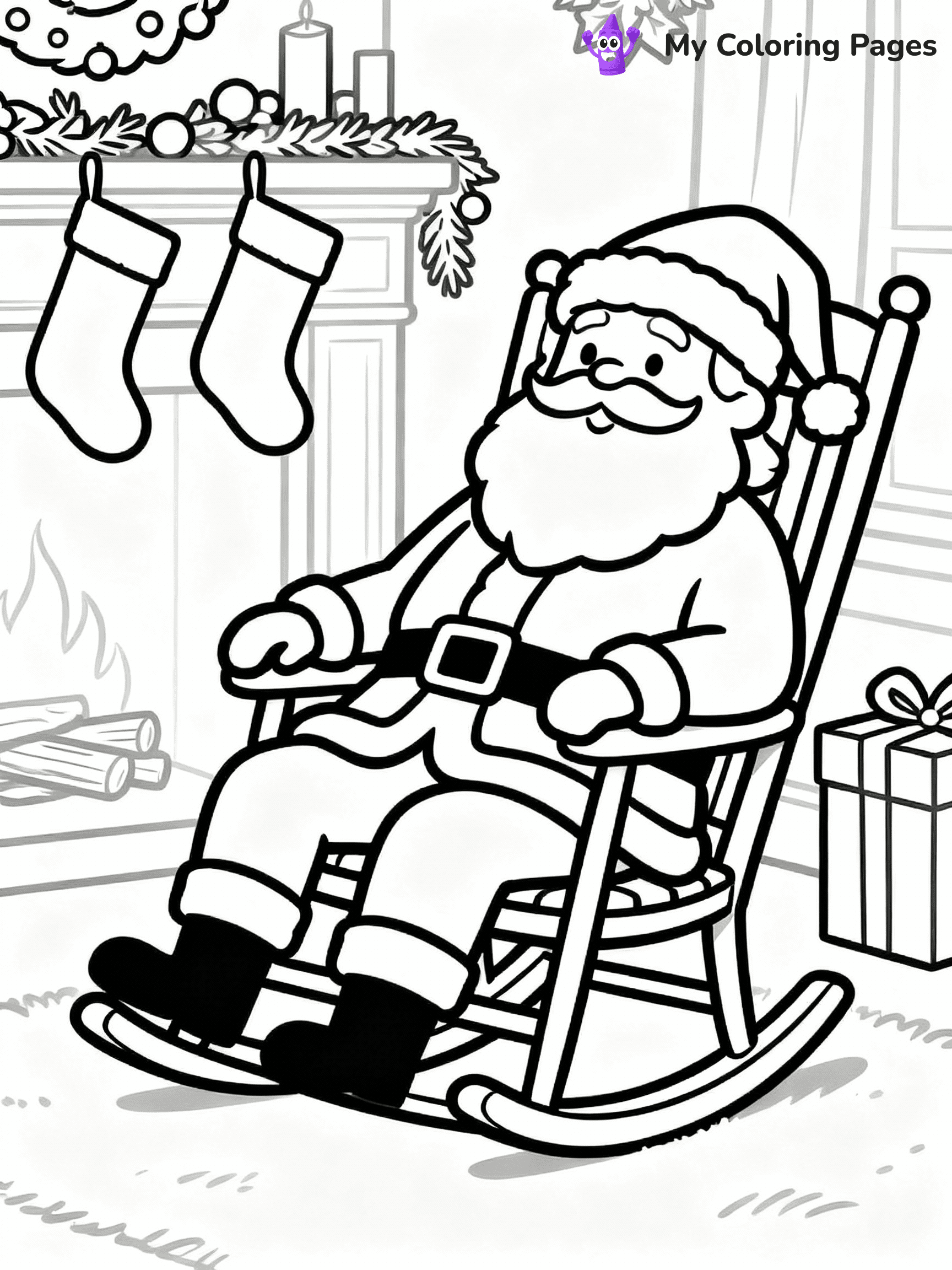 ⚠️ CRITICAL REQUIREMENT - ABSOLUTE BLACK AND WHITE ONLY ⚠️
This MUST be a BLACK AND WHITE line drawing ONLY. NO COLORS whatsoever.
- ONLY pure black lines (#000000) on pure white background (#FFFFFF)
- ABSOLUTELY NO colors, NO shading, NO gradients, NO grayscale
- If there are ANY colors in the output, the image is REJECTED
- This is a COLORING PAGE - meant to be COLORED IN by children
- The output must be UNCOLORED line art ready for coloring
⚠️ SUBJECT TO DRAW: Santa relaxing in a rocking chair after delivering gifts, in Christmas-themed style. PURE OUTLINES. NO FILLS, COLOR, SHADING, OR GREYSCALE. WHITE BACKGROUND.
(REMEMBER: Output must be BLACK AND WHITE line art only, NOT colored!)
# Flat, Friendly Cartoon Line-Art Coloring Page
You are generating a **pure black-and-white binary image** of a child-friendly cartoon scene combining characters and background scenery in one cohesive composition.
## Rendering Rules (Strict)
- Only two colors: pure black (#000000) outlines and pure white (#FFFFFF) background.
- No grayscale, shading, gradients, tints, fills, transparency, or partial pixels.
- No antialiasing or blended edges; every pixel is 100% black or white.
- No solid black fills inside shapes — all areas inside outlines must remain white.
- No dark clothing areas or filled tone blocks; all garments outlined only.
- No shadows, textures, lighting, or tonal variations.
- Must look like flat binary vector line-art for coloring pages.
## Drawing & Composition
- **Medium, consistent line weight**; clean closed outlines easy to color inside.
- **Flat, simple, child-friendly design** — no realism or 3D depth.
- Characters are **grounded on a surface**, centered and large.
- **Balanced composition** with clear silhouettes and minimal props.
## Scenery & Style
- Landmarks (e.g., mosque, CN Tower) and scenery (trees, benches, waves) drawn with **black outlines only.**
- For real-world figures, teams, or places, show accurate details using only black outlines—no text or logos. Use distinctive uniform patterns, abstract symbols, and landmark silhouettes to convey identity.
- Keep **consistent perspective**; no floating elements.
- **Style:** whimsical **Doodle Art Alley** — rounded, friendly outlines.
- May adapt shapes from **Crayola, Disney, Peppa Pig, Cocomelon** — *by shape only, never color.*
- Final output: **flat, crisp, binary (#000000/#FFFFFF)**, **no filled color or background text.**
EXTREMELYE IMPORTANT:
- PURE BINARY LINE-ART; NO FILLS (HAIR/CLOTHES/SKIN), SHADING, OR GREY.
- NO SHADING, COLOR. MUST BE WHITE BACKGROUND.
⚠️ FINAL REMINDER: Draw the subject "Santa relaxing in a rocking chair after delivering gifts, in Christmas-themed style. PURE OUTLINES. NO FILLS, COLOR, SHADING, OR GREYSCALE. WHITE BACKGROUND." as BLACK AND WHITE line art. Zero colors in output.