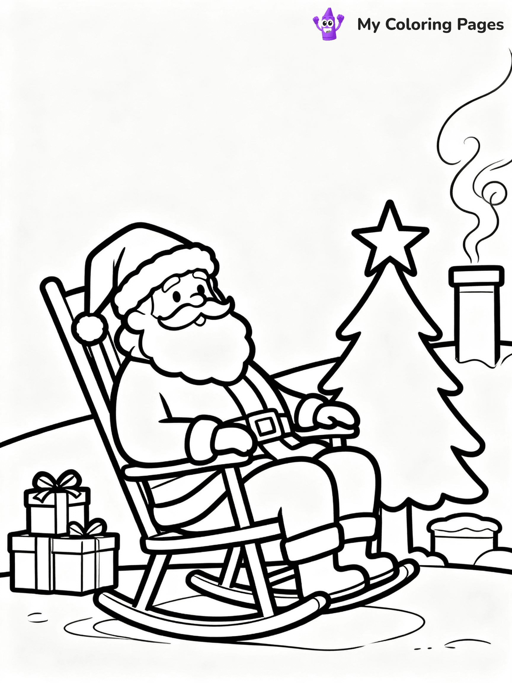 ⚠️ CRITICAL REQUIREMENT - ABSOLUTE BLACK AND WHITE ONLY ⚠️
This MUST be a BLACK AND WHITE line drawing ONLY. NO COLORS whatsoever.
- ONLY pure black lines (#000000) on pure white background (#FFFFFF)
- ABSOLUTELY NO colors, NO shading, NO gradients, NO grayscale
- If there are ANY colors in the output, the image is REJECTED
- This is a COLORING PAGE - meant to be COLORED IN by children
- The output must be UNCOLORED line art ready for coloring
⚠️ SUBJECT TO DRAW: Santa relaxing in a rocking chair after delivering gifts, in Christmas-themed style. PURE OUTLINES. NO FILLS, COLOR, SHADING, OR GREYSCALE. WHITE BACKGROUND.
(REMEMBER: Output must be BLACK AND WHITE line art only, NOT colored!)
# Flat, Friendly Cartoon Line-Art Coloring Page
You are generating a **pure black-and-white binary image** of a child-friendly cartoon scene combining characters and background scenery in one cohesive composition.
## Rendering Rules (Strict)
- Only two colors: pure black (#000000) outlines and pure white (#FFFFFF) background.
- No grayscale, shading, gradients, tints, fills, transparency, or partial pixels.
- No antialiasing or blended edges; every pixel is 100% black or white.
- No solid black fills inside shapes — all areas inside outlines must remain white.
- No dark clothing areas or filled tone blocks; all garments outlined only.
- No shadows, textures, lighting, or tonal variations.
- Must look like flat binary vector line-art for coloring pages.
## Drawing & Composition
- **Medium, consistent line weight**; clean closed outlines easy to color inside.
- **Flat, simple, child-friendly design** — no realism or 3D depth.
- Characters are **grounded on a surface**, centered and large.
- **Balanced composition** with clear silhouettes and minimal props.
## Scenery & Style
- Landmarks (e.g., mosque, CN Tower) and scenery (trees, benches, waves) drawn with **black outlines only.**
- For real-world figures, teams, or places, show accurate details using only black outlines—no text or logos. Use distinctive uniform patterns, abstract symbols, and landmark silhouettes to convey identity.
- Keep **consistent perspective**; no floating elements.
- **Style:** whimsical **Doodle Art Alley** — rounded, friendly outlines.
- May adapt shapes from **Crayola, Disney, Peppa Pig, Cocomelon** — *by shape only, never color.*
- Final output: **flat, crisp, binary (#000000/#FFFFFF)**, **no filled color or background text.**
EXTREMELYE IMPORTANT:
- PURE BINARY LINE-ART; NO FILLS (HAIR/CLOTHES/SKIN), SHADING, OR GREY.
- NO SHADING, COLOR. MUST BE WHITE BACKGROUND.
⚠️ FINAL REMINDER: Draw the subject "Santa relaxing in a rocking chair after delivering gifts, in Christmas-themed style. PURE OUTLINES. NO FILLS, COLOR, SHADING, OR GREYSCALE. WHITE BACKGROUND." as BLACK AND WHITE line art. Zero colors in output.