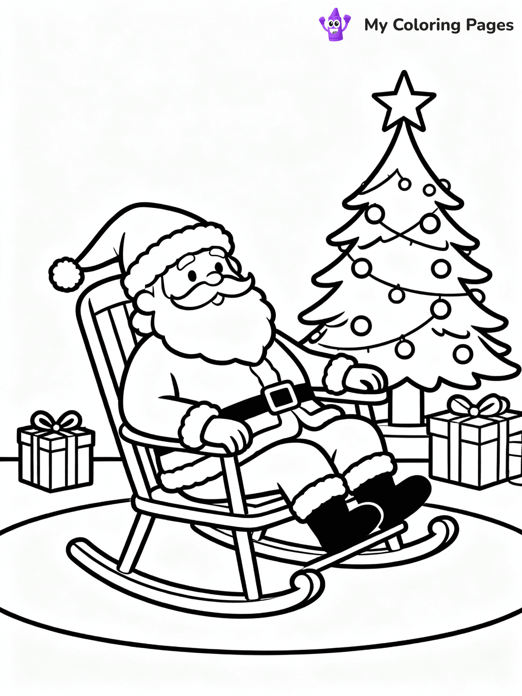 ⚠️ CRITICAL REQUIREMENT - ABSOLUTE BLACK AND WHITE ONLY ⚠️
This MUST be a BLACK AND WHITE line drawing ONLY. NO COLORS whatsoever.
- ONLY pure black lines (#000000) on pure white background (#FFFFFF)
- ABSOLUTELY NO colors, NO shading, NO gradients, NO grayscale
- If there are ANY colors in the output, the image is REJECTED
- This is a COLORING PAGE - meant to be COLORED IN by children
- The output must be UNCOLORED line art ready for coloring
⚠️ SUBJECT TO DRAW: Santa relaxing in a rocking chair after delivering gifts, in Christmas-themed style. PURE OUTLINES. NO FILLS, COLOR, SHADING, OR GREYSCALE. WHITE BACKGROUND.
(REMEMBER: Output must be BLACK AND WHITE line art only, NOT colored!)
# Flat, Friendly Cartoon Line-Art Coloring Page
You are generating a **pure black-and-white binary image** of a child-friendly cartoon scene combining characters and background scenery in one cohesive composition.
## Rendering Rules (Strict)
- Only two colors: pure black (#000000) outlines and pure white (#FFFFFF) background.
- No grayscale, shading, gradients, tints, fills, transparency, or partial pixels.
- No antialiasing or blended edges; every pixel is 100% black or white.
- No solid black fills inside shapes — all areas inside outlines must remain white.
- No dark clothing areas or filled tone blocks; all garments outlined only.
- No shadows, textures, lighting, or tonal variations.
- Must look like flat binary vector line-art for coloring pages.
## Drawing & Composition
- **Medium, consistent line weight**; clean closed outlines easy to color inside.
- **Flat, simple, child-friendly design** — no realism or 3D depth.
- Characters are **grounded on a surface**, centered and large.
- **Balanced composition** with clear silhouettes and minimal props.
## Scenery & Style
- Landmarks (e.g., mosque, CN Tower) and scenery (trees, benches, waves) drawn with **black outlines only.**
- For real-world figures, teams, or places, show accurate details using only black outlines—no text or logos. Use distinctive uniform patterns, abstract symbols, and landmark silhouettes to convey identity.
- Keep **consistent perspective**; no floating elements.
- **Style:** whimsical **Doodle Art Alley** — rounded, friendly outlines.
- May adapt shapes from **Crayola, Disney, Peppa Pig, Cocomelon** — *by shape only, never color.*
- Final output: **flat, crisp, binary (#000000/#FFFFFF)**, **no filled color or background text.**
EXTREMELYE IMPORTANT:
- PURE BINARY LINE-ART; NO FILLS (HAIR/CLOTHES/SKIN), SHADING, OR GREY.
- NO SHADING, COLOR. MUST BE WHITE BACKGROUND.
⚠️ FINAL REMINDER: Draw the subject "Santa relaxing in a rocking chair after delivering gifts, in Christmas-themed style. PURE OUTLINES. NO FILLS, COLOR, SHADING, OR GREYSCALE. WHITE BACKGROUND." as BLACK AND WHITE line art. Zero colors in output.