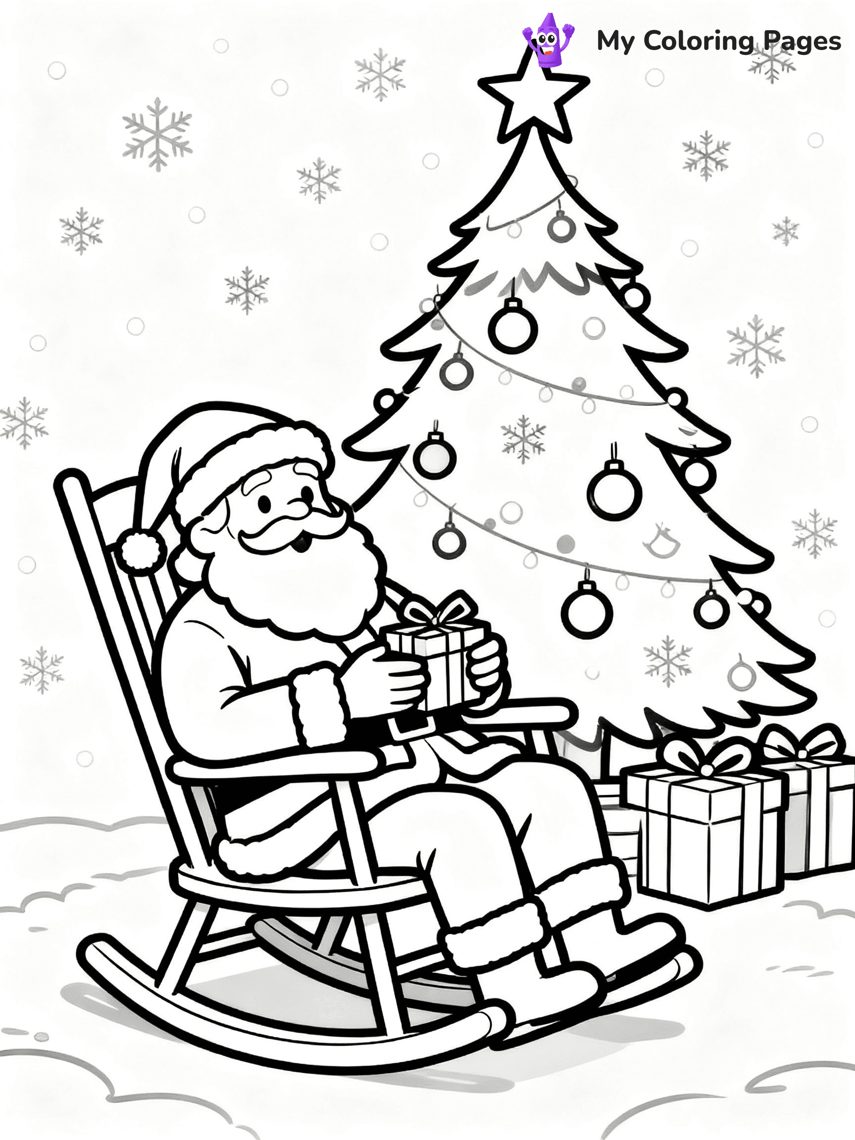 ⚠️ CRITICAL REQUIREMENT - ABSOLUTE BLACK AND WHITE ONLY ⚠️
This MUST be a BLACK AND WHITE line drawing ONLY. NO COLORS whatsoever.
- ONLY pure black lines (#000000) on pure white background (#FFFFFF)
- ABSOLUTELY NO colors, NO shading, NO gradients, NO grayscale
- If there are ANY colors in the output, the image is REJECTED
- This is a COLORING PAGE - meant to be COLORED IN by children
- The output must be UNCOLORED line art ready for coloring
⚠️ SUBJECT TO DRAW: Santa relaxing in a rocking chair after delivering gifts, in Christmas-themed style. PURE OUTLINES. NO FILLS, COLOR, SHADING, OR GREYSCALE. WHITE BACKGROUND.
(REMEMBER: Output must be BLACK AND WHITE line art only, NOT colored!)
# Flat, Friendly Cartoon Line-Art Coloring Page
You are generating a **pure black-and-white binary image** of a child-friendly cartoon scene combining characters and background scenery in one cohesive composition.
## Rendering Rules (Strict)
- Only two colors: pure black (#000000) outlines and pure white (#FFFFFF) background.
- No grayscale, shading, gradients, tints, fills, transparency, or partial pixels.
- No antialiasing or blended edges; every pixel is 100% black or white.
- No solid black fills inside shapes — all areas inside outlines must remain white.
- No dark clothing areas or filled tone blocks; all garments outlined only.
- No shadows, textures, lighting, or tonal variations.
- Must look like flat binary vector line-art for coloring pages.
## Drawing & Composition
- **Medium, consistent line weight**; clean closed outlines easy to color inside.
- **Flat, simple, child-friendly design** — no realism or 3D depth.
- Characters are **grounded on a surface**, centered and large.
- **Balanced composition** with clear silhouettes and minimal props.
## Scenery & Style
- Landmarks (e.g., mosque, CN Tower) and scenery (trees, benches, waves) drawn with **black outlines only.**
- For real-world figures, teams, or places, show accurate details using only black outlines—no text or logos. Use distinctive uniform patterns, abstract symbols, and landmark silhouettes to convey identity.
- Keep **consistent perspective**; no floating elements.
- **Style:** whimsical **Doodle Art Alley** — rounded, friendly outlines.
- May adapt shapes from **Crayola, Disney, Peppa Pig, Cocomelon** — *by shape only, never color.*
- Final output: **flat, crisp, binary (#000000/#FFFFFF)**, **no filled color or background text.**
EXTREMELYE IMPORTANT:
- PURE BINARY LINE-ART; NO FILLS (HAIR/CLOTHES/SKIN), SHADING, OR GREY.
- NO SHADING, COLOR. MUST BE WHITE BACKGROUND.
⚠️ FINAL REMINDER: Draw the subject "Santa relaxing in a rocking chair after delivering gifts, in Christmas-themed style. PURE OUTLINES. NO FILLS, COLOR, SHADING, OR GREYSCALE. WHITE BACKGROUND." as BLACK AND WHITE line art. Zero colors in output.