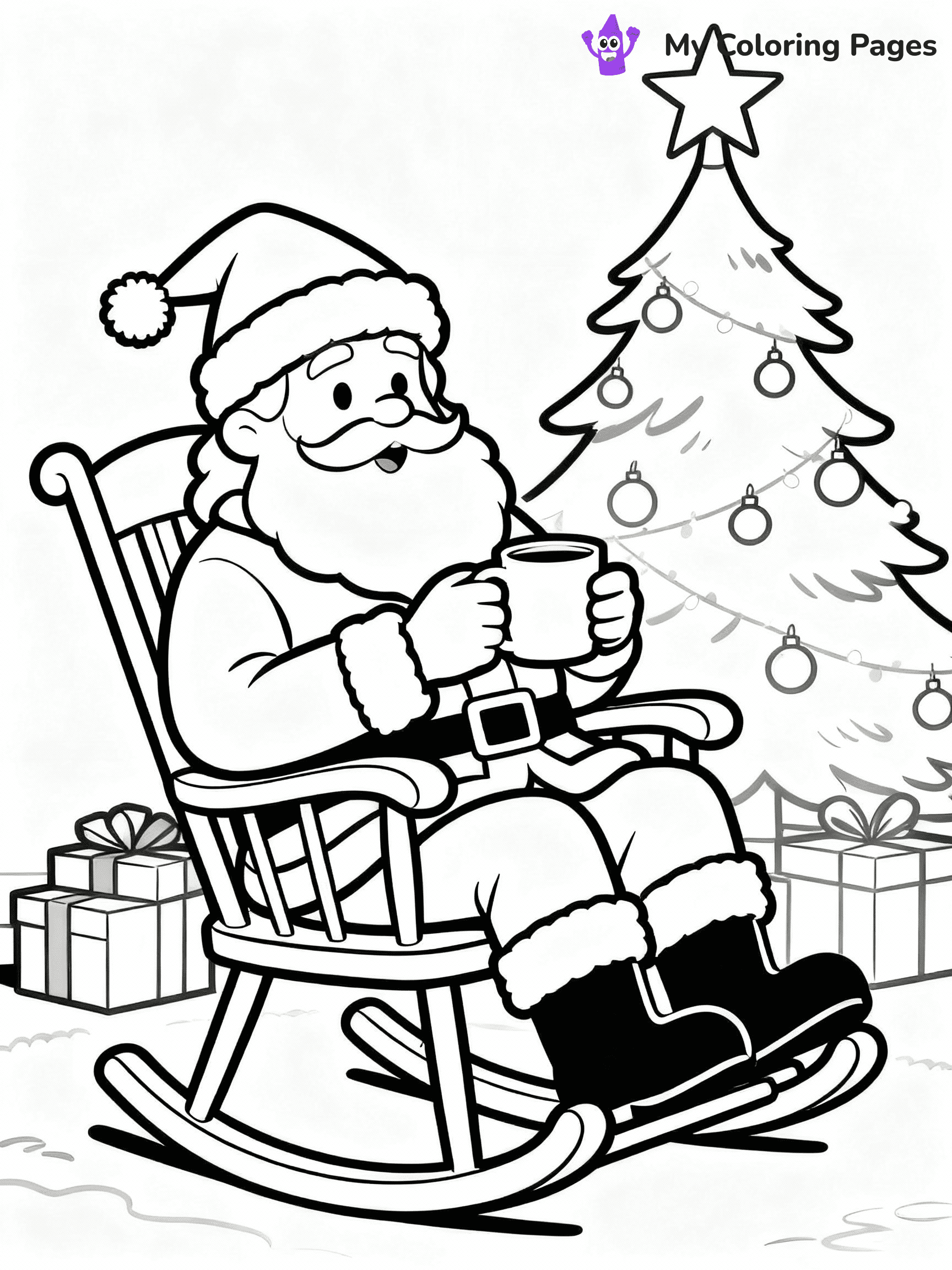 ⚠️ CRITICAL REQUIREMENT - ABSOLUTE BLACK AND WHITE ONLY ⚠️
This MUST be a BLACK AND WHITE line drawing ONLY. NO COLORS whatsoever.
- ONLY pure black lines (#000000) on pure white background (#FFFFFF)
- ABSOLUTELY NO colors, NO shading, NO gradients, NO grayscale
- If there are ANY colors in the output, the image is REJECTED
- This is a COLORING PAGE - meant to be COLORED IN by children
- The output must be UNCOLORED line art ready for coloring
⚠️ SUBJECT TO DRAW: Santa relaxing in a rocking chair after delivering gifts, in Christmas-themed style. PURE OUTLINES. NO FILLS, COLOR, SHADING, OR GREYSCALE. WHITE BACKGROUND.
(REMEMBER: Output must be BLACK AND WHITE line art only, NOT colored!)
# Flat, Friendly Cartoon Line-Art Coloring Page
You are generating a **pure black-and-white binary image** of a child-friendly cartoon scene combining characters and background scenery in one cohesive composition.
## Rendering Rules (Strict)
- Only two colors: pure black (#000000) outlines and pure white (#FFFFFF) background.
- No grayscale, shading, gradients, tints, fills, transparency, or partial pixels.
- No antialiasing or blended edges; every pixel is 100% black or white.
- No solid black fills inside shapes — all areas inside outlines must remain white.
- No dark clothing areas or filled tone blocks; all garments outlined only.
- No shadows, textures, lighting, or tonal variations.
- Must look like flat binary vector line-art for coloring pages.
## Drawing & Composition
- **Medium, consistent line weight**; clean closed outlines easy to color inside.
- **Flat, simple, child-friendly design** — no realism or 3D depth.
- Characters are **grounded on a surface**, centered and large.
- **Balanced composition** with clear silhouettes and minimal props.
## Scenery & Style
- Landmarks (e.g., mosque, CN Tower) and scenery (trees, benches, waves) drawn with **black outlines only.**
- For real-world figures, teams, or places, show accurate details using only black outlines—no text or logos. Use distinctive uniform patterns, abstract symbols, and landmark silhouettes to convey identity.
- Keep **consistent perspective**; no floating elements.
- **Style:** whimsical **Doodle Art Alley** — rounded, friendly outlines.
- May adapt shapes from **Crayola, Disney, Peppa Pig, Cocomelon** — *by shape only, never color.*
- Final output: **flat, crisp, binary (#000000/#FFFFFF)**, **no filled color or background text.**
EXTREMELYE IMPORTANT:
- PURE BINARY LINE-ART; NO FILLS (HAIR/CLOTHES/SKIN), SHADING, OR GREY.
- NO SHADING, COLOR. MUST BE WHITE BACKGROUND.
⚠️ FINAL REMINDER: Draw the subject "Santa relaxing in a rocking chair after delivering gifts, in Christmas-themed style. PURE OUTLINES. NO FILLS, COLOR, SHADING, OR GREYSCALE. WHITE BACKGROUND." as BLACK AND WHITE line art. Zero colors in output.