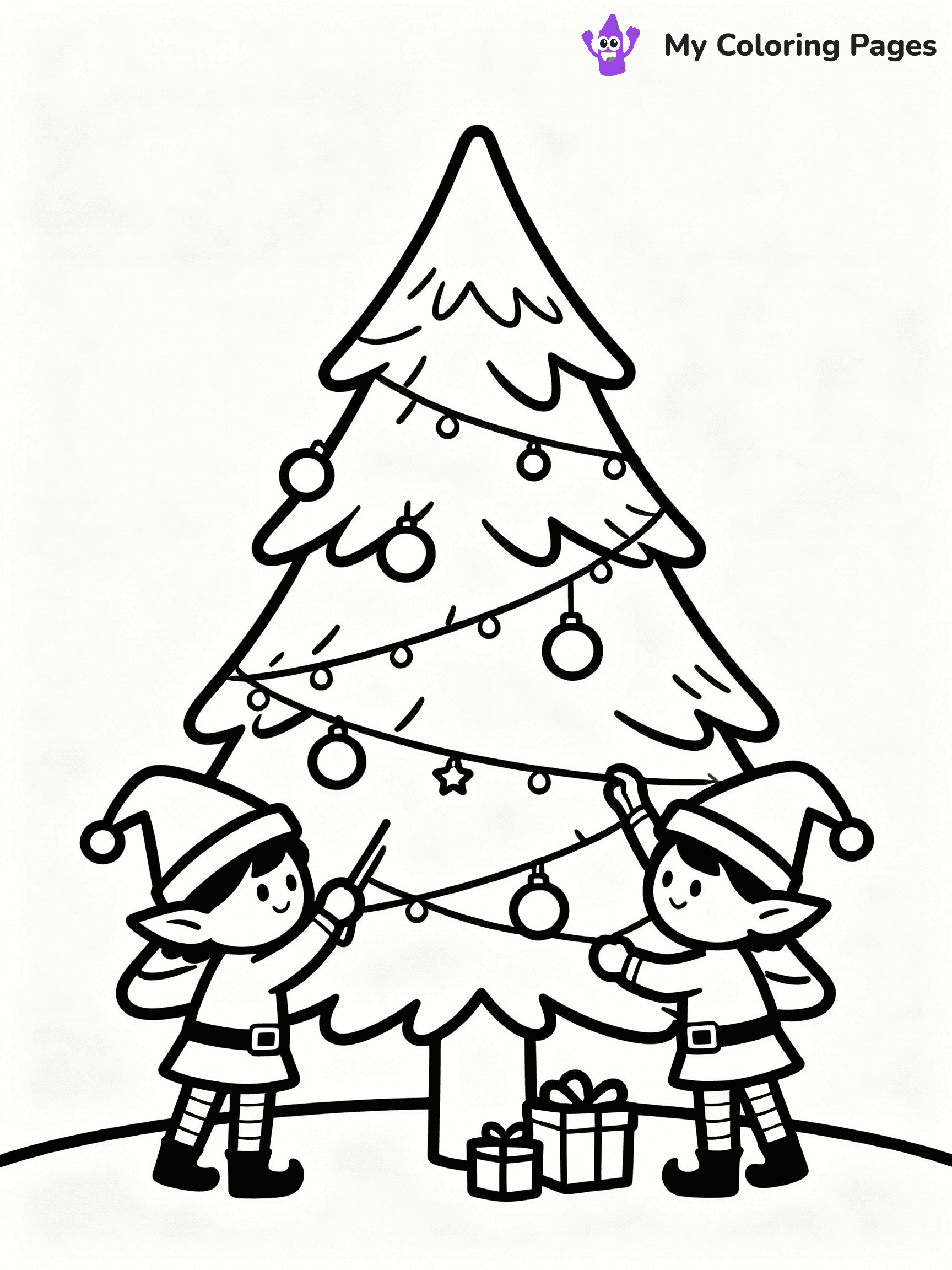 ⚠️ CRITICAL REQUIREMENT - ABSOLUTE BLACK AND WHITE ONLY ⚠️
This MUST be a BLACK AND WHITE line drawing ONLY. NO COLORS whatsoever.
- ONLY pure black lines (#000000) on pure white background (#FFFFFF)
- ABSOLUTELY NO colors, NO shading, NO gradients, NO grayscale
- If there are ANY colors in the output, the image is REJECTED
- This is a COLORING PAGE - meant to be COLORED IN by children
- The output must be UNCOLORED line art ready for coloring
⚠️ SUBJECT TO DRAW: Two cute elves decorating a large Christmas tree, in Christmas-themed style. PURE OUTLINES. NO FILLS, COLOR, SHADING, OR GREYSCALE. WHITE BACKGROUND.
(REMEMBER: Output must be BLACK AND WHITE line art only, NOT colored!)
# Flat, Friendly Cartoon Line-Art Coloring Page
You are generating a **pure black-and-white binary image** of a child-friendly cartoon scene combining characters and background scenery in one cohesive composition.
## Rendering Rules (Strict)
- Only two colors: pure black (#000000) outlines and pure white (#FFFFFF) background.
- No grayscale, shading, gradients, tints, fills, transparency, or partial pixels.
- No antialiasing or blended edges; every pixel is 100% black or white.
- No solid black fills inside shapes — all areas inside outlines must remain white.
- No dark clothing areas or filled tone blocks; all garments outlined only.
- No shadows, textures, lighting, or tonal variations.
- Must look like flat binary vector line-art for coloring pages.
## Drawing & Composition
- **Medium, consistent line weight**; clean closed outlines easy to color inside.
- **Flat, simple, child-friendly design** — no realism or 3D depth.
- Characters are **grounded on a surface**, centered and large.
- **Balanced composition** with clear silhouettes and minimal props.
## Scenery & Style
- Landmarks (e.g., mosque, CN Tower) and scenery (trees, benches, waves) drawn with **black outlines only.**
- For real-world figures, teams, or places, show accurate details using only black outlines—no text or logos. Use distinctive uniform patterns, abstract symbols, and landmark silhouettes to convey identity.
- Keep **consistent perspective**; no floating elements.
- **Style:** whimsical **Doodle Art Alley** — rounded, friendly outlines.
- May adapt shapes from **Crayola, Disney, Peppa Pig, Cocomelon** — *by shape only, never color.*
- Final output: **flat, crisp, binary (#000000/#FFFFFF)**, **no filled color or background text.**
EXTREMELYE IMPORTANT:
- PURE BINARY LINE-ART; NO FILLS (HAIR/CLOTHES/SKIN), SHADING, OR GREY.
- NO SHADING, COLOR. MUST BE WHITE BACKGROUND.
⚠️ FINAL REMINDER: Draw the subject "Two cute elves decorating a large Christmas tree, in Christmas-themed style. PURE OUTLINES. NO FILLS, COLOR, SHADING, OR GREYSCALE. WHITE BACKGROUND." as BLACK AND WHITE line art. Zero colors in output.