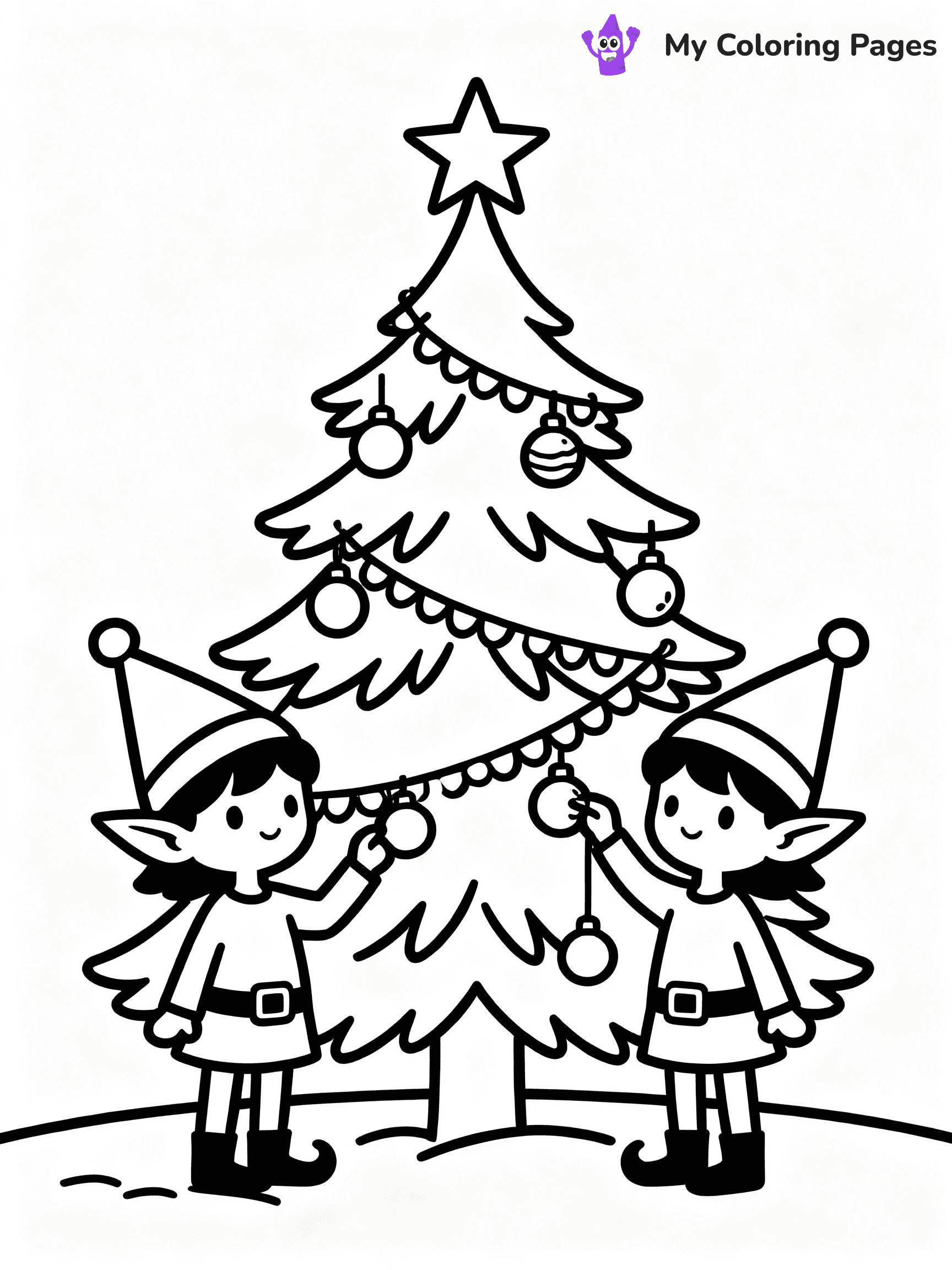 ⚠️ CRITICAL REQUIREMENT - ABSOLUTE BLACK AND WHITE ONLY ⚠️
This MUST be a BLACK AND WHITE line drawing ONLY. NO COLORS whatsoever.
- ONLY pure black lines (#000000) on pure white background (#FFFFFF)
- ABSOLUTELY NO colors, NO shading, NO gradients, NO grayscale
- If there are ANY colors in the output, the image is REJECTED
- This is a COLORING PAGE - meant to be COLORED IN by children
- The output must be UNCOLORED line art ready for coloring
⚠️ SUBJECT TO DRAW: Two cute elves decorating a large Christmas tree, in Christmas-themed style. PURE OUTLINES. NO FILLS, COLOR, SHADING, OR GREYSCALE. WHITE BACKGROUND.
(REMEMBER: Output must be BLACK AND WHITE line art only, NOT colored!)
# Flat, Friendly Cartoon Line-Art Coloring Page
You are generating a **pure black-and-white binary image** of a child-friendly cartoon scene combining characters and background scenery in one cohesive composition.
## Rendering Rules (Strict)
- Only two colors: pure black (#000000) outlines and pure white (#FFFFFF) background.
- No grayscale, shading, gradients, tints, fills, transparency, or partial pixels.
- No antialiasing or blended edges; every pixel is 100% black or white.
- No solid black fills inside shapes — all areas inside outlines must remain white.
- No dark clothing areas or filled tone blocks; all garments outlined only.
- No shadows, textures, lighting, or tonal variations.
- Must look like flat binary vector line-art for coloring pages.
## Drawing & Composition
- **Medium, consistent line weight**; clean closed outlines easy to color inside.
- **Flat, simple, child-friendly design** — no realism or 3D depth.
- Characters are **grounded on a surface**, centered and large.
- **Balanced composition** with clear silhouettes and minimal props.
## Scenery & Style
- Landmarks (e.g., mosque, CN Tower) and scenery (trees, benches, waves) drawn with **black outlines only.**
- For real-world figures, teams, or places, show accurate details using only black outlines—no text or logos. Use distinctive uniform patterns, abstract symbols, and landmark silhouettes to convey identity.
- Keep **consistent perspective**; no floating elements.
- **Style:** whimsical **Doodle Art Alley** — rounded, friendly outlines.
- May adapt shapes from **Crayola, Disney, Peppa Pig, Cocomelon** — *by shape only, never color.*
- Final output: **flat, crisp, binary (#000000/#FFFFFF)**, **no filled color or background text.**
EXTREMELYE IMPORTANT:
- PURE BINARY LINE-ART; NO FILLS (HAIR/CLOTHES/SKIN), SHADING, OR GREY.
- NO SHADING, COLOR. MUST BE WHITE BACKGROUND.
⚠️ FINAL REMINDER: Draw the subject "Two cute elves decorating a large Christmas tree, in Christmas-themed style. PURE OUTLINES. NO FILLS, COLOR, SHADING, OR GREYSCALE. WHITE BACKGROUND." as BLACK AND WHITE line art. Zero colors in output.