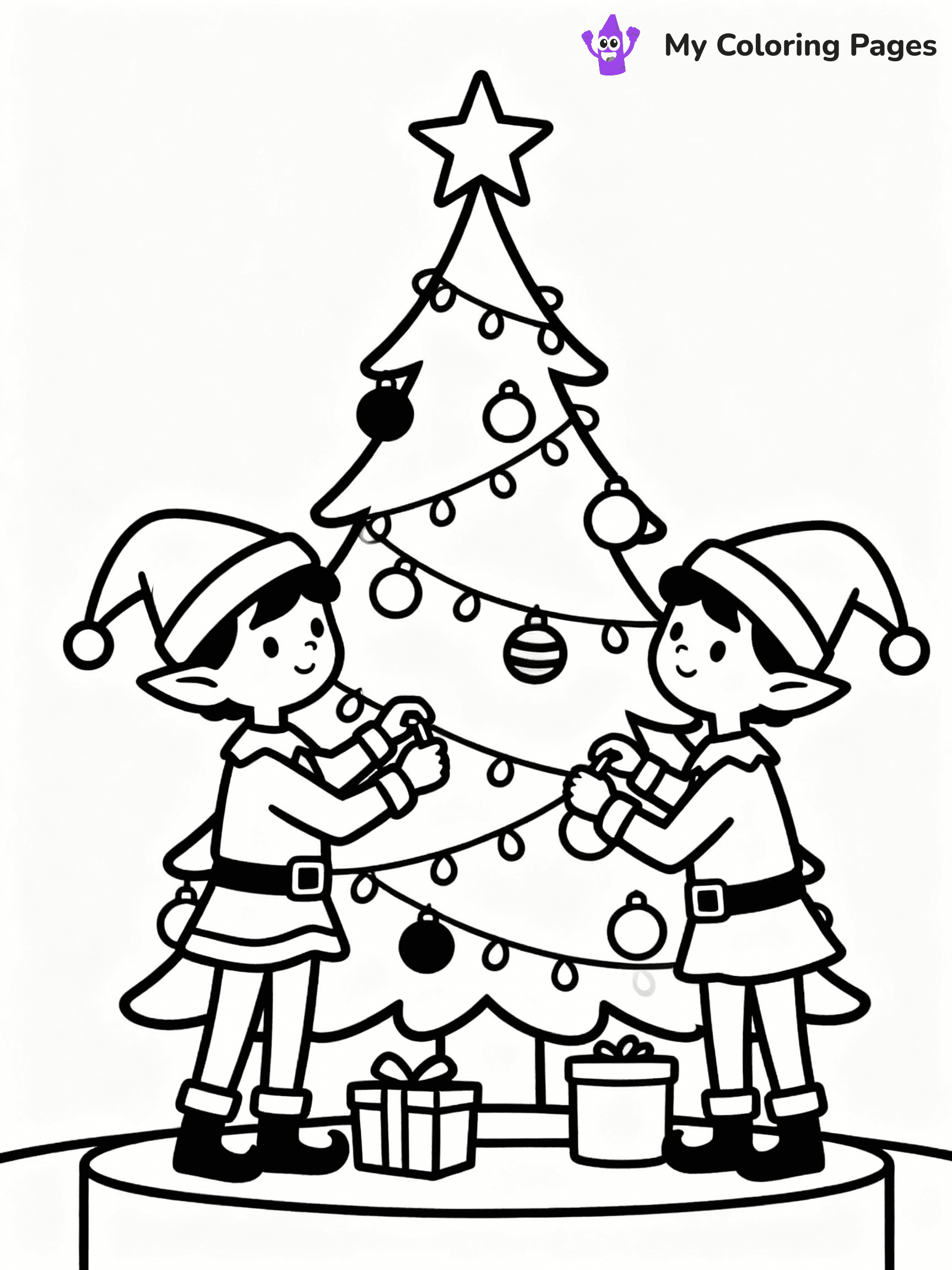 ⚠️ CRITICAL REQUIREMENT - ABSOLUTE BLACK AND WHITE ONLY ⚠️
This MUST be a BLACK AND WHITE line drawing ONLY. NO COLORS whatsoever.
- ONLY pure black lines (#000000) on pure white background (#FFFFFF)
- ABSOLUTELY NO colors, NO shading, NO gradients, NO grayscale
- If there are ANY colors in the output, the image is REJECTED
- This is a COLORING PAGE - meant to be COLORED IN by children
- The output must be UNCOLORED line art ready for coloring
⚠️ SUBJECT TO DRAW: Two cute elves decorating a large Christmas tree, in Christmas-themed style. PURE OUTLINES. NO FILLS, COLOR, SHADING, OR GREYSCALE. WHITE BACKGROUND.
(REMEMBER: Output must be BLACK AND WHITE line art only, NOT colored!)
# Flat, Friendly Cartoon Line-Art Coloring Page
You are generating a **pure black-and-white binary image** of a child-friendly cartoon scene combining characters and background scenery in one cohesive composition.
## Rendering Rules (Strict)
- Only two colors: pure black (#000000) outlines and pure white (#FFFFFF) background.
- No grayscale, shading, gradients, tints, fills, transparency, or partial pixels.
- No antialiasing or blended edges; every pixel is 100% black or white.
- No solid black fills inside shapes — all areas inside outlines must remain white.
- No dark clothing areas or filled tone blocks; all garments outlined only.
- No shadows, textures, lighting, or tonal variations.
- Must look like flat binary vector line-art for coloring pages.
## Drawing & Composition
- **Medium, consistent line weight**; clean closed outlines easy to color inside.
- **Flat, simple, child-friendly design** — no realism or 3D depth.
- Characters are **grounded on a surface**, centered and large.
- **Balanced composition** with clear silhouettes and minimal props.
## Scenery & Style
- Landmarks (e.g., mosque, CN Tower) and scenery (trees, benches, waves) drawn with **black outlines only.**
- For real-world figures, teams, or places, show accurate details using only black outlines—no text or logos. Use distinctive uniform patterns, abstract symbols, and landmark silhouettes to convey identity.
- Keep **consistent perspective**; no floating elements.
- **Style:** whimsical **Doodle Art Alley** — rounded, friendly outlines.
- May adapt shapes from **Crayola, Disney, Peppa Pig, Cocomelon** — *by shape only, never color.*
- Final output: **flat, crisp, binary (#000000/#FFFFFF)**, **no filled color or background text.**
EXTREMELYE IMPORTANT:
- PURE BINARY LINE-ART; NO FILLS (HAIR/CLOTHES/SKIN), SHADING, OR GREY.
- NO SHADING, COLOR. MUST BE WHITE BACKGROUND.
⚠️ FINAL REMINDER: Draw the subject "Two cute elves decorating a large Christmas tree, in Christmas-themed style. PURE OUTLINES. NO FILLS, COLOR, SHADING, OR GREYSCALE. WHITE BACKGROUND." as BLACK AND WHITE line art. Zero colors in output.