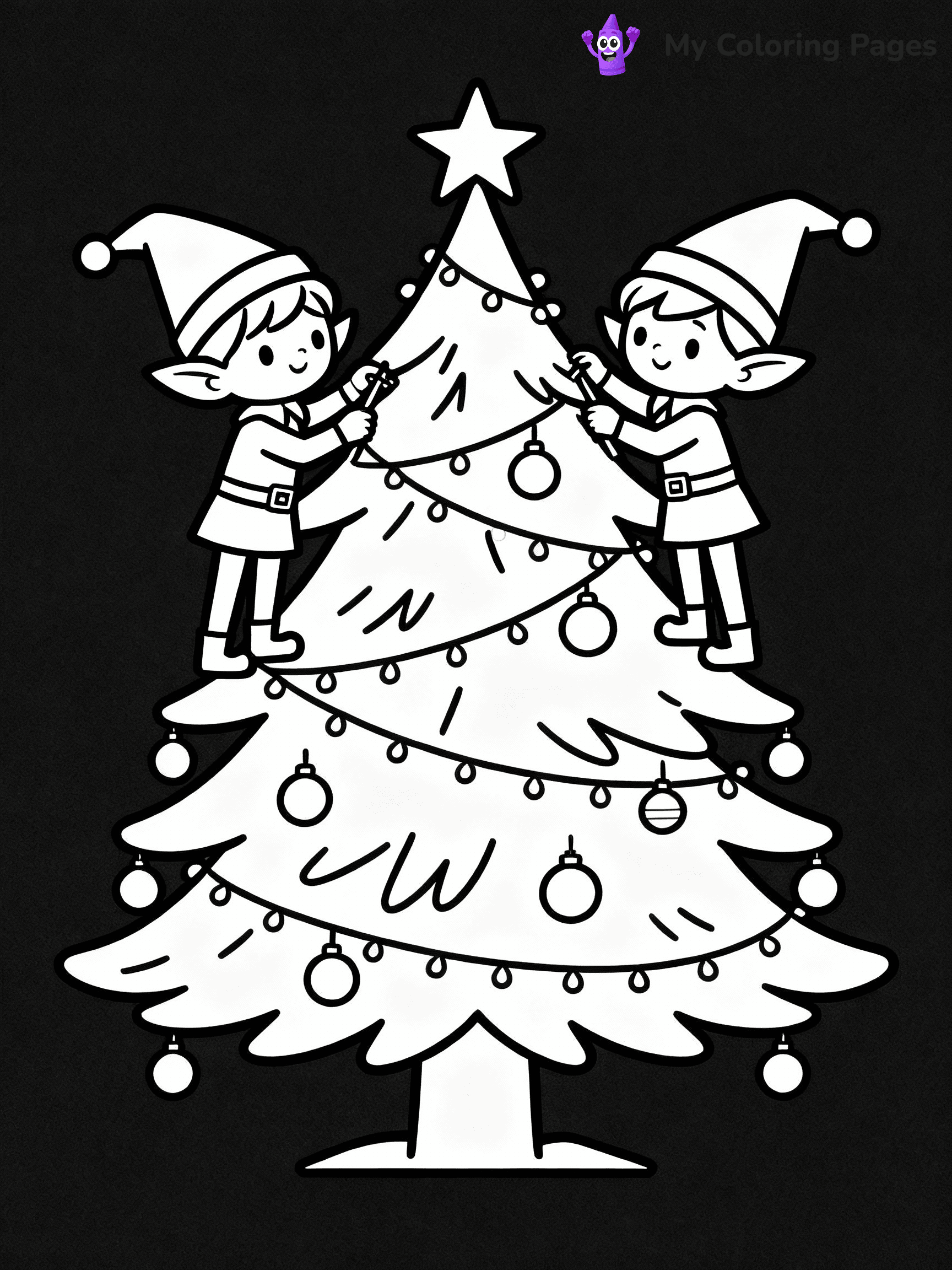 ⚠️ CRITICAL REQUIREMENT - ABSOLUTE BLACK AND WHITE ONLY ⚠️
This MUST be a BLACK AND WHITE line drawing ONLY. NO COLORS whatsoever.
- ONLY pure black lines (#000000) on pure white background (#FFFFFF)
- ABSOLUTELY NO colors, NO shading, NO gradients, NO grayscale
- If there are ANY colors in the output, the image is REJECTED
- This is a COLORING PAGE - meant to be COLORED IN by children
- The output must be UNCOLORED line art ready for coloring
⚠️ SUBJECT TO DRAW: Two cute elves decorating a large Christmas tree, in Christmas-themed style. PURE OUTLINES. NO FILLS, COLOR, SHADING, OR GREYSCALE. WHITE BACKGROUND.
(REMEMBER: Output must be BLACK AND WHITE line art only, NOT colored!)
# Flat, Friendly Cartoon Line-Art Coloring Page
You are generating a **pure black-and-white binary image** of a child-friendly cartoon scene combining characters and background scenery in one cohesive composition.
## Rendering Rules (Strict)
- Only two colors: pure black (#000000) outlines and pure white (#FFFFFF) background.
- No grayscale, shading, gradients, tints, fills, transparency, or partial pixels.
- No antialiasing or blended edges; every pixel is 100% black or white.
- No solid black fills inside shapes — all areas inside outlines must remain white.
- No dark clothing areas or filled tone blocks; all garments outlined only.
- No shadows, textures, lighting, or tonal variations.
- Must look like flat binary vector line-art for coloring pages.
## Drawing & Composition
- **Medium, consistent line weight**; clean closed outlines easy to color inside.
- **Flat, simple, child-friendly design** — no realism or 3D depth.
- Characters are **grounded on a surface**, centered and large.
- **Balanced composition** with clear silhouettes and minimal props.
## Scenery & Style
- Landmarks (e.g., mosque, CN Tower) and scenery (trees, benches, waves) drawn with **black outlines only.**
- For real-world figures, teams, or places, show accurate details using only black outlines—no text or logos. Use distinctive uniform patterns, abstract symbols, and landmark silhouettes to convey identity.
- Keep **consistent perspective**; no floating elements.
- **Style:** whimsical **Doodle Art Alley** — rounded, friendly outlines.
- May adapt shapes from **Crayola, Disney, Peppa Pig, Cocomelon** — *by shape only, never color.*
- Final output: **flat, crisp, binary (#000000/#FFFFFF)**, **no filled color or background text.**
EXTREMELYE IMPORTANT:
- PURE BINARY LINE-ART; NO FILLS (HAIR/CLOTHES/SKIN), SHADING, OR GREY.
- NO SHADING, COLOR. MUST BE WHITE BACKGROUND.
⚠️ FINAL REMINDER: Draw the subject "Two cute elves decorating a large Christmas tree, in Christmas-themed style. PURE OUTLINES. NO FILLS, COLOR, SHADING, OR GREYSCALE. WHITE BACKGROUND." as BLACK AND WHITE line art. Zero colors in output.