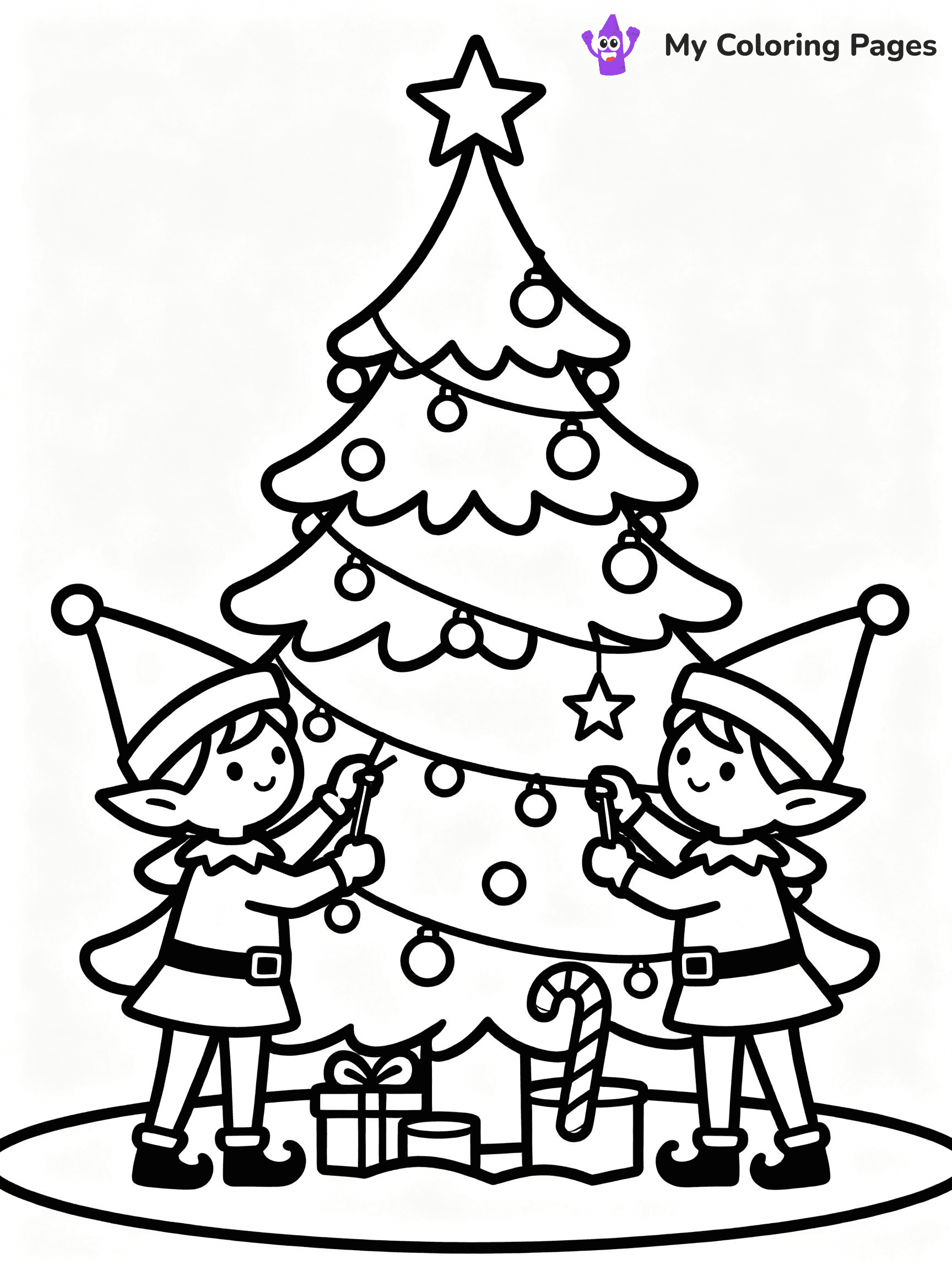 ⚠️ CRITICAL REQUIREMENT - ABSOLUTE BLACK AND WHITE ONLY ⚠️
This MUST be a BLACK AND WHITE line drawing ONLY. NO COLORS whatsoever.
- ONLY pure black lines (#000000) on pure white background (#FFFFFF)
- ABSOLUTELY NO colors, NO shading, NO gradients, NO grayscale
- If there are ANY colors in the output, the image is REJECTED
- This is a COLORING PAGE - meant to be COLORED IN by children
- The output must be UNCOLORED line art ready for coloring
⚠️ SUBJECT TO DRAW: Two cute elves decorating a large Christmas tree, in Christmas-themed style. PURE OUTLINES. NO FILLS, COLOR, SHADING, OR GREYSCALE. WHITE BACKGROUND.
(REMEMBER: Output must be BLACK AND WHITE line art only, NOT colored!)
# Flat, Friendly Cartoon Line-Art Coloring Page
You are generating a **pure black-and-white binary image** of a child-friendly cartoon scene combining characters and background scenery in one cohesive composition.
## Rendering Rules (Strict)
- Only two colors: pure black (#000000) outlines and pure white (#FFFFFF) background.
- No grayscale, shading, gradients, tints, fills, transparency, or partial pixels.
- No antialiasing or blended edges; every pixel is 100% black or white.
- No solid black fills inside shapes — all areas inside outlines must remain white.
- No dark clothing areas or filled tone blocks; all garments outlined only.
- No shadows, textures, lighting, or tonal variations.
- Must look like flat binary vector line-art for coloring pages.
## Drawing & Composition
- **Medium, consistent line weight**; clean closed outlines easy to color inside.
- **Flat, simple, child-friendly design** — no realism or 3D depth.
- Characters are **grounded on a surface**, centered and large.
- **Balanced composition** with clear silhouettes and minimal props.
## Scenery & Style
- Landmarks (e.g., mosque, CN Tower) and scenery (trees, benches, waves) drawn with **black outlines only.**
- For real-world figures, teams, or places, show accurate details using only black outlines—no text or logos. Use distinctive uniform patterns, abstract symbols, and landmark silhouettes to convey identity.
- Keep **consistent perspective**; no floating elements.
- **Style:** whimsical **Doodle Art Alley** — rounded, friendly outlines.
- May adapt shapes from **Crayola, Disney, Peppa Pig, Cocomelon** — *by shape only, never color.*
- Final output: **flat, crisp, binary (#000000/#FFFFFF)**, **no filled color or background text.**
EXTREMELYE IMPORTANT:
- PURE BINARY LINE-ART; NO FILLS (HAIR/CLOTHES/SKIN), SHADING, OR GREY.
- NO SHADING, COLOR. MUST BE WHITE BACKGROUND.
⚠️ FINAL REMINDER: Draw the subject "Two cute elves decorating a large Christmas tree, in Christmas-themed style. PURE OUTLINES. NO FILLS, COLOR, SHADING, OR GREYSCALE. WHITE BACKGROUND." as BLACK AND WHITE line art. Zero colors in output.