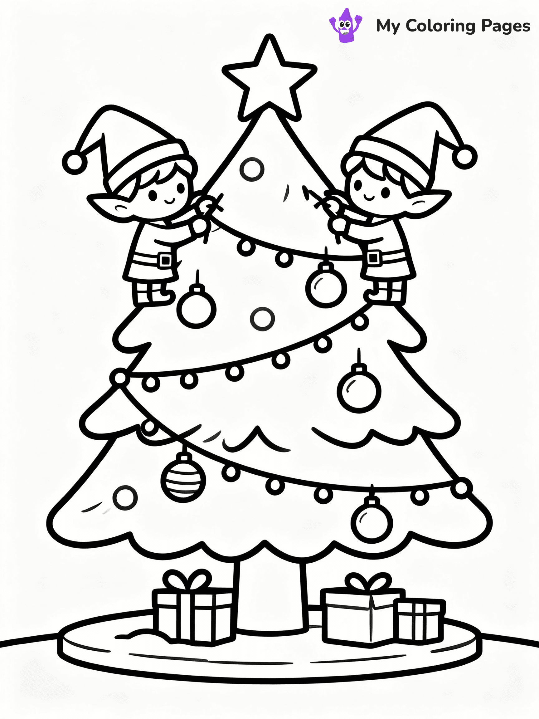 ⚠️ CRITICAL REQUIREMENT - ABSOLUTE BLACK AND WHITE ONLY ⚠️
This MUST be a BLACK AND WHITE line drawing ONLY. NO COLORS whatsoever.
- ONLY pure black lines (#000000) on pure white background (#FFFFFF)
- ABSOLUTELY NO colors, NO shading, NO gradients, NO grayscale
- If there are ANY colors in the output, the image is REJECTED
- This is a COLORING PAGE - meant to be COLORED IN by children
- The output must be UNCOLORED line art ready for coloring
⚠️ SUBJECT TO DRAW: Two cute elves decorating a large Christmas tree, in Christmas-themed style. PURE OUTLINES. NO FILLS, COLOR, SHADING, OR GREYSCALE. WHITE BACKGROUND.
(REMEMBER: Output must be BLACK AND WHITE line art only, NOT colored!)
# Flat, Friendly Cartoon Line-Art Coloring Page
You are generating a **pure black-and-white binary image** of a child-friendly cartoon scene combining characters and background scenery in one cohesive composition.
## Rendering Rules (Strict)
- Only two colors: pure black (#000000) outlines and pure white (#FFFFFF) background.
- No grayscale, shading, gradients, tints, fills, transparency, or partial pixels.
- No antialiasing or blended edges; every pixel is 100% black or white.
- No solid black fills inside shapes — all areas inside outlines must remain white.
- No dark clothing areas or filled tone blocks; all garments outlined only.
- No shadows, textures, lighting, or tonal variations.
- Must look like flat binary vector line-art for coloring pages.
## Drawing & Composition
- **Medium, consistent line weight**; clean closed outlines easy to color inside.
- **Flat, simple, child-friendly design** — no realism or 3D depth.
- Characters are **grounded on a surface**, centered and large.
- **Balanced composition** with clear silhouettes and minimal props.
## Scenery & Style
- Landmarks (e.g., mosque, CN Tower) and scenery (trees, benches, waves) drawn with **black outlines only.**
- For real-world figures, teams, or places, show accurate details using only black outlines—no text or logos. Use distinctive uniform patterns, abstract symbols, and landmark silhouettes to convey identity.
- Keep **consistent perspective**; no floating elements.
- **Style:** whimsical **Doodle Art Alley** — rounded, friendly outlines.
- May adapt shapes from **Crayola, Disney, Peppa Pig, Cocomelon** — *by shape only, never color.*
- Final output: **flat, crisp, binary (#000000/#FFFFFF)**, **no filled color or background text.**
EXTREMELYE IMPORTANT:
- PURE BINARY LINE-ART; NO FILLS (HAIR/CLOTHES/SKIN), SHADING, OR GREY.
- NO SHADING, COLOR. MUST BE WHITE BACKGROUND.
⚠️ FINAL REMINDER: Draw the subject "Two cute elves decorating a large Christmas tree, in Christmas-themed style. PURE OUTLINES. NO FILLS, COLOR, SHADING, OR GREYSCALE. WHITE BACKGROUND." as BLACK AND WHITE line art. Zero colors in output.